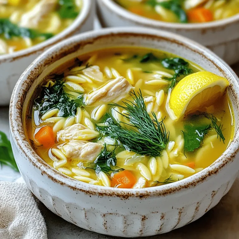 - 1 lb boneless, skinless chicken breast - 6 cups chicken broth - 1 cup orzo pasta - 3 large eggs - 1/4 cup freshly squeezed lemon juice - Zest of 1 medium lemon - 1 cup baby spinach - 1 medium onion - 2 cloves garlic - 2 tablespoons extra virgin olive oil - Salt and black pepper The main ingredients for Greek Lemon Chicken Soup Avgolemono start with chicken. I use 1 pound of boneless, skinless chicken breast. It gives a nice flavor and texture. Next, I add 6 cups of chicken broth. This broth forms the soup's heart. It adds richness and warmth to the dish. Next, I stir in 1 cup of orzo pasta. Orzo gives a lovely bite and makes the soup filling. For flavor, I whisk together 3 large eggs, 1/4 cup of freshly squeezed lemon juice, and zest from 1 medium lemon. This mix creates that famous Avgolemono sauce. It adds a creamy, tangy twist to the soup. Then, I add vegetables. I toss in 1 cup of baby spinach for color and nutrition. I also use 1 medium onion and 2 cloves of garlic. These aromatics build a strong flavor base. Finally, I drizzle in 2 tablespoons of extra virgin olive oil. This step enhances the soup's richness. I season with salt and black pepper to taste. Each element works together to create a comforting bowl of soup that warms the soul. Start by heating the olive oil in a large pot over medium heat. Once the oil is hot, add the diced onion. Sauté the onion for about five minutes, until it turns clear and a bit golden. Then, stir in the minced garlic and cook for one more minute. This step adds great flavor to the soup. Next, it’s time to add the chicken. Toss in the diced chicken breast and season it with salt and black pepper. Cook the chicken for about five to seven minutes. Stir it occasionally until it is fully cooked and no longer pink. This ensures your soup has tender chicken pieces. Now, it's time to pour in the chicken broth. Bring the mixture to a gentle simmer. Once it’s bubbling lightly, add the orzo pasta. Stir the pasta into the broth and cook for about eight to ten minutes. You want the orzo to be tender but still firm to the bite, or al dente. This texture adds a nice bite to your soup. While the soup simmers, prepare the Avgolemono mixture. In a separate bowl, whisk together the eggs, lemon juice, and lemon zest. Keep whisking until the mixture is smooth and well combined. This mix adds a creamy and tangy flavor to the soup. To temper the egg mixture, slowly add a ladleful of hot soup into the bowl while whisking. This step is key to avoid cooking the eggs too fast. If you skip this, the eggs might curdle in the soup. Once well mixed, gradually pour this tempered egg mixture back into the pot. Stir gently to combine everything. Now, add the baby spinach to the soup. Let it wilt in the hot soup for about one to two minutes. This adds a fresh color and a healthy touch. After the spinach is wilted, taste the soup. Adjust the seasoning with more salt and pepper if needed. Remove the pot from heat when everything is heated through. Your Greek Lemon Chicken Soup Avgolemono is now ready to serve! To keep spinach fresh and tasty, add it at the end. This way, it wilts just right. The heat from the soup cooks the spinach without losing its bright green color. Use baby spinach for a tender bite. Remember to rinse it well before adding to the pot. This removes dirt and helps keep nutrients intact. To prevent curdling, temper the eggs. Start by whisking the eggs, lemon juice, and zest in a bowl. Then, slowly add a ladle of hot soup to this mix. Whisk constantly as you pour. This step warms the eggs gradually. After that, pour the egg mixture back into the soup slowly while stirring. This keeps your soup creamy and smooth. For a richer flavor, add fresh herbs like dill or parsley. You can sprinkle them on top just before serving. A pinch of black pepper boosts the taste too. Don’t forget to taste your soup before serving. Adjust salt and pepper as needed. You can also try a dash of paprika for a little warmth. {{image_4}} You can easily make a vegetarian version of Avgolemono. Simply swap the chicken for hearty vegetables or tofu. Try using zucchini, carrots, or bell peppers. These veggies add great flavor and texture. Tofu can also be a great protein source. Ensure you season the tofu well. Cook it until golden for a nice crunch. This way, you keep the essence of the dish while making it plant-based. Another fun twist is to use different grains. Instead of orzo, consider rice or quinoa. Both options cook well in the soup and absorb the flavors nicely. Rice gives a classic feel, while quinoa adds a nutty taste and boosts protein. Choose what you like best or have on hand. This change keeps the dish exciting and nutritious. Greek regions have their own takes on Avgolemono. In some areas, cooks add lentils or chickpeas for extra depth. Others may use local herbs like oregano or mint. Each region has unique flavors that change the soup's character. Explore these variations for a taste of Greece from different parts. You might find a new favorite way to enjoy this comforting dish! To store leftovers safely, let the soup cool down first. Transfer it to an airtight container. Place it in the fridge. Avgolemono will stay fresh for three to four days. Make sure you label the container with the date. This helps you keep track of how long it has been there. If you want to freeze Avgolemono, do it before adding the eggs. The egg mixture can separate when thawed. Pour the cooled soup into freezer-safe containers. Leave some space at the top for expansion. It can last up to three months in the freezer. When you’re ready to enjoy it, just thaw it overnight in the fridge. To reheat the soup, do it slowly on the stove over low heat. This helps keep the texture smooth. Stir often to prevent sticking. If it seems too thick, add a splash of chicken broth or water. Heat until warm but not boiling. Boiling can cause the eggs to curdle. Enjoy your comforting bowl of Avgolemono! Avgolemono is a Greek soup made with chicken, lemon, and eggs. The word itself comes from "avgo" meaning egg and "lemono" meaning lemon. This dish holds a special place in Greek culture. It often brings comfort during family gatherings. The bright lemon flavor adds a refreshing twist. The creamy texture makes it a favorite for many. Yes, you can make Avgolemono ahead of time. Prepare the soup base without adding the eggs. This keeps the texture smooth. Store the soup in the fridge for up to three days. When ready to serve, reheat the soup gently. Then, whisk in the egg and lemon mix just before serving. This keeps the soup fresh and creamy. To make your soup creamy, use a few key techniques. First, temper the egg mixture by slowly adding hot soup to it. This step prevents the eggs from curdling. Whisk the eggs and lemon juice until smooth. Gradually mix them into the soup while stirring. This creates a velvety texture that is signature to Avgolemono. Yes, store-bought broth is a great option if you're short on time. It can save you effort and still taste good. However, homemade broth has richer flavor and depth. If you choose store-bought, look for low-sodium options. This lets you control the saltiness of your soup. Always taste and adjust seasonings to suit your preference. In this article, we covered how to make a delicious Avgolemono soup. We discussed the key ingredients like chicken, broth, and orzo. I shared step-by-step instructions, tips for better flavor, and variations for different diets. Remember, the right techniques can make your soup creamy and full of taste. Enjoy your cooking and make this soup your own! You can experiment with flavors and ingredients. Enjoy your culinary journey with Avgolemono!