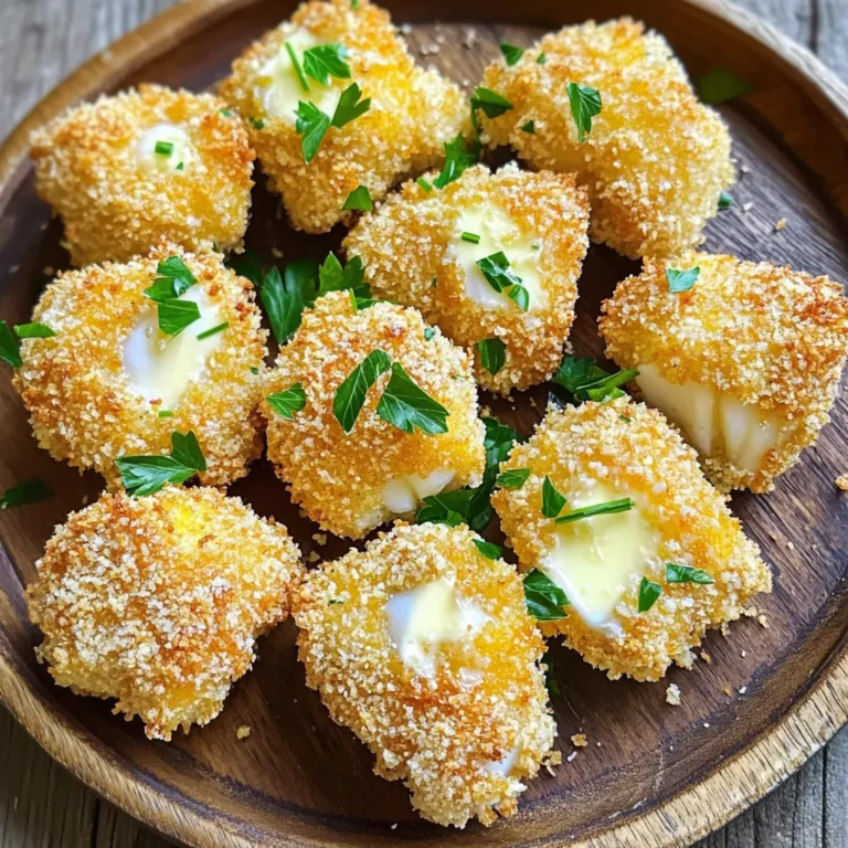 - 1 lb cod fillets, cut into bite-sized pieces - 4 tablespoons unsalted butter, melted - 1 tablespoon fresh parsley, finely chopped (plus extra for garnish) - 4 cloves garlic, finely minced - 1 teaspoon fresh lemon juice - 1/2 teaspoon smoked paprika - 1/2 cup Panko breadcrumbs (for an extra crunchy texture) - Salt and freshly ground black pepper to taste - Fresh parsley - Additional seasoning options In this recipe, I focus on using fresh, simple ingredients. Cod fillets form the base, bringing a mild fish flavor that pairs well with garlic and butter. The unsalted butter adds richness, while fresh parsley brightens the dish. For flavor, I use minced garlic, lemon juice, and smoked paprika. Each ingredient plays its part to create a well-rounded taste. Panko breadcrumbs provide that crunchy coating we all love. The salt and pepper finish the mix, enhancing all the other flavors. You can get creative with garnishes too. Fresh parsley adds a pop of color and freshness. You might want to sprinkle on some extra spices if you like a little heat or zing. This recipe is all about making it your own! To start, grab a mixing bowl. Combine the melted unsalted butter, minced garlic, and chopped parsley. Add fresh lemon juice, smoked paprika, salt, and black pepper. Whisk these ingredients until they blend well. This mixture adds rich flavor to your cod bites. Next, gently add the cod pieces to the bowl. Make sure each piece gets coated in the garlic butter mix. Let the cod marinate for about 15 minutes. This step is key; it lets the flavors seep in. While your cod marinates, preheat your air fryer. Set it to 400°F (200°C) and let it heat for about 5 minutes. This ensures that your cod bites cook evenly. Once the air fryer is ready, take the marinated cod pieces. Roll each piece in Panko breadcrumbs until fully coated. This will give them a crunchy texture. Now, it’s time to cook! Place the breadcrumb-coated cod bites in a single layer in the air fryer basket. To help them crisp up, lightly spray the tops with cooking spray. Cook the cod bites at 400°F (200°C) for 8-10 minutes. Flip them halfway through to achieve even browning. They should turn a lovely golden brown and become crispy. Once done, carefully transfer them to a serving platter. For a fresh touch, sprinkle additional chopped parsley on top before serving. Enjoy your delicious Air Fryer Garlic Butter Cod Bites! Marinating the cod is key to great flavor. It allows the fish to soak up the garlic and herbs. I suggest marinating for at least 15 minutes. You can go longer if you want a stronger taste. To avoid overcooking, keep an eye on the time while air frying. Cod cooks fast. Aim for 8 to 10 minutes at 400°F (200°C). Flip halfway for even cooking. If your cod bites are golden brown, they are ready! You can add more flavor with a few extra spices. Try adding a pinch of cayenne for heat. A dash of Italian seasoning can also work well. If you need substitutions, use olive oil if you lack butter. You can swap fresh parsley for cilantro or dill. This keeps the dish fresh and exciting! Cleaning your air fryer is easy but important. After each use, let it cool. Then, wipe down the basket and the inside with a damp cloth. Use warm, soapy water for tough spots. To ensure even cooking, avoid overcrowding the basket. If you have many cod bites, cook in batches. This allows hot air to circulate freely, giving you that perfect crispiness. {{image_4}} You can substitute cod with other fish, like tilapia or haddock. These fish work well with the garlic butter flavors. If you're looking for a non-fish option, try shrimp or even chicken bites. They can soak up the same tasty marinade. For a vegetarian twist, consider using firm tofu or tempeh. Cut them into bite-sized pieces and marinate them just like the cod. This will give you a great flavor while keeping it meat-free. Mix up the herbs and spices to suit your taste. You can use dill, thyme, or even oregano. Each will give your cod bites a unique twist. If you're a fan of heat, try adding a pinch of cayenne pepper or red pepper flakes. You can also incorporate cheese into your recipe. Try mixing in some grated Parmesan with the Panko breadcrumbs. This will add a rich, cheesy flavor to your bites. For a different texture, use crushed cornflakes or tortilla chips instead of Panko. Serve your cod bites with a fresh salad or steamed veggies. They pair well with a side of rice or quinoa for a complete meal. You can also try them with crispy fries for a fun twist. For dips, consider a zesty lemon aioli or a creamy garlic sauce. These will enhance the flavors and give you a delightful bite. You can even make a spicy sriracha mayo for those who love a kick! To store your cod bites, let them cool first. Place them in an airtight container. In the fridge, they will stay good for up to three days. If you want to keep them longer, freezing is a great option. Wrap each cod bite in plastic wrap, then place them in a freezer bag. They can last for up to three months in the freezer. To reheat cod bites, the air fryer is your best friend. Set it to 350°F (175°C) and cook for about 5 minutes. This keeps them crispy and warm. You can also use an oven. Preheat it to 350°F (175°C) and bake for 10 minutes. A microwave is not recommended as it can make them soggy. In the fridge, your prepared cod bites last three days. Look for signs of spoilage. If they smell off or have a slimy texture, it’s best to toss them. Always trust your senses; if it seems bad, it probably is. You can marinate cod for about 15 to 30 minutes. This time allows the fish to soak up the garlic butter flavors. If you let it sit too long, the fish may become mushy. Keep it short for the best texture and taste. Yes, you can prepare the cod bites ahead. Marinate the cod and coat it in breadcrumbs. Place them in the fridge for a few hours or overnight. When ready, air fry them for a quick meal. This saves you time and still delivers a fresh taste. To get a crispy texture, use Panko breadcrumbs. They add crunch and lightness. Also, lightly spray the cod bites with cooking spray before air frying. Flipping them halfway through cooking helps them brown evenly. You can use frozen cod, but it's best to thaw it first. This helps the cod cook evenly. If you use it frozen, increase cooking time by a few minutes. Cook until the bites are golden brown and fully cooked through. Air Fryer Garlic Butter Cod Bites blend great taste and simple steps. We explored key ingredients, shared cooking tips, and discussed smart storage. Each bite delivers flavor and crispness. These cod bites are easy to make and offer room for creativity. Try different proteins or flavors to keep things fresh. Enjoy your crispy treats and share them with family or friends!
