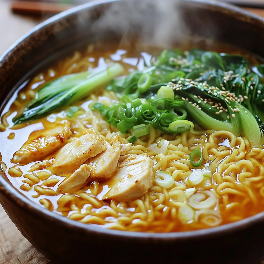 - 2 packs instant ramen noodles - 2 chicken breasts, thinly sliced - 3 cloves garlic, minced - 1 tablespoon fresh ginger, grated - 2 tablespoons soy sauce - 1 tablespoon chili paste or Sriracha (adjust to your heat preference) - 3 cups chicken broth - 1 cup bok choy, chopped - 1 green onion, sliced (for garnish) - 1 teaspoon sesame seeds (for garnish) The main ingredients form the base of the dish. Instant ramen noodles are quick and easy. They soak up flavors well and cook fast. Chicken breasts provide protein and a rich taste. Garlic and ginger add depth to the broth. For pantry staples, soy sauce gives a salty umami kick. Chili paste or Sriracha brings heat, so adjust it to your liking. Chicken broth is vital, adding warmth and richness to the soup. Fresh add-ons make the dish vibrant. Bok choy adds a crunchy texture. Green onions bring a fresh taste and a pop of color. Sesame seeds finish the dish with a nutty crunch. Gathering these ingredients sets the stage for a quick and tasty meal. Enjoy the mix of flavors and textures in this delightful ramen! 1. Start by boiling water in a medium pot. 2. Once the water is boiling, add the instant ramen noodles. 3. Cook the noodles for about 3-4 minutes. 4. Drain the noodles and set them aside. 1. Heat sesame oil in a large skillet over medium heat. 2. Add the thinly sliced chicken breasts in a single layer. 3. Season the chicken lightly with salt. 4. Sauté the chicken for about 5-6 minutes, until golden and cooked through. 1. Once the chicken is ready, add minced garlic and grated ginger. 2. Cook for 1-2 minutes, stirring often. 3. This will make the garlic and ginger fragrant. 4. Pour in the chicken broth and turn the heat up slightly. 5. Stir in soy sauce and chili paste or Sriracha. 1. Bring the broth to a gentle simmer. 2. Add the chopped bok choy to the skillet. 3. Allow it to simmer for 2-3 minutes, just until tender. 1. Carefully mix in the drained ramen noodles. 2. Toss everything gently to coat the noodles with broth. 3. Divide the spicy garlic chicken ramen into bowls. 4. Garnish with sliced green onions and sesame seeds. - Adjusting spice levels: Start with a small amount of chili paste or Sriracha. Taste as you go. This lets you find the right heat for your dish. If you want it spicier, add more. If it’s too hot, add more broth to balance it. - Seasoning tips: Use salt and pepper to enhance the flavors of the chicken. After adding the garlic and ginger, taste again. You may need a dash more soy sauce for a deeper flavor. - Sautéing vs. boiling chicken: Sautéing gives a nice golden color and adds flavor. Boiling can make chicken bland. For the best taste, stick with sautéing. Cook until the chicken is golden brown. This will make the dish more yummy. - Best practices for garlic and ginger: Always mince the garlic and grate the ginger fresh. This keeps their strong flavors. Add them to the pan only after the chicken is cooked. This way, they won't burn. Garlic can turn bitter if overcooked. - Garnishing for visual appeal: Use sliced green onions and a sprinkle of sesame seeds on top. This adds color and crunch. A slice of lime on the side brightens the dish. It makes it look fresh and inviting. - Serving suggestions: Serve the ramen in deep bowls. This keeps the broth warm and makes it easier to eat. You can also pair it with a simple salad for a balanced meal. {{image_4}} You can change the protein in this dish easily. Shrimp adds a sweet and tender bite. Simply swap the chicken for shrimp. Cook them until they turn pink, about 3-4 minutes. For a vegetarian version, use tofu. Just cube the tofu and sauté it until golden. Both options taste great and keep the dish exciting. If you want a richer taste, try making homemade broth. Simmer bones, vegetables, and herbs for hours. This makes a deep flavor that store-bought broth can't match. You can also play with sauces. Instead of soy sauce, use teriyaki or hoisin sauce. Each sauce will change the taste profile, giving you new flavors to explore. Adding more veggies boosts the nutrition of your ramen. Try carrots, spinach, or mushrooms. They add color and taste. You can also toss in a boiled egg for extra protein. Just hard-boil the egg, slice it in half, and place it on top. Nuts like cashews or peanuts can add crunch and healthy fats. Experiment with different add-ins to make your ramen unique. To store leftovers, let the ramen cool down first. Place it in an airtight container. This helps keep the flavors fresh. Use containers made of glass or BPA-free plastic. These are safe and easy to clean. Can you freeze ramen? Yes, but it is best to freeze the broth and noodles separately. This keeps the noodles from getting mushy. For frozen ramen, use freezer-safe bags or containers. When ready to eat, thaw it overnight in the fridge. Reheat the broth on the stove and add the noodles. This method helps keep them firm. How long will it last in the fridge? Your spicy garlic chicken ramen will stay good for about 3 to 4 days. Always check for any signs that it has gone bad. If you see mold or smell something sour, it’s time to toss it. Trust your senses; they will guide you! Making Minute Spicy Garlic Chicken Ramen takes about 25 minutes. - Prep time: 10 minutes - Cook time: 15 minutes You can prepare the noodles while cooking the chicken. This saves time. Yes, you can make this ramen ahead of time. - Store the soup and noodles separately. - Keep them in airtight containers. Reheat the soup on the stove. Add noodles just before serving. This keeps them from getting soggy. You can use vegetable broth for a lighter taste. - Other options include miso soup, beef broth, or homemade stock. Each choice adds a unique flavor. Experiment to find your favorite! Yes, this recipe is very flexible. - Swap chicken for shrimp, tofu, or veggies. - Adjust the spice level by adding more or less chili paste. Feel free to add more vegetables like carrots or mushrooms. Customize it to fit your tastes! This blog post showed you how to make delicious Minute Spicy Garlic Chicken Ramen. You learned the key ingredients and easy steps to prepare it. We explored tips to enhance flavor and ways to present your dish. Variations like different proteins and broth options give you freedom to be creative. Finally, we covered storage tips for leftovers. Now, you can impress yourself and others with this tasty meal. Remember, cooking is fun, so enjoy the process!