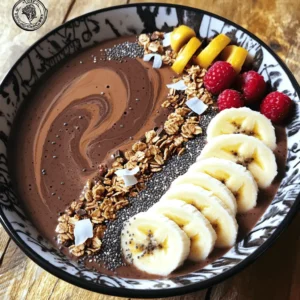 - Ripe Bananas: Use 2 ripe bananas for a creamy base. Frozen bananas work best. - Cocoa Powder: One tablespoon adds rich chocolate flavor. Choose unsweetened for health. - Almond Milk: One cup is perfect for blending. You can also use any milk you like. - Optional Sweeteners: Honey or maple syrup can boost sweetness. Use if you prefer it sweeter. - Optional Greek Yogurt: A quarter cup makes the bowl extra creamy. It adds protein too. - Sliced Bananas: Add more banana slices for sweetness and texture. - Granola: Sprinkle for crunch and a bit of sweetness. - Chia Seeds: These tiny seeds add nutrition and a nice crunch. - Cocoa Nibs: Use these for a bit of dark chocolate flavor. They are crunchy too. - Fresh Berries: Strawberries, blueberries, or raspberries add color and freshness. - Shredded Coconut: This adds a tropical flavor and chewy texture. This mix of ingredients makes the Chocolate Banana Smoothie Bowl both delicious and nutritious! - Beginning with the Frozen Bananas Start with two ripe bananas. Peel them and slice them into chunks. If you prefer a creamier texture, freeze them before use. Frozen bananas add a nice chill and thickness to your smoothie bowl. - Adding Ingredients to Blender Place the frozen banana chunks into your blender. Next, add one tablespoon of unsweetened cocoa powder. Pour in one cup of almond milk. If you want some sweetness, add one tablespoon of honey or maple syrup. For extra creaminess, add ¼ cup of Greek yogurt. - Blending to Smooth Consistency Blend all the ingredients on high speed. Keep blending until the mixture is smooth and creamy. If it looks too thick, add a splash more almond milk. Blend a little more until you like the consistency. - Pouring into a Bowl Once blended, take your smooth mixture and pour it into a bowl. It should look thick and inviting. - Arranging Toppings Artistically Now comes the fun part—toppings! You can add sliced bananas, granola, chia seeds, cocoa nibs, shredded coconut, and fresh berries. Arrange them in sections or rows for a pretty look. - Optional Drizzle of Sweetener If you want a touch more sweetness, drizzle some honey or maple syrup on top. Enjoy your delicious creation right away for the best taste! To get a smooth and creamy bowl, frozen bananas work best. They add a nice thickness. If your smoothie is too thick, just add a splash of almond milk. Blend again until it feels right. You want it to be thick but not ice cream! For bananas, choose ripe ones. They should have lots of brown spots. These spots mean they are sweet and soft. If you use frozen bananas, you skip the ice. This way, your smoothie stays creamy. Make your smoothie bowl a feast for the eyes. Arrange toppings in neat rows or circles. This adds fun and style. Use sliced bananas, granola, and berries for color and texture. A bright bowl can make your dish pop. Choose a bowl that contrasts with your toppings. A colorful bowl makes everything look more appetizing. Enjoy your beautiful creation before it melts! {{image_4}} You can mix up your chocolate banana smoothie bowl with fun flavors. - Nut Butter Additions: Adding nut butter like peanut or almond can boost taste. Just a spoonful brings creaminess and protein. Blend it in with the other ingredients for a rich twist. - Dairy-Free Options: If you prefer dairy-free, skip the Greek yogurt. Use coconut yogurt instead for a creamy texture. Almond milk keeps it light and refreshing. Changing your toppings can make your smoothie bowl exciting. - Fruit Options for Different Seasons: Use fresh fruit that matches the season. Berries shine in summer, while apples are great in fall. In winter, add citrus for a bright touch. Each season brings unique flavors. - Thematic Garnishes: You can also customize for holidays or events. For Halloween, add orange slices and dark chocolate. For a birthday, use sprinkles and colorful fruits. This makes your bowl festive and fun! After you enjoy your Chocolate Banana Smoothie Bowl, you may have some left. To keep it fresh, store any leftovers in an airtight container. This will prevent air from ruining the taste. Smoothie bowls are best eaten right away. If you keep them in the fridge, try to eat them within 24 hours. They may lose some flavor and texture after that. If you have leftover smoothie, you can freeze it. Pour the leftover smoothie into a freezer-safe container. Leave some space at the top, as liquids expand when frozen. It can stay fresh in the freezer for up to a month. When you're ready to enjoy it again, just take it out. Let it thaw for a bit. Use a blender to re-mix it for a creamy texture. If it seems too thick, add a splash of almond milk to reach your desired consistency. This way, you can enjoy your tasty treat later! To make a vegan chocolate banana smoothie bowl, simply skip the Greek yogurt. Use almond milk or any plant-based milk. You can also add a vegan sweetener like maple syrup. These small changes keep the bowl tasty and vegan-friendly. You still get that creamy texture with frozen bananas. Yes, you can use many types of milk in this smoothie bowl. Almond milk is great, but you may choose oat milk, soy milk, or coconut milk. Each milk adds a unique flavor and texture. Just remember, if you use sweetened milk, you may want less honey or syrup. There are many healthy toppings for your smoothie bowl. Sliced bananas add sweetness and texture. Granola gives a nice crunch. Chia seeds are packed with nutrients. Cocoa nibs add a rich chocolate flavor. Fresh berries are colorful and full of vitamins. Shredded coconut adds a tropical taste. Mix and match to find your favorite combo! In this post, we explored how to create a delicious smoothie bowl. We discussed the main ingredients, like ripe bananas and cocoa powder, and suggested toppings such as fresh berries and granola. I shared step-by-step instructions to make sure your bowl comes out perfect. Remember to adjust the thickness with almond milk for a creamy texture. Get creative with flavors and toppings to keep it exciting. With these tips, you can enjoy a healthy snack any day. Enjoy making your smoothie bowls!