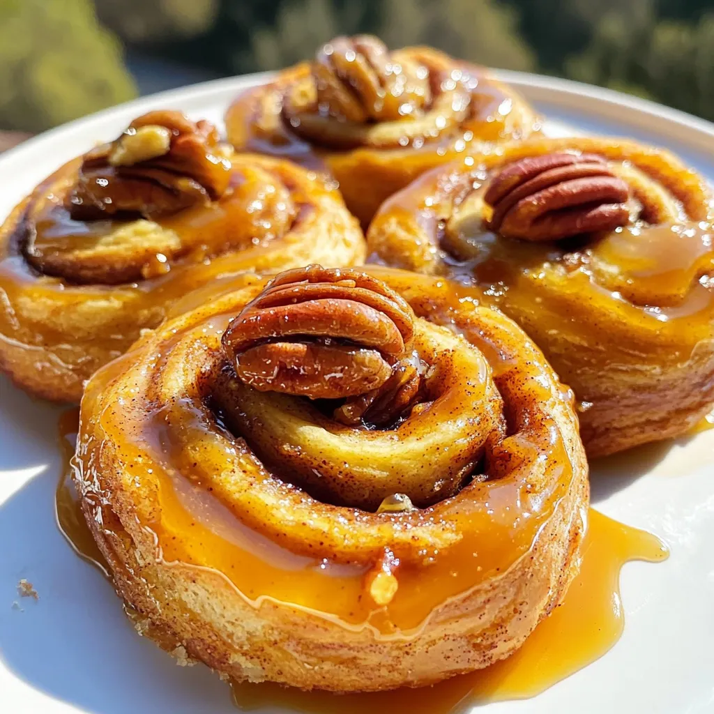 - 4 cups all-purpose flour - 1 packet (2 ¼ teaspoons) instant yeast - ½ cup granulated sugar - 1 teaspoon salt - 1 teaspoon ground cinnamon - ½ cup milk (warmed to about 110°F/43°C) - ¼ cup unsalted butter (melted and slightly cooled) - 2 large eggs (at room temperature) - ½ cup brown sugar (tightly packed) - 2 tablespoons ground cinnamon - ¼ cup unsalted butter (softened to room temperature) - 1 cup pecans (finely chopped) - ½ cup brown sugar (tightly packed) - ¼ cup unsalted butter - ¼ cup heavy cream - 1 teaspoon pure vanilla extract The joy of making bakery-style caramel pecan cinnamon rolls lies in the ingredients. Each one plays a crucial role in creating a soft, sweet roll. Dough Ingredients: To start, you will need all-purpose flour, instant yeast, and sugar. These form the base. Salt and cinnamon add flavor. The warmed milk activates the yeast, while melted butter gives richness. The eggs add structure and moisture. Filling Ingredients: For the filling, brown sugar and cinnamon create that sweet, warm taste. Softened butter helps spread the filling easily. The pecans add crunch and a nutty flavor. Caramel Sauce Ingredients: The caramel sauce is key. Brown sugar brings sweetness. Butter adds creaminess, and heavy cream makes it rich. Vanilla extract pulls it all together with a lovely aroma. These ingredients work in harmony to create a treat that feels like a hug in every bite. - In a large bowl, combine 4 cups of all-purpose flour, 2 ¼ teaspoons of instant yeast, ½ cup of granulated sugar, 1 teaspoon of salt, and 1 teaspoon of ground cinnamon. Mix well. - In another bowl, whisk together ½ cup of warmed milk, ¼ cup of melted unsalted butter, and 2 large eggs. Blend until smooth. - Gradually pour the wet mixture into the dry ingredients. Stir with a wooden spoon until the dough comes together. - Turn the dough onto a floured surface. Knead for 5-7 minutes until it feels smooth and elastic. Place the dough in a greased bowl, cover it with a towel, and let it rise for about 1 hour in a warm spot. The dough should double in size. - While the dough rises, prepare the filling. In a medium bowl, combine ½ cup of packed brown sugar, 2 tablespoons of ground cinnamon, and ¼ cup of softened butter. Mix until you get a smooth paste. - After the dough has risen, punch it down gently. Roll it out on a floured surface into a rectangle about 16x12 inches. - Spread the cinnamon filling evenly over the dough, leaving a ½-inch border around the edges. Sprinkle 1 cup of finely chopped pecans on top of the filling. - Starting from one long side, roll the dough tightly into a log. Use a sharp knife to cut the log into 12 equal pieces. - For the caramel sauce, combine ½ cup of packed brown sugar, ¼ cup of unsalted butter, and ¼ cup of heavy cream in a small saucepan over medium heat. Stir until smooth and bubbling. Remove from heat and add 1 teaspoon of pure vanilla extract. - Pour the caramel sauce into a greased 9x13 inch baking dish. Place the sliced rolls on top, cut sides facing up. - Cover the dish with a towel and let the rolls rise for another 30 minutes. They should look puffy. - Preheat your oven to 350°F (175°C). Bake the rolls for 25-30 minutes until they turn golden brown on top. Kneading is key to great dough. It helps develop gluten. Gluten gives the dough its structure and chew. You want to knead for about 5-7 minutes. The dough should feel smooth and elastic when done. To check if your dough has risen enough, look for size. It should double in volume. You can also do the "poke test." Poke the dough gently; if it springs back slowly, it’s ready. For smooth caramel, control the heat. Use medium heat to avoid burning the sugar. Stir the mixture continuously as it cooks. This helps prevent lumps and ensures a nice texture. If the caramel is too thick, add a bit more cream. If it’s too thin, cook it a little longer. This balancing makes the flavor rich and deep. Make your rolls shine with simple presentation tricks. Drizzle more caramel on top. Add a sprinkle of whole pecans for a pop of color. Pair these rolls with coffee or tea. The warm spices blend well with both drinks. You can also serve them as a brunch treat, perfect for sharing! {{image_4}} You can switch up the nuts in your cinnamon rolls. If you don't have pecans, try walnuts or almonds. Both add a nice crunch and flavor. Walnuts bring a rich, earthy taste. Almonds offer a sweet, delicate crunch. Chop them finely, just like you would with pecans. Want to jazz up your rolls? Add chocolate chips or mix in different spices. Chocolate chips give a sweet surprise in every bite. You can use dark, milk, or even white chocolate. For spices, try adding nutmeg or ginger. These spices can really change the flavor profile and make your rolls unique. Need a dairy-free or gluten-free version? You can easily adjust the recipe! For a dairy-free roll, use almond or oat milk instead of regular milk. You can also swap the butter for coconut oil or a dairy-free spread. To make it gluten-free, use a gluten-free flour blend. Just check that your yeast is gluten-free as well. These options let everyone enjoy these delicious rolls! To keep your caramel pecan cinnamon rolls fresh, store them in an airtight container. Let them cool completely before sealing. If you have leftover rolls, place a piece of parchment paper between layers to prevent sticking. This way, you can enjoy them later without losing their delightful texture and flavor. To freeze your rolls, wrap them tightly in plastic wrap. You can place them in a freezer-safe bag or container for extra protection. When you're ready to enjoy them, thaw the rolls in the fridge overnight. Reheat them in the oven at 350°F (175°C) for about 10-15 minutes. This method ensures the rolls stay soft and warm, just like fresh out of the oven. These delicious rolls can last for about 2-3 days at room temperature. If stored properly in the fridge, they can last up to a week. However, freezing them is the best option for longer storage. When frozen, they can maintain their quality for up to 3 months. Enjoying them fresh is always best, but knowing how to store them makes it easy to savor every bite! Your dough is ready when it has doubled in size. You can test it by gently pressing your finger into the dough. If the indentation remains, it is ready. The surface should look smooth and puffy. The warm environment helps the dough rise well. You want it to feel light and airy. Yes, you can prepare these rolls ahead of time. After shaping the rolls, place them in the baking dish with caramel. Cover them and store in the fridge overnight. In the morning, let them rise for about 30 minutes before baking. This saves time and gives you fresh rolls in the morning. Leftover caramel sauce is a sweet treat! You can drizzle it over ice cream or pancakes. It also makes a great dip for apples or pretzels. If you want something special, stir it into coffee or hot chocolate. You can even use it in desserts like cheesecakes or brownies. This post covered how to make delicious cinnamon rolls from scratch. You learned about the key ingredients, the step-by-step process, and helpful tips for perfect results. Remember, kneading is key to good dough, and caramel adds richness. You can change up the nuts or go dairy-free if needed. With proper storage, your leftovers can last longer, and they taste great even after freezing. Enjoy your baking and share your tasty rolls with others!