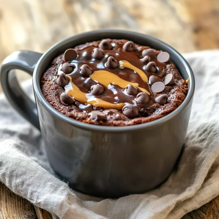 To make your Chocolate Peanut Butter Mug Cake, you will need: - 4 tablespoons all-purpose flour - 4 tablespoons granulated sugar - 2 tablespoons unsweetened cocoa powder - 1/8 teaspoon baking powder - 1/8 teaspoon fine salt - 3 tablespoons milk (or your favorite non-dairy milk) - 2 tablespoons creamy or crunchy peanut butter - 1 tablespoon vegetable oil - 1/2 teaspoon pure vanilla extract - 1 tablespoon chocolate chips (optional but recommended) These ingredients create a soft and rich cake that is both quick and easy. Not all kitchens have the same items. Here are some swaps you can try: - Flour: Use whole wheat flour for more fiber. - Sugar: Coconut sugar can replace granulated sugar for a lower glycemic index. - Cocoa powder: Dutch-process cocoa gives a richer flavor. - Milk: Almond or oat milk work well in place of regular milk. - Peanut butter: Almond butter or sunflower seed butter are great alternatives. - Vegetable oil: Use melted coconut oil for a unique flavor. - Chocolate chips: Dark chocolate chips or white chocolate chips can add a fun twist. These substitutions keep your cake tasty and cater to your pantry. Toppings can elevate your mug cake. Here are some ideas: - A dollop of extra peanut butter - Whipped cream for a sweet finish - Fresh fruit slices like bananas or strawberries - A sprinkle of powdered sugar for a touch of elegance - A scoop of your favorite ice cream for extra indulgence Feel free to mix and match these toppings for your perfect mug cake! Start by picking a microwave-safe mug. A 12 oz mug works best. Make sure it is clean and dry. This will hold your cake as it cooks. If you have a fun mug, use that! It makes the treat feel special. In your mug, add these dry ingredients: - 4 tablespoons all-purpose flour - 4 tablespoons granulated sugar - 2 tablespoons unsweetened cocoa powder - 1/8 teaspoon baking powder - 1/8 teaspoon fine salt Use a fork or small whisk to mix them well. Stir until there are no lumps left. This step is key for a fluffy cake! Next, pour in the wet ingredients: - 3 tablespoons milk (or your favorite non-dairy milk) - 2 tablespoons creamy or crunchy peanut butter - 1 tablespoon vegetable oil - 1/2 teaspoon pure vanilla extract Use the fork or whisk again to mix. Blend until the batter is smooth. Scrape the sides of the mug to catch all the yummy bits. Now, it's time to cook! Place the mug in the microwave. Set it on high for 45-60 seconds. Keep an eye on it as it cooks. Watch for the cake to rise. It should look puffy and not spill over. When the time is up, carefully take the mug out. It will be hot! Let it cool for about 1 minute. Now, it's ready to enjoy. You can eat it plain or add toppings like peanut butter or whipped cream. When using a microwave, choose a mug that can hold 12 ounces. This size helps the cake rise without spilling over. Start by cooking for 45 seconds. If it looks wet, add 10 more seconds. Every microwave varies, so keep an eye on it. For a soft and moist cake, do not overmix the batter. Mixing too much can make the cake tough. Make sure to stop mixing once you see no dry spots. Remember, the center should be moist when done. It will continue to cook a bit after you take it out. To make your mug cake look great, set it on a small plate. Dust some powdered sugar on top for a sweet touch. Add a few fresh berries or a scoop of ice cream. These extras make the treat even more special! {{image_4}} You can change up the taste of your mug cake easily. Want a spicy kick? Add a pinch of cinnamon or a dash of cayenne pepper. Both spices pair well with chocolate and peanut butter. If you crave something fruity, mix in some mashed banana or a few drops of almond extract. These flavors can turn a simple treat into a gourmet delight. Don’t have peanut butter? No worries! You can swap it for other nut butters like almond or cashew. Sunflower seed butter is a great choice if you need a nut-free option. Each nut butter brings its unique flavor, so feel free to experiment. You can even use chocolate hazelnut spread for a rich twist! If you need a gluten-free mug cake, switch the all-purpose flour for almond flour or gluten-free all-purpose flour. Both options will keep your cake soft and delicious. Just check the baking powder to ensure it's gluten-free, too. This way, everyone can enjoy a tasty treat without worry! If you have leftover mug cake, let it cool first. Wrap it tightly with plastic wrap or place it in an airtight container. Store it in the fridge for up to two days. This keeps the cake fresh and moist. To reheat your mug cake, simply pop it back in the microwave. Heat it for about 10-15 seconds. Check if it’s warm enough for you. If not, add a few more seconds. You want to avoid overcooking it, which can dry it out. You can freeze the mug cake too! Make sure it’s completely cool, then wrap it tightly. Use aluminum foil or freezer-safe bags. This keeps it safe from freezer burn. The mug cake can be frozen for up to a month. When you’re ready to eat it, thaw it in the fridge overnight, then reheat as mentioned above. Enjoy your tasty treat anytime! If your mug cake turns out dry, it may need more liquid. You can add a bit of milk or water, one teaspoon at a time. Mix it well. Try not to overcook it next time. Each microwave is different, so keep an eye on the cake as it cooks. Yes, you can make a larger batch! Just multiply the recipe. Use a bigger bowl and divide the batter into multiple mugs. Cook them one at a time in the microwave. This way, everyone can enjoy their own mug cake. Absolutely! This mug cake is great for kids. It’s quick, easy, and fun to make. You can let them help with mixing. Just be cautious with the hot mug when cooking. They will love the taste of chocolate and peanut butter! In this post, we explored mug cakes from ingredients to cooking tips. You learned about substitutions and toppings to make your cake your own. We covered step-by-step instructions and tips to ensure the best texture. Variations let you try new flavors, and storage tips help keep leftovers fresh. Mug cakes are fun and easy. With this guide, you can bake a tasty treat anytime! Enjoy your mug cake adventures!