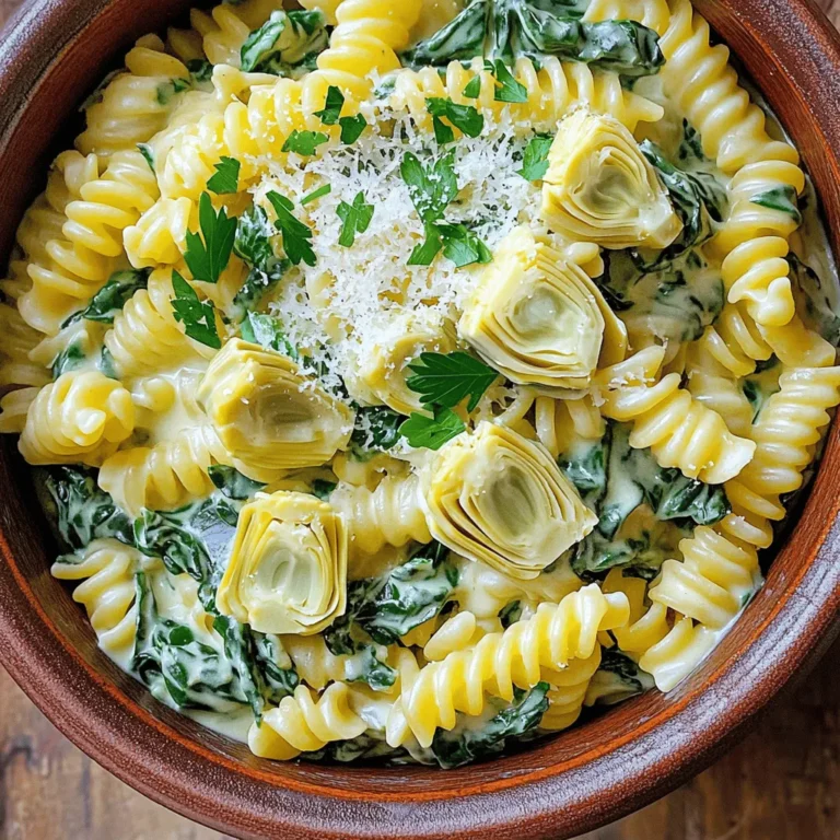 To make One Pot Creamy Spinach Artichoke Pasta, gather these main ingredients: - 12 oz pasta (fusilli or penne recommended) - 1 tablespoon olive oil - 3 cloves garlic, finely minced - 1 can (14 oz) artichoke hearts, drained and cut into quarters - 4 cups fresh spinach, packed - 1 cup heavy cream (or coconut cream for a dairy-free alternative) - 1 cup vegetable broth - 1 cup grated Parmesan cheese (or nutritional yeast for a dairy-free option) - 1 teaspoon Italian seasoning - Salt and pepper, to taste - Fresh parsley, chopped (for garnish) You can add some ingredients to make this dish your own: - Sun-dried tomatoes for a burst of flavor - Crushed red pepper for heat - Grilled chicken or shrimp for protein If you have dietary needs, try these substitutes: - Use gluten-free pasta for a gluten-free option. - Coconut cream works well for a dairy-free base. - Nutritional yeast can replace Parmesan for a vegan choice. These ingredients set the stage for a creamy, delightful meal that you can enjoy any day! - Start by gathering all your ingredients. - Chop the garlic finely and cut the artichoke hearts into quarters. - Rinse the fresh spinach and pack it tightly to measure four cups. - For cooking, choose a large, heavy-bottomed pot. This type of pot helps heat evenly and prevents burning. - Heat one tablespoon of olive oil in the pot over medium heat. - Add three cloves of minced garlic. Sauté it for about one minute. Stop when it smells good but not brown. - Next, add the quartered artichokes to the pot. Cook them for two to three minutes until they warm up. - Gently mix in the fresh spinach. Stir it until the spinach wilts down, which takes about two minutes. - Pour in one cup of vegetable broth and one cup of heavy cream. Stir to combine everything into a creamy mix. - Add 12 ounces of pasta and one teaspoon of Italian seasoning. Make sure the pasta is fully under the liquid. - Bring the mixture to a boil. Then lower the heat and cover the pot. Let it simmer for 12 to 15 minutes. Stir occasionally to keep the pasta from sticking. - When the pasta is al dente, take the pot off the heat. Stir in one cup of grated Parmesan cheese. Taste it, then add salt and pepper as needed. - If the sauce seems too thick, add a bit more vegetable broth or cream to thin it out. You can now enjoy your One Pot Creamy Spinach Artichoke Pasta. To get the best creamy texture, use heavy cream or coconut cream. These options blend well and add rich flavor. Stir in the cheese at the end for a smooth finish. If you want a lighter sauce, add more broth slowly until you reach the right consistency. For cooking pasta perfectly in one pot, choose fusilli or penne. These shapes hold sauce well. Add the pasta when the liquids are boiling. Make sure the pasta is fully submerged. Stir it occasionally to stop it from sticking. To boost flavor, consider adding spices like red pepper flakes or smoked paprika. Fresh herbs, such as basil or thyme, can also add a nice touch. For those with dietary needs, try using nutritional yeast instead of Parmesan cheese. It gives a cheesy flavor without dairy. If you need to skip cream, coconut cream is a great option too. {{image_4}} You can make this dish fit your diet. For a dairy-free option, use coconut cream instead of heavy cream. Nutritional yeast is a great cheese swap. It adds a savory flavor without dairy. Want more protein? Add cooked chicken or shrimp. They cook fast and add great taste. Just toss them in when you add the spinach. They will soak up the creamy sauce. Changing herbs or spices can change the whole dish. Try adding fresh basil or thyme for a new twist. A pinch of red pepper flakes adds a nice kick if you like heat. You can also mix in other veggies. Broccoli or bell peppers work well here. Chop them small and add them with the spinach. They will cook down and blend nicely with the sauce. To store leftover pasta in the fridge, let it cool first. Place it in an airtight container. Make sure to seal it well to keep out air. Leftovers will stay fresh for up to three days. The best containers for storage are glass or BPA-free plastic. They help keep the pasta fresh. Avoid metal containers, as they can react with the cream. Yes, this dish can be frozen. To freeze, cool the pasta completely and place it in a freezer-safe container. It’s best to use a container that can hold liquids well. You can freeze the pasta for up to three months. When reheating, use low heat to maintain creaminess. Add a splash of vegetable broth or cream while warming. Stir gently to mix it well. This will help bring back its creamy texture. Can I use whole wheat pasta or gluten-free alternatives? Yes, you can use whole wheat pasta. It adds more fiber and flavor. Gluten-free pasta works too. Just check the cooking time on the package. These types may need a little more or less time than regular pasta. How do I prevent the pasta from sticking? To stop pasta from sticking, stir it often while it cooks. Use a large pot with enough water. Adding a bit of olive oil to the water can help too. Once the pasta is in the pot, keep it moving. This keeps it from clumping together. What to do if the sauce is too thick or thin? If your sauce is too thick, add more vegetable broth or cream. Stir it in slowly. For a thin sauce, let it cook a little longer. This helps it thicken up. You can also add a bit of grated cheese to help with thickness. This post covered the key ingredients and steps for making One Pot Creamy Spinach Artichoke Pasta. I shared tips on cooking, enhancing flavors, and storing leftovers. You can easily adapt this recipe to fit your diet and taste. Remember, cooking should be fun and flexible. Experiment with different ingredients and enjoy your tasty dish. You’ll impress everyone with this creamy pasta meal!