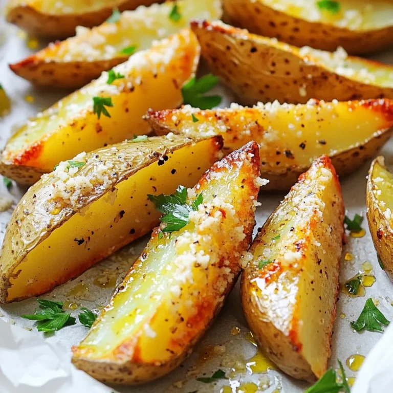 - 4 medium russet potatoes, thoroughly scrubbed and cut into wedges - 1 tablespoon extra virgin olive oil - 3 cloves fresh garlic, finely minced - 1 teaspoon garlic powder - 1 teaspoon onion powder - 1 teaspoon dried oregano - 1 teaspoon paprika (smoked for extra flavor, if desired) - ½ cup freshly grated Parmesan cheese - Salt and freshly cracked black pepper to taste - Fresh parsley, finely chopped (for garnish) To make these crispy potato wedges, start with russet potatoes. They give a great texture. Use extra virgin olive oil for a rich flavor. Fresh garlic adds a tasty kick, while garlic powder gives that deep garlic taste. Onion powder and oregano bring extra flavor, and paprika adds a nice color. The Parmesan cheese is key to making these wedges cheesy and delicious. You can use fresh parsley as a garnish. It adds a pop of color and freshness to your dish. Gather these ingredients to ensure you have everything ready for a fantastic cooking experience. - Preheating the air fryer: First, set your air fryer to 400°F (200°C). It will take about 5 minutes to heat up. - Preparing the potatoes: Take 4 medium russet potatoes. Scrub them clean and cut them into wedges. Make sure the wedges are of similar size for even cooking. - Combining oil and spices: In a large bowl, add the potato wedges. Drizzle 1 tablespoon of extra virgin olive oil over them. Toss the wedges gently so each one is coated in oil. - Adding cheese to the mixture: Now, add 3 minced garlic cloves, 1 teaspoon each of garlic powder, onion powder, dried oregano, and paprika. Sprinkle in salt and pepper. Toss again until all wedges are covered. Finally, sprinkle ½ cup of freshly grated Parmesan cheese over the wedges. Toss gently to help the cheese stick. - Arranging potato wedges in the air fryer: Place the seasoned potato wedges in a single layer in the air fryer basket. Avoid overcrowding to ensure they cook evenly. - Cooking duration and shaking techniques: Cook the wedges for 15-20 minutes. Halfway through, shake the basket gently. This helps them crisp up nicely. - Checking for doneness: After 20 minutes, check if the wedges are golden brown and crispy. If they need more time, cook them for another few minutes. To get those crispy potato wedges, adjust the cooking time. Try cooking them for 15-20 minutes. Check them halfway and shake the basket. This helps them cook evenly. Always arrange the wedges in a single layer. Overcrowding the basket makes them soggy. If you have too many, cook in batches for the best results. Want to kick the flavor up a notch? Add spices like cayenne for heat or rosemary for a fresh taste. You can also try adding a dash of chili powder for a smoky touch. For dipping sauces, ranch and garlic aioli pair well. Ketchup is classic, but you can get creative with your favorites! Serve these wedges hot for the best taste. They lose crispiness if left to cool. Use a plate that keeps heat in, like a stoneware dish. Garnish your wedges with fresh parsley for a pop of color. This makes them look even more appetizing. You can also sprinkle extra Parmesan on top for a cheesy finish. {{image_4}} You can change the taste of your garlic parmesan potato wedges by adding new spices. For a spicy kick, try making spicy garlic parmesan wedges. Just add some cayenne pepper or chili powder to your mix. This will give your potatoes a nice, warm flavor. You can also create herb-infused versions. Use fresh herbs like rosemary or thyme. These herbs add a lovely aroma and taste. Just chop them finely and mix them in with your spices. Your potato wedges will have a fresh and bright flavor. Cheese is key to making the wedges tasty. You can switch the Parmesan for mozzarella or cheddar. Mozzarella gives a stretchy, cheesy texture. Cheddar adds a sharp taste that pairs well with garlic. If you want a dairy-free option, try vegan cheese. Many brands make great vegan cheeses now. Look for options that melt well for the best results. This way, everyone can enjoy your crispy wedges. While russet potatoes are great, you can use sweet potatoes too. Sweet potato wedges have a natural sweetness. This mixes well with the garlic and cheese. They will also turn out crispy in the air fryer. You can also explore other potato varieties. Yukon Gold potatoes are another good choice. They are creamy and flavorful. Experimenting with different types can lead to new favorites. To keep your garlic parmesan potato wedges fresh, refrigerate them within two hours of cooking. Place the cooled wedges in an airtight container. This helps to keep them from drying out. Use a container that seals well to keep odors away. You can also use a zip-top bag, but squeeze out as much air as possible. For the best taste, reheat your potato wedges in the air fryer. Set it to 350°F (175°C) and heat for about 5-7 minutes. This helps restore their crispy texture. If you don’t have an air fryer, you can use an oven. Preheat it to 375°F (190°C) and bake for about 10 minutes. Avoid using a microwave, as it can make them soggy. If you do use a microwave, place a paper towel under the wedges to help absorb moisture. Yes, you can prepare the wedges ahead of time. Cut and season them, then store in the fridge. Keep them in an airtight container for up to 24 hours. Before cooking, let them sit at room temperature for about 15 minutes. This ensures they cook evenly. The flavors of garlic and Parmesan pair well with many sauces. Here are a few tasty options: - Ranch dressing - Spicy ketchup - Garlic aioli - Sour cream and chive dip - Marinara sauce Each of these sauces adds a unique twist to your wedges. Yes, you can use frozen potato wedges. They cook well in an air fryer. Just remember to adjust the cooking time. Start with 20-25 minutes at 400°F. Shake the basket halfway through to help them crisp evenly. Check for doneness by looking for a golden brown color. The wedges should be crispy on the outside and tender inside. You can also pierce them with a fork to see if they are soft. If they are golden and soft, they are ready to eat! This article laid out how to make great air fryer potato wedges. We discussed ingredients, cooking steps, and tips for crispiness. You learned about seasoning options and cheese choices. I shared variations to keep things exciting and storage tips for leftovers. Feel confident as you cook your potato wedges. This simple recipe delivers tasty results every time. Experiment with flavors and enjoy!
