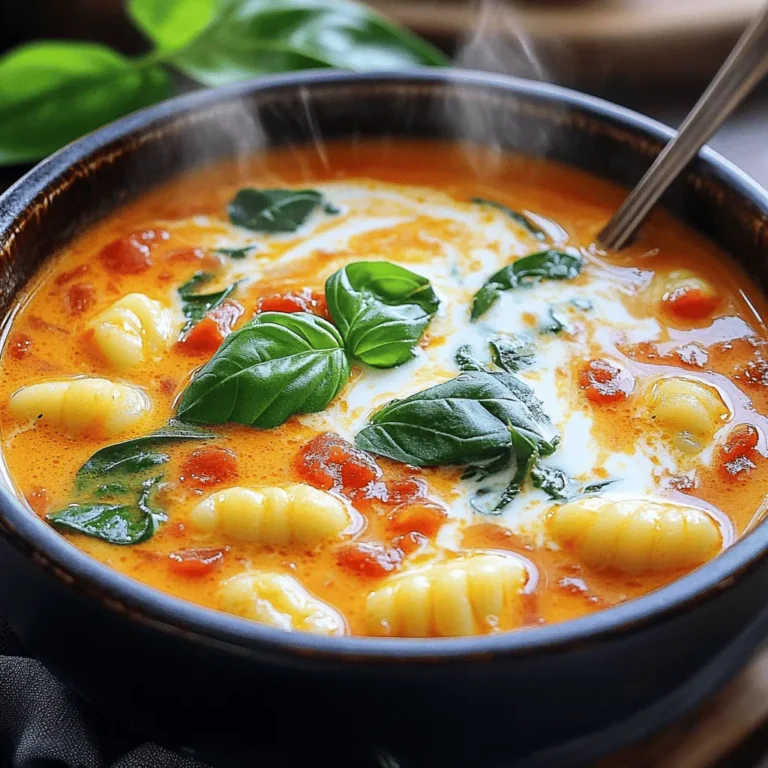 To make this creamy tomato gnocchi soup, you need a few key ingredients. Here’s what you'll need: - 1 tablespoon extra virgin olive oil - 1 medium onion, finely diced - 2 cloves garlic, minced - 1 can (28 oz) crushed tomatoes - 4 cups vegetable broth - 1 teaspoon dried basil - 1 teaspoon dried oregano - 1/2 teaspoon red pepper flakes (optional, for heat) - 1 (16 oz) package gnocchi - 1 cup heavy cream (or coconut cream for a vegan option) - 1 cup fresh spinach, roughly chopped - Salt and freshly cracked black pepper, to taste - Fresh basil leaves, for garnishing These ingredients create a rich, hearty soup that is perfect for any day. You can enhance the flavor with some optional ingredients. Consider adding: - A splash of lemon juice for brightness - Grated Parmesan cheese for extra creaminess - Chopped carrots or celery for extra veggies - A bay leaf while simmering for depth These add-ons can give your soup a personal touch and make it even more delightful. If you have dietary restrictions, there are easy swaps. Here are some options: - Use coconut cream instead of heavy cream for a dairy-free soup. - Swap vegetable broth for chicken broth if you prefer. - Choose gluten-free gnocchi if gluten is a concern. These substitutions make the soup accessible for everyone, without losing its delicious flavor. Enjoy making this dish your own! Start by heating 1 tablespoon of extra virgin olive oil in a large pot over medium heat. Once the oil shimmers, add a finely diced medium onion. Sauté it for about 5 minutes. You want it to soften and turn translucent. Now, add 2 cloves of minced garlic and cook for 1 more minute. Stir it often so the garlic stays fragrant but does not brown. Next, carefully pour in 1 can of crushed tomatoes and 4 cups of vegetable broth. Stir in 1 teaspoon of dried basil, 1 teaspoon of dried oregano, and optional red pepper flakes if you want some heat. Increase the heat until the mix gently simmers. Once your soup is simmering, it's time to add the star of this dish: the gnocchi. Toss in 1 (16 oz) package of gnocchi. Cook according to the package instructions, which usually takes about 2-3 minutes. You will know they are ready when they float to the top. This means they are perfectly cooked and ready for the next step. After the gnocchi are done, lower the heat and gently stir in 1 cup of heavy cream. For a vegan twist, use coconut cream instead. This will give your soup a rich, creamy texture. Now, fold in 1 cup of roughly chopped fresh spinach. Let it wilt for about 2 minutes in the warm soup. Finally, taste and adjust the seasoning with salt and freshly cracked black pepper. Ladle the soup into bowls and add fresh basil leaves on top for a burst of flavor and color. Enjoy! To get that rich, creamy feel, start by adding the heavy cream slowly. This helps blend it well with the soup. If you want a lighter version, use coconut cream instead. Stir gently to avoid curdling. You can also mix in a bit of cheese for added creaminess. Cream cheese or mascarpone works great for this. You can easily change the spice level to fit your taste. If you like heat, add more red pepper flakes. For milder soup, skip the flakes or use a small amount. Always taste before serving. This lets you adjust the seasoning to your liking. Sautéing your onions and garlic is key for great flavor. Use medium heat and keep an eye on them. Cook until the onion is translucent, about five minutes. Stir often to prevent burning. Garlic cooks fast, so add it last and stir for just a minute. This keeps it fragrant and not bitter. {{image_4}} You can make this soup vegan by using coconut cream instead of heavy cream. Coconut cream gives a rich and creamy texture. It adds a hint of sweetness that blends well with the tomatoes. To use it, simply replace the heavy cream with an equal amount of coconut cream during the cooking stage. This change keeps the soup delicious and dairy-free. If you want to add protein, try cooked chicken or sausage. These options add heartiness and flavor. For a plant-based choice, consider adding chickpeas or lentils. Both options boost protein and fiber. You can stir them in when you add the gnocchi. They cook quickly and fit well into the soup's texture. You can enhance this soup with seasonal vegetables. For example, add zucchini, carrots, or bell peppers. Chop them into small pieces and sauté them with the onion. This step helps them soften and blend into the soup. You can also add kale or swiss chard along with the spinach for extra nutrients. These veggies not only boost nutrition but also add color and flavor to your creamy tomato gnocchi soup. To keep your creamy tomato gnocchi soup fresh, store it in an airtight container. Let the soup cool down to room temperature before sealing it. This helps prevent condensation, which can make the soup watery. You can keep it in the fridge for up to three days. Make sure to label the container with the date you made the soup. When you're ready to enjoy your leftover soup, reheat it gently. Pour the soup into a pot and set it over low heat. Stir often to avoid sticking. Heat until it's warm but not boiling. This helps keep the cream smooth. If the soup seems too thick, add a splash of vegetable broth or water. To freeze your creamy tomato gnocchi soup, first, let it cool completely. Use freezer-safe bags or containers. If using bags, lay them flat in the freezer for easy stacking. When freezing, leave some space because soup expands. You can freeze it for up to three months. When you want to eat it, thaw it overnight in the fridge. Reheat it as described above for the best taste. Yes, you can use frozen gnocchi. Just add them directly to the soup. Cook them according to the package directions. They will soften nicely in the hot soup. This makes the recipe even easier. You still enjoy that fluffy texture. To make this soup gluten-free, choose gluten-free gnocchi. Many brands offer this option. You can also make your own gnocchi using gluten-free flour. Just follow the same steps in the recipe. The rest of the ingredients are already gluten-free, so it’s simple to adjust. This soup pairs well with many sides. A slice of crusty bread is perfect for dipping. You can also serve a fresh green salad. A nice sprinkle of cheese on top adds flavor. Try these options for a complete meal. You now have all you need to make creamy tomato gnocchi soup. We covered essential and optional ingredients that can boost flavor. I shared easy step-by-step instructions for cooking and finishing the dish. With tips on texture and spice, you can customize it to your taste. Plus, I offered variations and storage tips for leftovers. This soup is versatile and perfect for any occasion. Enjoy crafting your own version of this delightful dish!