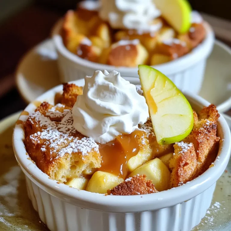 To create a tasty caramel apple bread pudding, you need a few key ingredients. Here’s what you’ll need: - 6 cups of day-old bread, cubed - 2 large apples, peeled and diced - 4 large eggs - 2 cups whole milk - 1 cup heavy cream - 1 cup brown sugar, packed - 1 tablespoon pure vanilla extract - 1 teaspoon ground cinnamon - 1/2 teaspoon grated nutmeg - 1/4 teaspoon salt - 1/2 cup caramel sauce - Whipped cream or vanilla ice cream, for serving (optional) These ingredients work together to create a rich, sweet, and comforting dessert. Choosing the right bread makes a big difference in flavor. I suggest using brioche or challah. Both types are soft and rich, which helps absorb the egg and milk mixture. They add a lovely texture and taste to the pudding. If you can’t find these, any sturdy bread will do, as long as it is a bit stale. For the apples, I recommend using Granny Smith apples. They offer a nice tartness that balances the sweetness of the bread pudding. Their firm texture holds up well during baking. You could also use Honeycrisp or Fuji apples for a sweeter twist. Each variety brings its own flavor, so feel free to mix and match! 1. First, gather all your ingredients. You will need: - 6 cups of day-old bread, cubed - 2 large apples, peeled and diced - 4 large eggs - 2 cups whole milk - 1 cup heavy cream - 1 cup brown sugar - 1 tablespoon pure vanilla extract - 1 teaspoon ground cinnamon - 1/2 teaspoon grated nutmeg - 1/4 teaspoon salt - 1/2 cup caramel sauce - Whipped cream or vanilla ice cream (optional) 2. Preheat your oven to 350°F (175°C). Grease a 9x13-inch baking dish with butter or non-stick spray. 3. In a large bowl, whisk the eggs, milk, heavy cream, brown sugar, vanilla, cinnamon, nutmeg, and salt until smooth. 4. Add the cubed bread to the egg mixture. Gently fold the bread to soak it well. Let it sit for 10 minutes. 5. Fold in the diced apples, ensuring they are evenly mixed into the bread. 1. Pour the soaked bread mixture into the greased baking dish. Drizzle half of the caramel sauce over the top. 2. Place the dish in the preheated oven. Bake for 45-50 minutes. The pudding should turn golden brown. 3. Check for doneness by inserting a knife in the center. It should come out clean. 4. If the top browns too fast, cover it lightly with foil. 1. Remove the dish from the oven. Let it cool for about 10 minutes before serving. 2. Just before serving, drizzle the remaining caramel sauce over the bread pudding. 3. Serve warm with whipped cream or a scoop of vanilla ice cream. 4. For a fun touch, serve in ramekins with a slice of apple on top. Enjoy! When making caramel apple bread pudding, simple errors can ruin the dish. Avoid using fresh bread; stale bread absorbs the liquid better. If your bread is fresh, toast it lightly first. Don't skip soaking the bread long enough. Let it sit for at least 10 minutes. This helps the bread soak up all those lovely flavors. To soak the bread just right, mix the eggs and milk first. Then, fold in the cubed bread gently. Make sure every piece gets wet. You can use a spatula to help. After mixing, let it sit. This step is key. The longer it sits, the better it tastes. Ten minutes is a good start, but you can go longer if you want. Want to boost the taste? Add more spices! A pinch of ginger or allspice can add warmth. You can also mix in nuts for crunch. Chopped pecans or walnuts work well. Dried fruit, like raisins, adds sweetness, too. Experiment with what you love to make it your own! {{image_4}} To make this dish gluten-free, you can swap regular bread for gluten-free bread. Look for a high-quality gluten-free bread that holds up well. Brioche or challah are great choices, but ensure they are gluten-free. You can also check for gluten-free bread crumbs if you want a different texture. You can easily make this bread pudding vegan. Replace the eggs with a mixture of flaxseed meal and water. Use non-dairy milk, like almond or oat milk, in place of whole milk. For heavy cream, coconut cream works well. Finally, choose a vegan caramel sauce to keep it all plant-based. While apples shine in this recipe, feel free to mix it up with seasonal fruits. In summer, use ripe peaches or berries for a fresh twist. In fall, pears or figs can add a lovely flavor. Each fruit brings its own taste and sweetness, making this dish fun and versatile. To keep your caramel apple bread pudding fresh, let it cool first. Then, cover it tightly with plastic wrap or aluminum foil. You can also place it in an airtight container. Store it in the fridge for up to four days. This helps maintain its soft texture and rich flavor. When you’re ready to enjoy your leftovers, preheat your oven to 350°F (175°C). Place the bread pudding in an oven-safe dish. Add a splash of milk or cream to keep it moist. Cover it with foil to prevent it from drying out. Heat for about 15-20 minutes, or until warmed through. You can also use a microwave for a quick option. Heat individual servings for 30 seconds to 1 minute, checking frequently. You can freeze caramel apple bread pudding for up to three months. First, let it cool completely. Cut it into portions for easy serving. Wrap each piece in plastic wrap, then place it in a freezer-safe bag or container. When you’re ready to eat, thaw it in the fridge overnight. Reheat it in the oven or microwave as described above. This way, you can enjoy a taste of fall anytime! Yes, you can prepare this bread pudding in advance. Mix the ingredients and pour it into the baking dish. Cover it with plastic wrap and place it in the fridge overnight. This helps the bread soak up the flavors. When you're ready, bake it the next day. Just add a few extra minutes to the baking time. I recommend using either store-bought or homemade caramel. Store-bought is quick and easy. Look for a sauce with simple ingredients for the best flavor. If you have time, making homemade caramel adds a personal touch. Either way, the caramel sauce brings a rich sweetness to the dish. To check if your bread pudding is done, insert a knife in the center. If it comes out clean, it’s ready. The top should be golden brown. The pudding should feel firm but slightly jiggly. Let it cool for about ten minutes before serving. This helps it set nicely and makes it easier to cut. Caramel apple bread pudding is fun and easy to make. We covered essential ingredients, including the best bread and apples to use. The step-by-step guide helps ensure perfect results every time. I shared tips to avoid common mistakes and enhance flavors. You can even personalize the recipe with gluten-free or vegan options. Proper storage tips keep leftovers fresh for later. Remember, you can make this ahead of time for convenience. Enjoy this warm, delicious treat anytime you want!