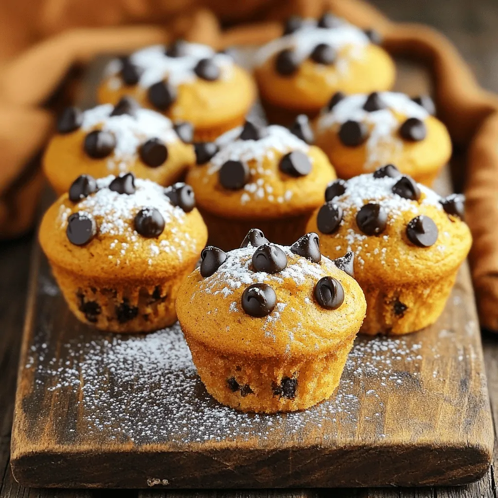 To make these tasty pumpkin chocolate chip muffins, you need the following ingredients: - 1 cup pure pumpkin puree (canned or homemade) - ½ cup packed brown sugar - ½ cup granulated sugar - ½ cup vegetable oil (or melted coconut oil) - 2 large eggs, at room temperature - 1 teaspoon high-quality vanilla extract - 1 ½ cups all-purpose flour (or whole wheat flour) - 1 teaspoon baking powder - 1 teaspoon baking soda - ½ teaspoon fine sea salt - 1 teaspoon ground cinnamon - ½ teaspoon ground nutmeg - ½ teaspoon ground ginger - 1 cup semi-sweet chocolate chips (or dark chocolate) - ½ cup chopped walnuts (optional) Each measurement in this recipe is important for the best muffins. You can swap the all-purpose flour for whole wheat flour for more fiber. Use melted coconut oil instead of vegetable oil for a hint of coconut flavor. If you want a healthier option, you can use less sugar or substitute with honey. Get creative with your muffins! Here are some fun add-ins: - ½ cup chopped walnuts for crunch - ½ cup dried cranberries for a sweet twist - ½ teaspoon espresso powder to enhance chocolate flavor - A pinch of sea salt on top before baking for contrast First, preheat your oven to 350°F (175°C). This step is key for even baking. While the oven heats, prepare your muffin tin. You can line it with paper liners or lightly grease each cup with cooking spray. Next, grab a large mixing bowl. In it, combine 1 cup of pumpkin puree, ½ cup of brown sugar, ½ cup of granulated sugar, and ½ cup of vegetable oil. Add 2 large eggs and 1 teaspoon of vanilla extract. Whisk these until smooth. Make sure there are no lumps. This mix will bring moisture and sweetness to your muffins. In a separate bowl, sift together 1 ½ cups of all-purpose flour, 1 teaspoon of baking powder, 1 teaspoon of baking soda, and ½ teaspoon of fine sea salt. Add 1 teaspoon of ground cinnamon, ½ teaspoon of ground nutmeg, and ½ teaspoon of ground ginger. Sifting helps to mix the dry ingredients well and adds air, making the muffins light. Now, slowly add the dry mix to the wet ingredients. Stir gently with a spatula until just combined. It’s okay if there are small lumps. Do not overmix, or your muffins will be dense. The batter should be thick and creamy at this point. Using a spoon or an ice cream scoop, fill each muffin cup about ¾ full. This gives your muffins space to rise without spilling over. Keep it even for the best results. Place the muffin tin in your preheated oven. Bake for 18-20 minutes. Check for doneness by inserting a toothpick into the center of a muffin. It should come out clean or with a few moist crumbs. Once done, take them out and let them cool in the tin for about 5 minutes. Then, transfer the muffins to a wire rack to cool completely. Enjoy the wonderful aroma as they cool! To get a soft and fluffy muffin, do not overmix your batter. Mix the wet and dry ingredients just until combined. Small lumps are okay. This keeps the muffins light. Also, make sure to use room temperature eggs. They blend better and help the batter rise. Spices make your muffins really shine! Use ground cinnamon, nutmeg, and ginger to add warmth. These spices enhance the pumpkin flavor. I recommend using fresh spices for the best taste. You can even try adding a pinch of ground cloves for a twist. Avoid these mistakes for the best muffins. First, don’t skip the baking powder or baking soda. They help your muffins rise. Second, always measure your ingredients accurately. Too much flour will make them dense. Lastly, always preheat your oven. This ensures even baking and a nice dome shape. {{image_4}} You can make gluten-free pumpkin chocolate chip muffins easily. Use gluten-free flour blends instead of all-purpose flour. Look for blends that include brown rice flour and tapioca starch. These blends work well to keep the muffins light and fluffy. Always check the package for measurements since they can vary. If you want to make the muffins healthier, consider using applesauce. Replace half of the oil with unsweetened applesauce. This swap reduces fat and adds moisture. You can also use less sugar. Try cutting the brown sugar to 1/3 cup. It still gives a sweet taste without being too sugary. To change the flavor, think about adding nuts or dried fruit. Chopped pecans or hazelnuts add a nice crunch. Dried cranberries or raisins bring a touch of sweetness. You can even mix in spices like cardamom or cloves for a warm twist. These additions make each muffin unique and fun to bake! To keep your pumpkin chocolate chip muffins fresh, use an airtight container. Place them in a cool, dry spot. This helps prevent them from drying out. You can also use plastic wrap for extra protection. If you store them this way, they can last for about three days on the counter. You can freeze these muffins for longer storage. Make sure they are completely cool first. Wrap each muffin tightly in plastic wrap. Then, place them in a freezer bag. Label the bag with the date. They will stay good for up to three months in the freezer. To enjoy, just take out a muffin and let it thaw on the counter. To reheat your muffins, use the microwave or oven. For the microwave, place one muffin on a plate and heat for about 15 seconds. If you want a crispy top, use the oven. Preheat your oven to 350°F. Place the muffin on a baking sheet and heat for about 5-10 minutes. This makes them warm and soft again, just like fresh out of the oven! Yes, you can use fresh pumpkin. Start by roasting a sugar pumpkin. Cut it in half, scoop out the seeds, and roast it until soft. After it cools, mash it or puree it for a smooth texture. This fresh pumpkin can add a great flavor to your muffins. These muffins stay fresh for about 3 days at room temperature. Store them in an airtight container to keep them moist. If you want them to last longer, you can refrigerate them for up to a week. You can make the batter ahead of time. Mix it and store it in the fridge for up to 24 hours. This can save you time in the morning. Just give it a gentle stir before you fill the muffin tin. Serve these muffins warm for the best taste. You can dust them with powdered sugar for a nice touch. Pair them with a cup of coffee or tea for a cozy treat. Enjoy them fresh out of the oven or later in the day! We explored the key ingredients and steps to make delicious pumpkin chocolate chip muffins. I shared tips for perfecting texture and flavor, along with easy variations and storage methods. Remember, the right mix and careful baking are crucial for great results. Enjoy your baking adventure and share these muffins with friends. You'll impress everyone with your skills and tasty treats!