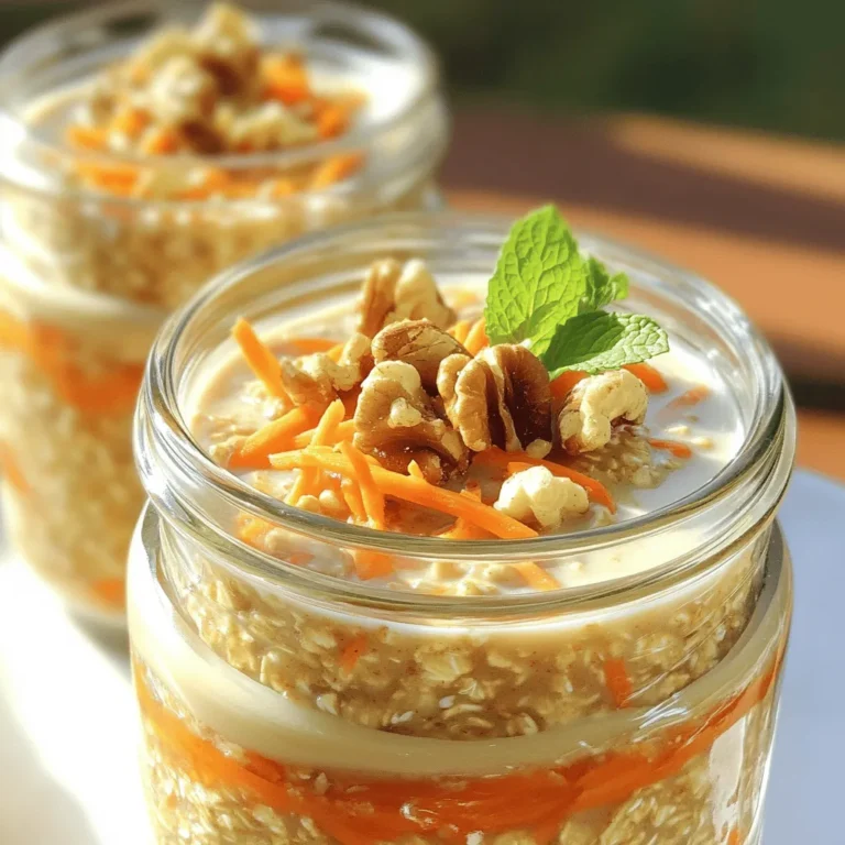 To make carrot cake overnight oats, you need key ingredients. Here’s what you should gather: - 1 cup rolled oats - 1 ½ cups unsweetened almond milk (or any milk of your choice) - 1 medium carrot, finely grated - 1 teaspoon ground cinnamon - ½ teaspoon ground nutmeg - 1 tablespoon pure maple syrup (or honey) - A pinch of salt These ingredients create a tasty base for your oats. The oats provide fiber, while the carrot adds sweetness and color. Cinnamon and nutmeg bring warmth and spice to the mix. You can boost your carrot cake overnight oats with optional add-ins. These will add fun textures and flavors: - 2 tablespoons Greek yogurt (for a creamy texture) - 2 tablespoons raisins or chopped walnuts (for crunch) - 1 tablespoon shredded coconut (for a tropical twist) Feel free to mix and match these options. They make your oats more exciting and delicious. While I love unsweetened almond milk, you can use any milk you prefer. Here are some great choices: - Cow's milk for a creamy taste - Coconut milk for a richer flavor - Oat milk for a smooth texture - Soy milk for a protein boost Each type of milk adds its unique flavor. Experiment and see which one you like best! First, grab a medium bowl or a large mason jar. Add 1 cup of rolled oats. Next, finely grate 1 medium carrot and toss it in. Don’t forget to add a pinch of salt. Mix everything well. Ensure the oats and carrots blend nicely. This step gives your oats a sweet and earthy flavor. Now, take a separate bowl. Pour in 1 ½ cups of unsweetened almond milk. You can use any milk you prefer. Whisk in 1 tablespoon of pure maple syrup and 1 teaspoon of ground cinnamon. Add ½ teaspoon of ground nutmeg for warmth. If you want a creamier mix, include 2 tablespoons of Greek yogurt. Stir until everything is smooth and well combined. Pour the liquid mix over the oat mixture. Stir gently to coat the oats fully. If you like texture, fold in 2 tablespoons of raisins or chopped walnuts. You can also add 1 tablespoon of shredded coconut for a fun twist. Transfer this mix into a jar or divide it into smaller jars for easy serving. Seal the jars tightly and refrigerate overnight. This lets the oats soak up all those wonderful flavors. In the morning, give your oats a good stir and enjoy! To make the best carrot cake overnight oats, start with good oats. Use rolled oats for a chewy texture. They soak up the liquid well. Avoid instant oats; they turn mushy fast. Mix your dry and wet ingredients in separate bowls first. This helps blend flavors and keeps oats from clumping. The key to great texture is the milk choice. Almond milk works well, but feel free to use your favorite. Greek yogurt adds creaminess if you want it. If the oats seem too thick, add a splash of milk in the morning. Stir well to fluff them up. For extra crunch, fold in nuts or coconut. This gives a pleasing contrast to the soft oats. Serve your oats in clear jars or bowls. This shows off all the lovely colors. Top them with extra grated carrot and a sprinkle of cinnamon for flair. You can also add a drizzle of maple syrup for sweetness. Fresh mint makes a nice touch too. Let your creativity shine! {{image_4}} You can easily make this recipe gluten-free. Just swap rolled oats for gluten-free oats. Many brands offer gluten-free options, so check labels. This small change keeps the dish tasty and safe for those with gluten sensitivities. To make this recipe vegan, replace Greek yogurt with a plant-based yogurt. Use almond milk or any non-dairy milk you love. Maple syrup is already vegan, so you’re good there! These swaps keep the flavor rich and creamy without any animal products. You can tweak the flavor to fit your taste. Try adding chopped pecans or almonds instead of walnuts. Dried cranberries or chopped apples can also bring fun new flavors. If you want a tropical vibe, toss in some pineapple. These small changes can make a big difference in your oats! To keep your carrot cake overnight oats fresh, store them in jars with tight lids. This helps keep out air and moisture. If you use plastic wrap, make sure it covers the oats well. Avoid leaving them out at room temperature for too long. In the fridge, your oats can stay good for up to five days. The flavors improve as the oats soak. Check for any changes in smell or texture before you eat them. If they look or smell strange, it’s best to throw them away. You can freeze your overnight oats for later use. Just portion them into freezer-safe containers. They can last up to three months in the freezer. When you're ready to eat, thaw them in the fridge overnight. Stir well before serving. This way, you still get that tasty flavor and creamy texture! Yes, you can use old-fashioned oats. They will still soak well. The texture may be a bit chewier. However, rolled oats give a creamier result. Both options work, so choose what you have. Carrot cake overnight oats last up to five days in the fridge. Be sure to store them in a sealed container. They taste best within the first few days. After that, the texture may change. Absolutely! You can skip the yogurt. The oats will still turn out creamy from the milk. If you want a thicker texture, add a bit more oats. You can also use a plant-based yogurt if you like. You can add many spices to boost flavor. Try ginger for warmth or cloves for depth. A dash of allspice can also add a nice twist. Feel free to experiment and find your favorite mix! You can create delicious carrot cake overnight oats using the right ingredients and steps. We covered essential and optional ingredients, liquid choices, and easy preparation methods. Remember the tips for the best texture and presentation. You can even adapt these oats for gluten-free and vegan diets. Store them correctly to enjoy them for days. Now, you have all the tools to make a tasty breakfast that fits your needs. Enjoy your healthy, flavorful start to the day!