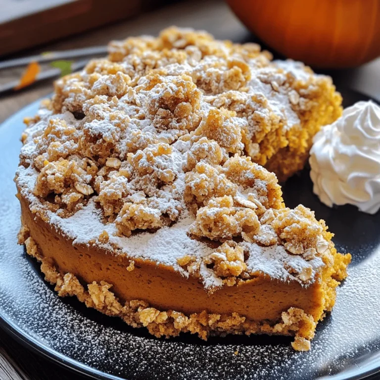 To make a tasty pumpkin coffee cake, gather these key items: - 2 cups all-purpose flour - 1 cup pumpkin puree (make sure it's not the pie filling) - 3/4 cup granulated sugar - 1/2 cup brown sugar, packed - 1/2 cup unsalted butter, softened - 2 large eggs - 1/2 cup buttermilk - 2 teaspoons baking powder - 1 teaspoon baking soda - 1 teaspoon ground cinnamon - 1/2 teaspoon ground nutmeg - 1/4 teaspoon ground ginger - 1/4 teaspoon salt - 1 teaspoon vanilla extract These ingredients blend well to create a rich, moist cake. For the crumble topping, gather these ingredients: - 1/2 cup all-purpose flour - 1/3 cup old-fashioned oats - 1/4 cup brown sugar, packed - 1/2 teaspoon ground cinnamon - 1/4 cup unsalted butter, melted - A pinch of salt This topping adds a delightful crunch to your cake. You can enhance your pumpkin coffee cake with: - Chopped nuts like walnuts or pecans for added texture. - Chocolate chips for a sweet surprise in every bite. - A dash of cloves or allspice for extra warmth. These options let you customize the flavors to suit your taste. Enjoy the process of making your own unique version! Start by preheating your oven to 350°F (175°C). Grease a 9-inch baking pan with butter. This helps the cake release easily after baking. Gather all your ingredients to save time. Measure everything carefully for the best results. In a big bowl, mix the softened butter, granulated sugar, and brown sugar. Beat them until the mixture is light and fluffy. Then, add two eggs, one at a time. Make sure to mix well after each egg. Next, blend in the pumpkin puree and vanilla extract. These add great flavor! In another bowl, whisk together the flour, baking powder, baking soda, and spices. This includes cinnamon, nutmeg, ginger, and a pinch of salt. Slowly fold the dry mix into the pumpkin mix. Alternate this with the buttermilk. Start with some dry ingredients, then add buttermilk. Repeat this until it's all mixed. Don't worry about a few lumps; they are okay! Pour the batter into the prepared pan. Use a spatula to spread it evenly. Now, let’s make the crumble topping! In a separate bowl, mix flour, oats, brown sugar, cinnamon, and a pinch of salt. Pour in the melted butter. Use a fork or your fingers to mix until it looks like coarse crumbs. Sprinkle the crumble topping over the batter evenly. Bake in the oven for 30-35 minutes. Check if the cake is ready by inserting a toothpick in the center. If it comes out clean, it's done! Let the cake cool in the pan for about 10 minutes. Then, carefully transfer it to a wire rack to cool completely. Enjoy the warm, delightful aroma as it fills your kitchen! To make your pumpkin coffee cake moist, use fresh pumpkin puree. Canned pumpkin works too, but check that it’s not pie filling. Mixing the wet and dry ingredients gently keeps the cake fluffy. Avoid overmixing; lumps are fine. Adding buttermilk helps create a tender crumb. Let the cake cool slightly to trap moisture. For a great crumble, use cold butter. Melted butter makes the topping too dense. Mix flour, oats, and sugar until combined. Add the melted butter slowly. Use your fingers to create coarse crumbs. This step is key for that crunchy topping. Sprinkle it evenly over the batter before baking. Serve your coffee cake warm for the best flavor. A light dusting of powdered sugar adds a nice touch. Pair it with whipped cream for a creamy contrast. For a special treat, add a scoop of vanilla ice cream. Enjoy with a hot cup of coffee or tea to enhance your experience. {{image_4}} You can change the flavors of your pumpkin coffee cake to keep things exciting. For a spicier kick, add ground cloves or allspice. If you love chocolate, mix in chocolate chips. For a nutty twist, walnuts or pecans work great too. You can even switch the pumpkin for mashed banana for a fruity option. Each change gives the cake a new taste. Want to make your cake gluten-free? Simply swap all-purpose flour with a gluten-free blend. For vegans, replace eggs with flax eggs. Use a plant-based butter instead of regular butter. Also, choose almond milk or oat milk in place of buttermilk. These swaps keep the cake tasty and suitable for various diets. Seasonal ingredients can enhance your cake. In fall, add chopped apples or pears for extra flavor. During winter, try dried cranberries or orange zest for a citrusy note. In summer, fresh berries can add brightness. You can also sprinkle nuts or chocolate chips on top of the batter before baking. These additions make your cake more festive and fun. Store your leftover pumpkin coffee cake in an airtight container. This keeps it fresh. You can also wrap it with plastic wrap or aluminum foil. Place it in a cool area or your kitchen counter. For best taste, eat it within three days. If you want to keep it longer, use freezing methods. To freeze pumpkin coffee cake, cut it into slices. Wrap each slice in plastic wrap and then place it in a freezer bag. Remove as much air as you can. Label the bag with the date. You can freeze it for up to three months. When you want to enjoy it, just thaw it in the fridge overnight. To reheat your pumpkin coffee cake, take it out of the fridge. You can warm it in the oven at 350°F for about 10 minutes. If you want it faster, use a microwave. Heat it for 15-20 seconds at a time. Check to make sure it does not get too hot. Enjoy it warm for the best taste! You can tell the cake is done by using a toothpick. Insert it into the center of the cake. If it comes out clean, the cake is ready. Another sign is the cake pulling away from the sides of the pan. You want to bake the cake for 30 to 35 minutes. Keep an eye on it as baking times can vary. Yes, you can use fresh pumpkin. First, cook the pumpkin until soft. You can steam or bake it. After cooking, scoop out the flesh and mash it until smooth. Make sure to measure out one cup, just like the pumpkin puree. Fresh pumpkin adds a bright flavor to the cake. The best way to enjoy this coffee cake is warm. A light dusting of powdered sugar makes it pretty. You can serve it with whipped cream or vanilla ice cream for a treat. Pair it with your favorite coffee or tea to create a cozy moment. Enjoy it as a breakfast or an afternoon snack! This blog post covered all you need to make pumpkin coffee cake. We explored the main ingredients and optional flavors. You learned clear steps for preparation, mixing, and baking. I shared tips for moisture and the best crumble. You also discovered variations to fit diets and seasons. Finally, we reviewed storage and reheating methods. Enjoy making this recipe, and feel free to get creative!