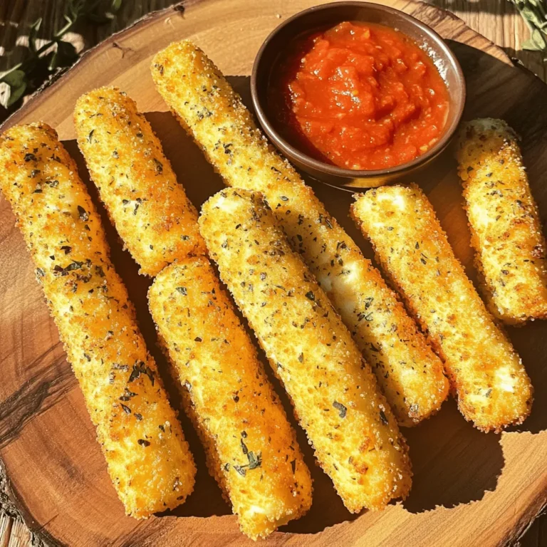 - 12 mozzarella string cheese sticks, cut in half - 1 cup all-purpose flour - 2 large eggs, beaten - 1 cup Italian seasoned breadcrumbs - 1 teaspoon garlic powder - 1 teaspoon Italian seasoning - Salt and freshly ground black pepper to taste - Cooking spray If you need to swap some items, here are some ideas: - Use gluten-free flour instead of all-purpose flour for a gluten-free version. - Swap the mozzarella sticks for pepper jack cheese for a spicy kick. - Use panko breadcrumbs instead of Italian breadcrumbs for extra crunch. - If you don’t have garlic powder, fresh minced garlic works too. These sauces pair well with mozzarella sticks: - Marinara sauce is a classic choice. Its tangy flavor complements the cheese well. - Ranch dressing adds a creamy touch and a bit of zest. - Spicy ketchup can give your snack a fun twist. - Try a honey mustard blend for a sweet and tangy option. Feel free to get creative with your dips. Enjoy every bite! First, grab your mozzarella string cheese sticks. You need 12 sticks. Slice each one in half. This gives you 24 pieces of cheese. You want them small enough to fry but big enough to enjoy. Now, set up your breading station. Take three shallow bowls. In the first bowl, mix 1 cup of all-purpose flour with a pinch of salt and black pepper. This is your dry mix. In the second bowl, pour in 2 large beaten eggs. This is your wet mix. For the third bowl, combine 1 cup of Italian seasoned breadcrumbs with 1 teaspoon of garlic powder, 1 teaspoon of Italian seasoning, and a little more salt and pepper. This is your crunchy coating. Take one cheese stick. Coat it in the flour mix first. Shake off any extra flour. Next, dip it into the beaten eggs, covering it well. Finally, roll it in the breadcrumb mixture. Press lightly so the crumbs stick. Repeat this for all your cheese sticks. After breading, place them on a tray lined with parchment paper. Freeze them for at least 30 minutes. This step is key to keep the cheese from melting too fast when cooking. Once your cheese sticks are frozen, it’s time to cook. Preheat your air fryer to 390°F (200°C). Let it heat for about 5 minutes. Lightly spray the air fryer basket with cooking spray. Now, place the frozen mozzarella sticks in a single layer. Make sure they don’t touch each other. Lightly mist the tops with more cooking spray. Air fry the mozzarella sticks for 6 to 8 minutes. Look for a golden brown color and a crispy texture. You may need to cook in batches if your air fryer is small. Once they are cooked, carefully take them out. Let them rest for about one minute before serving. Enjoy them warm with your favorite dipping sauce! To get that perfect crisp on your mozzarella sticks, freezing is key. After you coat them, freeze the sticks for at least 30 minutes. This helps the cheese stay intact while cooking. Preheat your air fryer to 390°F (200°C) for about 5 minutes before cooking. This step ensures even cooking and browning. Make sure to spray the basket lightly with cooking spray to prevent sticking. For extra crunch, mist the tops of the sticks with cooking spray before air frying. Cook them in a single layer, and avoid overcrowding the basket. If you have leftover mozzarella sticks, store them in an airtight container. They will stay fresh in the fridge for about 2 to 3 days. Reheat them in the air fryer for about 3 to 5 minutes to regain their crispiness. You can also freeze uncooked sticks for later. Just make sure to wrap them well in plastic wrap or foil before freezing. This way, you can enjoy them anytime! A few common mistakes can ruin your mozzarella sticks. First, don’t skip freezing them after breading. This step is crucial to keep the cheese from melting too quickly. Second, avoid using too much oil. Lightly spray is all you need. Using too much can make them soggy. Lastly, ensure the sticks do not touch when cooking. This helps them cook evenly and get that nice crunch. Keep these tips in mind, and you’ll have a tasty snack every time! {{image_4}} You can mix it up by using different cheeses. Cheddar cheese gives a sharp taste. Pepper jack adds a spicy kick. For a creamier texture, try gouda. Each cheese offers a unique flavor. Experiment to find your favorite! If you need gluten-free mozzarella sticks, it’s easy to adapt. Use gluten-free flour instead of regular flour. For breadcrumbs, look for gluten-free options at the store. You can also crush gluten-free crackers for a tasty coating. Your cheese sticks will still be crunchy and delicious! Spice up your mozzarella sticks with extra flavor. Add cayenne pepper for heat or smoked paprika for a smoky taste. Garlic powder and Italian seasoning are great basics. You could also try mixing in some dried herbs. These small tweaks can make a big difference! Once you make these delicious mozzarella sticks, you may not finish them all. To store cooked mozzarella sticks, let them cool first. Place them in an airtight container. They will stay fresh for up to three days in the fridge. If you want to keep them longer, freezing is a great option. If you want to save some for later, freeze the uncooked mozzarella sticks. After breading, lay them on a tray lined with parchment paper. Make sure they do not touch each other. Freeze for at least 30 minutes until solid. Once frozen, transfer them to a freezer bag. They can last up to three months in the freezer. To reheat cooked mozzarella sticks, the air fryer is your best friend. Preheat your air fryer to 350°F (175°C). Place the sticks in a single layer. Heat for about 3-4 minutes. Check to see if they are warm and crispy. If they need more time, check every minute. Enjoy them warm for the best snack experience! Yes, you can use regular cheese. Choose a firm cheese like cheddar or gouda. Cut it into sticks similar in size to mozzarella sticks. This will help with even cooking. However, string cheese melts well and gives the best stretchy effect. The best air fryer temperature for mozzarella sticks is 390°F (200°C). This high heat crisps the outside and melts the inside nicely. Preheating for about five minutes helps ensure even cooking. To prevent cheese from oozing out, freeze the breaded sticks for at least 30 minutes. This step is key. It helps the cheese firm up. Also, avoid overcrowding the air fryer basket. Give each stick room to cook evenly. You learned about making mozzarella sticks from start to finish. We covered the key ingredients, step-by-step cooking, and useful tips. I shared ways to store leftovers and how to make tasty variations. With these insights, you’re ready to enjoy crispy, golden cheese sticks at home. Remember, practice helps in mastering this snack. Enjoy the process and share with friends! Keep creating and tasting new versions. Happy cooking!