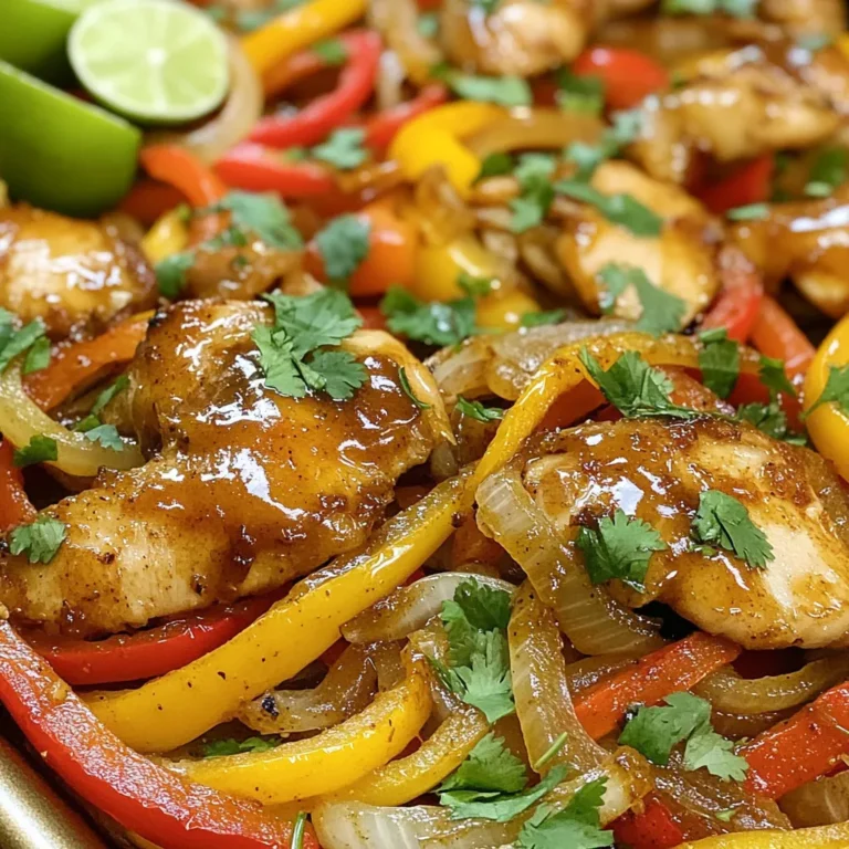 - 1.5 lbs boneless, skinless chicken thighs - 2 bell peppers (1 red, 1 yellow) - 1 medium onion - Fresh cilantro and lime wedges for serving - Honey - Soy sauce - Olive oil - Garlic - Ground cumin - Smoked paprika - Chili powder - Tortillas for serving - Salt and pepper to taste - Parchment paper for baking Choosing the right ingredients can make or break a dish. I love using boneless, skinless chicken thighs. They stay juicy and tender during cooking. The bright colors of red and yellow bell peppers not only look great but also add a sweet crunch. A medium onion brings a nice bite to the mix, balancing the flavors perfectly. The sauce is where the magic happens. Honey gives a sweet touch. Soy sauce adds umami, which makes the dish savory. Olive oil keeps everything moist. Fresh garlic packs a punch, while ground cumin, smoked paprika, and chili powder bring warmth and depth. Tortillas are essential for serving. You can use corn or flour, depending on your taste. A sprinkle of salt and pepper enhances the chicken and veggies. Lastly, parchment paper makes cleanup easy and helps with even cooking. With these ingredients, you create a tasty and colorful meal that everyone will love! - Preheat the oven to 425°F (220°C). - Prepare a large baking sheet with parchment paper. This helps with cleanup. - In a bowl, whisk together honey, soy sauce, olive oil, minced garlic, and spices. - Add ground cumin, smoked paprika, chili powder, salt, and pepper for flavor. - Marinate chicken thighs in this mixture. Make sure each piece is coated well. - Spread the marinated chicken on the baking sheet. - Add sliced bell peppers and onion around the chicken. They will soak up the flavor. - Bake in the preheated oven for 25-30 minutes. Check the chicken is cooked through (165°F/75°C). The veggies should be tender. To make your fajitas extra tasty, let the chicken marinate longer. I recommend at least 30 minutes, but overnight is even better. This time lets the flavors soak in deeply. Always use fresh ingredients, like ripe bell peppers and crisp onions. Fresh veggies pop with flavor compared to older ones. Serve your fajitas with warm tortillas. They hold the filling well and taste great. Fresh garnishes like chopped cilantro and lime wedges add a nice touch. You can also add toppings like creamy avocado or zesty sour cream. These extras make every bite a delight. Cleaning up after cooking can be easy. Use parchment paper on your baking sheet to avoid sticking. This trick saves you time scrubbing later. For marinating, a resealable bag works wonders. It allows the chicken to soak in the flavors while keeping your bowl clean. {{image_4}} You can switch chicken thighs for chicken breast. The breast is leaner and still tasty. You might also try using other vegetables. Zucchini and mushrooms add great flavor and texture. They make the dish colorful and fun. Want more heat? Toss in some jalapeños. They will give your fajitas a spicy kick! You can also change the spices. Try adding taco seasoning or more garlic for a twist. Marinades can change too. Use a teriyaki glaze or a citrus-based sauce for new flavors. If you need gluten-free options, swap soy sauce for tamari. It has the same flavor without gluten. For a vegan meal, use plant-based meat. You can also try sauces made from nuts or seeds. These will keep it yummy and satisfying! To keep your leftover fajitas fresh, place them in an airtight container. Make sure to cool the fajitas before sealing the container. This helps avoid extra moisture, which can make them soggy. I recommend glass containers since they keep food fresh and are easy to clean. You can also use BPA-free plastic containers if you prefer. To reheat your fajitas, the oven works best. Preheat it to 350°F (175°C). Spread the fajitas on a baking sheet and cover them with foil. Heat for about 10-15 minutes or until hot. If you're in a hurry, use the microwave. Place fajitas on a microwave-safe plate, cover with a damp paper towel, and heat for 1-2 minutes. This keeps them moist. Make sure the chicken reaches 165°F (75°C) to ensure safety. You can freeze cooked fajitas for easy meals later. Let them cool completely, then transfer to freezer bags or containers. Remove as much air as possible to prevent freezer burn. They can last up to three months in the freezer. To thaw, place them in the fridge overnight. For quick reheating, you can use the microwave or oven as mentioned earlier. Just remember to check the temperature before eating. It takes about 25 to 30 minutes to cook chicken fajitas in the oven at 425°F (220°C). This temperature helps the chicken cook quickly and evenly. Always check that the chicken reaches 165°F (75°C) inside. The veggies should also be tender and lightly browned. Yes, you can prepare the marinade ahead of time. Make it a day before and store it in the fridge. This helps the flavors deepen. Just remember to let the chicken sit in the marinade for at least 15 minutes before cooking. The longer it sits, the more flavor it picks up. You can serve honey garlic chicken fajitas with various sides. Here are some tasty ideas: - Rice: Fluffy white or brown rice complements the dish well. - Beans: Black beans or refried beans add protein and fiber. - Guacamole: Creamy avocado dip enhances the flavor. - Salsa: Fresh salsa brightens the meal and adds a kick. - Corn: Sweet corn on the side adds a lovely crunch. Feel free to mix and match sides to suit your taste! You can create delicious honey garlic chicken fajitas with ease. We covered the key ingredients, step-by-step cooking instructions, and helpful tips. Remember to adjust flavors to suit your taste and switch up vegetables as needed. Store leftovers properly for later enjoyment. Enjoy your cooking journey and share these tasty fajitas with friends!