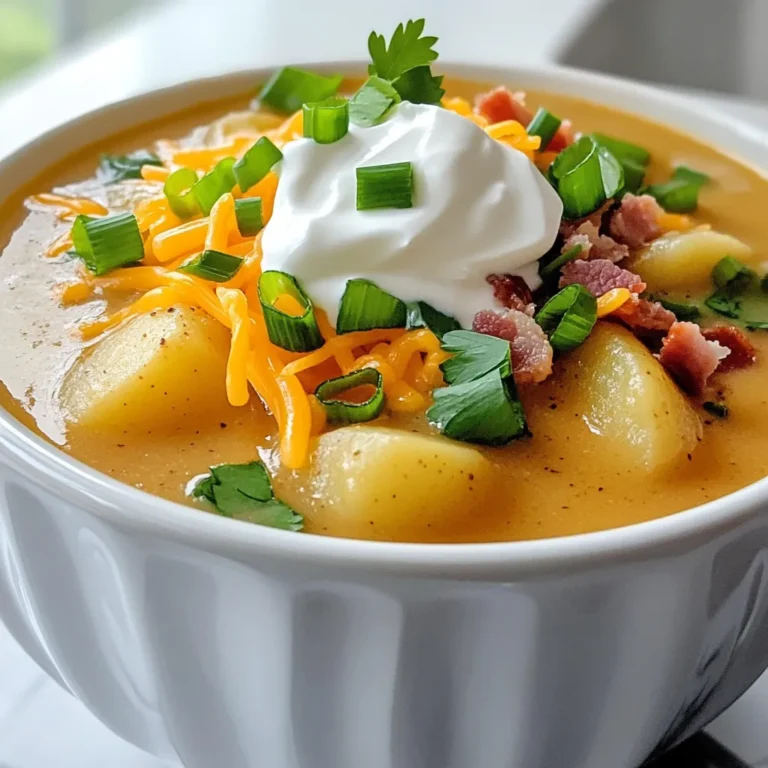 - 4 large russet potatoes, peeled and diced into bite-sized pieces - 1 medium onion, finely chopped - 3 cloves garlic, minced - 4 cups vegetable or chicken broth - 1 cup heavy cream or coconut cream - 1 cup shredded sharp cheddar cheese - 1/2 cup sour cream or Greek yogurt - 6 slices turkey bacon - 2 green onions, sliced thinly - Fresh parsley, chopped - 1 teaspoon smoked paprika - Salt and black pepper to taste When I make loaded baked potato soup, I love using fresh ingredients. The russet potatoes give the best texture. They break down nicely and add creaminess. I chop the onion and mince the garlic to build a strong base flavor. I choose vegetable broth for a light taste, or chicken broth if I want more depth. The cream adds richness, while the cheddar cheese makes it truly loaded. If you want a little tang, add sour cream or Greek yogurt. For extra flavor, I cook turkey bacon until crispy. It adds crunch and a salty kick. Green onions and fresh parsley brighten up the soup when I serve it. For seasoning, I always add smoked paprika for a nice hint of smokiness. I finish with salt and pepper to taste. This soup is all about layers of flavor that come together beautifully. - Combine 4 large russet potatoes, 1 medium onion, 3 cloves of garlic, and 4 cups of broth. - Mix well before cooking. Make sure all ingredients are evenly distributed for best flavor. - Set your slow cooker on low for 6-8 hours or high for 4 hours. - Cook until the potatoes are fork-tender. This means they should break apart easily when poked. - Mash the potatoes lightly for texture. You want some chunks for a hearty feel. - Stir in 1 cup of cream, 1 cup of cheese, and your seasonings. - Simmer for an additional 30 minutes to meld the flavors. This step enhances the taste, making it rich. To get a smooth texture, use a potato masher. This tool helps keep some chunks. If you want a super-smooth soup, try an immersion blender. Blend until you like the texture. When adding cream, do it slowly. This keeps the soup from getting too thin. Want to kick up the taste? Experiment with spices! A pinch of garlic powder or onion powder can work wonders. You can also try adding some fresh herbs. For cheese, sharp cheddar gives a rich flavor. You can mix it with Gruyère for a unique twist. For the best results, cook on low for 6-8 hours. If you're in a hurry, high for 4 hours works too. Always check that the potatoes are fork-tender. Safety is key! Never leave the slow cooker unattended for long periods. Make sure the lid is secure while cooking to avoid spills. {{image_4}} You can make this soup dairy-free easily. - Substitute cream with coconut cream: This swap gives you a rich and creamy texture without dairy. - Use nutritional yeast instead of cheese: Nutritional yeast adds a cheesy flavor and is great for a plant-based diet. Adding protein can make this dish heartier. - Adding cooked chicken or ham: Shredded chicken or diced ham adds flavor and fills you up. - Vegetarian options without bacon: You can skip the bacon for a tasty vegetarian soup. Toppings can change the soup’s flavor and look. - Alternative garnishes like croutons or avocado: Croutons add crunch, and avocado gives a creamy taste. - Using different herbs for garnish: Fresh herbs like chives or cilantro bring bright flavors and colors to your soup. To keep your loaded baked potato soup fresh, let it cool first. Pour it into airtight containers. Glass jars or plastic containers work well. Store the soup in the fridge for up to four days. Make sure the lid is on tight to keep out air. You can freeze this soup for later. Pour cooled soup into freezer-safe bags or containers. Leave some space at the top for expansion. When ready to eat, thaw it in the fridge overnight. Reheat on the stove or in the microwave. Stir well to mix before serving. In the fridge, your soup stays good for about four days. If you freeze it, it lasts up to three months. Always check for signs of spoilage. If the soup smells bad or has an odd color, don’t eat it. Trust your senses to keep your meals safe. Yes, you can make this soup ahead of time. It tastes even better the next day! To reheat properly, pour the soup into a pot. Heat it over low to medium heat. Stir often to avoid burning. If it gets too thick, add a bit of broth or water. You can also use the microwave. Just heat it in short bursts, stirring in between. If you want a lighter option, use coconut cream. It gives a nice flavor too. For a healthier twist, try Greek yogurt. It adds creaminess without the fat. If you're looking for a non-dairy option, almond milk or oat milk also work well. Just keep in mind that these may change the taste slightly. Yes, this soup can be gluten-free! Just ensure your broth is gluten-free. Many brands offer gluten-free options. The other ingredients are naturally gluten-free, so you’re all set. Always check labels to be safe. Enjoy your creamy, cozy bowl of loaded baked potato soup without worry! This blog post covered the essential ingredients, steps, and tips for making a tasty potato soup. You learned how to combine flavors and add delicious extras. Remember, you can customize it to fit your taste. Use different toppings and materials to create your perfect soup. With these steps, you'll make a cozy dish everyone will love. Enjoy your cooking journey!