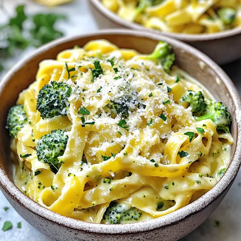 To make this creamy dish, you will need: - 8 oz fettuccine pasta - 2 cups broccoli florets (fresh or frozen) - 3 cups vegetable broth - 1 cup heavy cream - 1 cup freshly grated Parmesan cheese - 2 cloves garlic, minced - 1 tablespoon extra virgin olive oil - Salt and freshly ground black pepper to taste - 1 teaspoon dried Italian seasoning - Fresh parsley, finely chopped (for garnish) These ingredients combine to create a rich flavor. The fettuccine provides a nice texture while the broccoli adds color and nutrients. If you want to switch things up, consider these ideas: - Use whole wheat fettuccine for a healthier option. - Swap heavy cream for a lighter option like half-and-half or cashew cream. - Instead of vegetable broth, chicken broth also works well. - For a dairy-free version, use nutritional yeast in place of Parmesan cheese. These substitutes can still yield a delicious meal while fitting your dietary needs. For the best results, choose high-quality ingredients: - Look for organic fettuccine to avoid additives. - Select fresh broccoli if possible. It has better flavor. - Use real Parmesan cheese, not the pre-grated kind. - Choose extra virgin olive oil for the best taste. Investing in quality products makes a noticeable difference in flavor. Your pasta will taste gourmet, even though it’s simple to make! First, gather all your ingredients. You will need: - 8 oz fettuccine pasta - 2 cups broccoli florets (fresh or frozen) - 3 cups vegetable broth - 1 cup heavy cream - 1 cup freshly grated Parmesan cheese - 2 cloves garlic, minced - 1 tablespoon extra virgin olive oil - Salt and freshly ground black pepper to taste - 1 teaspoon dried Italian seasoning - Fresh parsley, finely chopped (for garnish) Next, wash and chop your broccoli florets if using fresh ones. Measure out the fettuccine, broth, cream, and cheese. This way, you won’t have to scramble while cooking. Heat the extra virgin olive oil in a large pot over medium heat. Add the minced garlic and sauté for about 30 seconds. You want it fragrant but not burnt! Then, toss in the fettuccine pasta. Pour the vegetable broth into the pot. Make sure to add the dried Italian seasoning. Stir everything well to coat the pasta evenly. Increase the heat and bring the mixture to a gentle simmer. Cook the pasta for about 6-8 minutes. Stir occasionally to stop it from sticking. After about 6 minutes, add in the broccoli florets. Cook for an additional 4-5 minutes. The pasta should be al dente and the broccoli tender but bright green. Lower the heat to a gentle warmth. Pour in the heavy cream and stir well to mix. Gradually add the grated Parmesan cheese. Keep stirring until the cheese melts. The sauce should be rich and creamy. Taste your dish and season with salt and freshly ground black pepper. If the sauce feels too thick, add a splash of vegetable broth for a lighter texture. Once finished, remove the pot from the heat. Let it cool slightly before serving. To get perfectly cooked fettuccine, follow these steps: - Use plenty of water to boil your pasta. - Add salt to the water for flavor. - Stir often to prevent sticking. - Check the pasta after six minutes. It should be al dente, firm but not hard. You’ll know it’s ready when it bends without breaking. Cooking time may vary if you use a different pasta type. Always taste to ensure it’s just right! To make your Alfredo sauce more flavorful, try these tips: - Use fresh garlic instead of powder. It packs a stronger punch. - Add a pinch of nutmeg for warmth and depth. - Don’t forget to salt the pasta water. This adds flavor from the start. - Use high-quality Parmesan cheese. It melts better and has a rich taste. Mix these tips into your cooking process. You’ll notice the difference in flavor! If you want to adjust the sauce’s thickness, here’s how: - For a creamier sauce, add more heavy cream or cheese. - Stir in a splash of pasta water for a smoother texture. - To make the sauce thinner, add extra vegetable broth. Always adjust slowly. This way, you control the sauce’s consistency. Taste as you go to find what you love! {{image_4}} You can easily add protein to your One Pot Broccoli Alfredo Pasta. Chicken or shrimp work great. For chicken, use cooked, diced pieces. Stir it in when you add the cream. For shrimp, add it when you put in the broccoli. Cook until they turn pink, which takes about 3-4 minutes. This makes the dish heartier and boosts flavor. Feel free to swap or add vegetables! Spinach, peas, or bell peppers can add color and taste. If you use spinach, add it in the last minute of cooking. For peas or bell peppers, toss them in when you add the broccoli. These veggies stay bright and fresh, adding texture to your pasta. You can try different types of pasta too. Fettuccine is classic, but penne or rotini works well. These shapes hold the sauce nicely. You can even use whole wheat or gluten-free pasta. Just keep an eye on cooking times, as they can vary. Choose what you like best to make this dish your own. To store leftovers, let the pasta cool first. Then, place it in an airtight container. You can keep it in the fridge for up to three days. Make sure to seal the container well to keep the flavors fresh. When reheating, use a pan on low heat. Add a splash of vegetable broth or cream. This helps return some creaminess to the dish. Stir gently to avoid burning. You can also use a microwave. Heat for 1-2 minutes, stirring halfway through. If you want to freeze your pasta, pack it in a freezer-safe container. Leave some space for expansion. It stays good for up to three months. To defrost, move it to the fridge overnight. Reheat as mentioned above for the best results. Yes, you can use whole wheat pasta. It adds a nutty flavor and extra fiber. Whole wheat pasta will change the dish’s texture slightly. Cook it the same way as regular fettuccine. Just keep an eye on the cooking time, as it may vary. You can store leftover One Pot Broccoli Alfredo Pasta in an airtight container. It lasts for about 3 to 5 days in the fridge. To keep it fresh, let it cool before sealing. You can also freeze it for up to 2 months. Just remember to thaw it in the fridge before reheating. Yes, you can make this dish vegan! Use plant-based pasta and swap the heavy cream for coconut milk or a soy-based cream. Instead of Parmesan cheese, use a vegan cheese or nutritional yeast for flavor. This way, you can enjoy the creamy goodness without any animal products. This blog post covered making One Pot Broccoli Alfredo Pasta from start to finish. We talked about key ingredients and steps for cooking. You learned tips for perfect pasta and how to change up flavors. We also went over how to store leftovers and answered common questions. In the end, this dish is easy and fun to make. You can customize it in many ways. Enjoy your cooking!