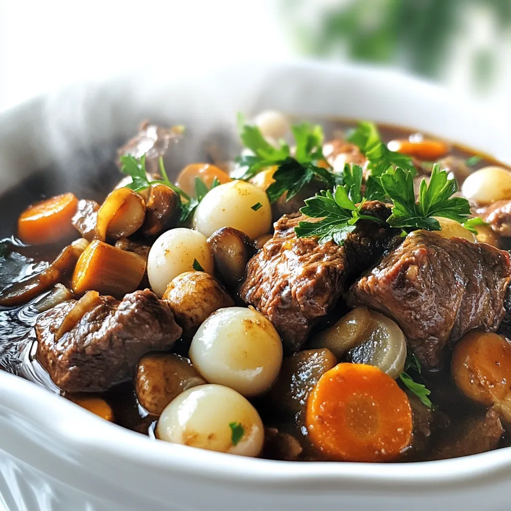 To make this savory dish, gather these key items: - 2 lbs beef chuck, cut into 1-inch cubes - 4 cups beef broth - 1 cup pearl onions, peeled - 2 cups mushrooms, quartered - 3 medium carrots, sliced into rounds - 3 garlic cloves, minced - 2 tablespoons tomato paste - 2 teaspoons dried thyme - 1 bay leaf - 1 tablespoon olive oil - Salt and freshly ground pepper to taste You can add a few items to boost flavor: - 3 tablespoons all-purpose flour (for thickening) - A splash of red wine for depth Garnishing can elevate your dish's look: - Fresh parsley, finely chopped - Crusty bread on the side - Creamy mashed potatoes as a base These ingredients work together to create a rich and hearty beef bourguignon that warms the heart. The optional ingredients enhance the taste, while the garnishes add a beautiful finish to your presentation. Start by cutting 2 lbs of beef chuck into 1-inch cubes. This size helps the beef cook evenly. In a large skillet, heat 1 tablespoon of olive oil over medium-high heat. Once hot, add the beef cubes in batches. Avoid overcrowding the pan. Sear the beef for about 4-5 minutes until it forms a nice brown crust. This step adds great flavor. After browning, transfer the beef to your slow cooker. In the same skillet, add 1 cup of peeled pearl onions, 2 cups of quartered mushrooms, and 3 sliced medium carrots. Sauté these for about 5 minutes. Stir occasionally to prevent sticking. You want them to soften but not lose their shape. Add in 3 minced garlic cloves and cook for another minute. This enhances the smell and taste of your dish. Now, you’ll make the sauce. In a medium bowl, whisk together 4 cups of beef broth, 2 tablespoons of tomato paste, 2 teaspoons of dried thyme, and 1 bay leaf. Don’t forget to add a generous pinch of salt and pepper. Pour this mixture over the beef and vegetables in the slow cooker. Ensure everything is submerged in the sauce for the best flavor. Cover your slow cooker with its lid. Cook on low for 7-8 hours or on high for 4-5 hours. The beef should be fork-tender when done. This slow cooking method allows the flavors to meld beautifully. Check halfway through to ensure it’s cooking evenly. If needed, give it a gentle stir. If you want a thicker stew, mix 3 tablespoons of all-purpose flour with a small amount of cold water. Stir until smooth to create a slurry. Add this to the slow cooker during the last 30 minutes of cooking. It will help thicken the sauce without changing the flavor. Before serving, remove the bay leaf and discard it. Ladle the hearty beef bourguignon into bowls. For a lovely touch, sprinkle freshly chopped parsley on top. This adds color and freshness. Serve with crusty bread or creamy mashed potatoes for a complete meal. Enjoy this comforting dish with family or friends! Searing beef is key for great flavor. Start with a hot skillet and olive oil. - Use 2 lbs of beef chuck, cut into 1-inch cubes. - Don’t crowd the pan; sear in batches. - Brown each side for 4-5 minutes. This creates a tasty crust and locks in juices. Seasoning makes a big difference in taste. Use fresh herbs and spices. - Add 2 teaspoons of dried thyme. - Include 1 bay leaf for rich aroma. - Don’t forget salt and freshly ground pepper to taste. These enhance the dish and build layers of flavor. Prep time can be quick with a few tricks. - Chop all veggies ahead of time. - Use pre-peeled pearl onions to save time. - Mince garlic in bulk and freeze. These steps help you save time on busy days and keep your kitchen smooth. {{image_4}} You can add many vegetables to your beef bourguignon. Try using parsnips. They have a sweet, earthy taste. Turnips also work well. They add a nice bite to the stew. You can use green beans for a pop of color and texture. Peas can add sweetness. Just toss them in during the last hour of cooking. This way, they stay bright and fresh. Beef chuck is great for this dish, but other cuts work too. Brisket is a flavorful choice. It has a rich taste and tender texture. You can also use round or short ribs. Both cuts will give you a tasty result. Just ensure the beef is well-marbled. This fat will help keep it moist and tender while cooking. Want to go meatless? You can make a veggie version of beef bourguignon! Use mushrooms as the star. They give a hearty texture. Add lentils for protein and fiber. You can also use tempeh or tofu for a meat-like feel. Replace the beef broth with vegetable broth. This keeps all the flavors while making it plant-based. Don't forget to add extra herbs to boost the taste! You can store leftovers in the fridge. Make sure to cool the beef bourguignon first. Place it in an airtight container. It will stay fresh for up to three days. When you are ready to enjoy it again, simply open the container and savor the rich flavors. To freeze, let the dish cool completely. Transfer it to a freezer-safe container. You can store it for up to three months. Make sure to leave some space at the top. The stew will expand as it freezes. When you want to eat it, just thaw it in the fridge overnight. Reheating is easy. You can use the stovetop or microwave. If using the stovetop, heat it in a pot over low heat. Stir it often to warm it evenly. If using the microwave, place it in a safe dish. Heat in short bursts, stirring in between. Make sure it’s hot all the way through before serving. Enjoy your delicious meal again! Yes, you can make beef bourguignon without wine. Use extra beef broth instead. This keeps the dish rich and flavorful. You can also add a splash of vinegar for acidity. The beef is tender when it easily falls apart with a fork. After 7-8 hours on low, it should be very soft. Check it at the 6-hour mark if cooking on high. Yes, you can make this dish a day before. Let it cool, then store it in the fridge. Reheat it on low in the slow cooker before serving. The flavors will be even better! Beef bourguignon pairs well with: - Crusty bread - Creamy mashed potatoes - Buttered noodles - Green beans These sides soak up the sauce and complement the beef. If your slow cooker runs hot, reduce cooking time by one hour. For older models, check the beef earlier. Always use a fork to test for tenderness. Adjust based on your cooker’s performance. This article shared the key ingredients and steps for making Slow Cooker Beef Bourguignon. You learned about essential, optional ingredients, and garnishes for a great finish. I explained how to prepare the beef, sauté veggies, and mix sauces. Plus, I included handy tips, variations, and storage advice. Beef Bourguignon can fit any taste or schedule. Use these ideas to make it your own. Enjoy the rich flavors and share this dish with your favorite people. Happy cooking!
