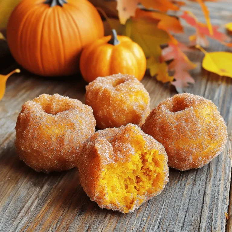 - 1 cup all-purpose flour - 1 teaspoon baking powder - 1/4 teaspoon baking soda - 1/2 teaspoon ground cinnamon - 1/4 teaspoon ground nutmeg - 1/4 teaspoon salt - 1/3 cup granulated sugar - 1/2 cup canned pumpkin puree - 1 large egg - 1/4 cup whole milk - 1 teaspoon pure vanilla extract - 1/4 cup granulated sugar (for coating) - 1 teaspoon ground cinnamon (for coating) - 1/2 cup unsalted butter (for frying) Gathering the right ingredients is key to making pumpkin churro donut holes. Start with your dry ingredients. Sift together the flour, baking powder, baking soda, cinnamon, nutmeg, and salt. This step helps create a smooth blend and ensures even rising. Next, focus on the wet ingredients. Combine the granulated sugar, pumpkin puree, egg, whole milk, and vanilla in a large bowl. Whisk it until smooth. The pumpkin will add moisture and flavor. Lastly, prepare the coating ingredients. Mix the extra granulated sugar and cinnamon together in a shallow dish. This mixture gives the churros their sweet, crunchy finish. With these ingredients at hand, you're ready to create a delightful treat. Start by sifting together the dry ingredients. In a medium bowl, mix: - 1 cup all-purpose flour - 1 teaspoon baking powder - 1/4 teaspoon baking soda - 1/2 teaspoon ground cinnamon - 1/4 teaspoon ground nutmeg - 1/4 teaspoon salt Sifting helps combine them well and avoids lumps. Set this mixture aside. In a large bowl, combine the wet ingredients. Add: - 1/3 cup granulated sugar - 1/2 cup canned pumpkin puree - 1 large egg - 1/4 cup whole milk - 1 teaspoon pure vanilla extract Whisk everything until it’s smooth. This step adds flavor and moisture. Now, fold the dry ingredients into the wet ones. Do it slowly and gently. Stir until the batter is mixed, but don’t worry about lumps. A few small lumps are okay. Heat the butter in a deep pan or skillet. Use 1/2 cup unsalted butter. Turn the heat to medium until it melts. Check the temperature; it should reach about 350°F (175°C). The butter should be hot but not smoking. Use a small cookie scoop or your hands to shape the dough. Take portions and roll them into balls. Each ball should be about 1 inch in diameter. This size will help them cook well. Carefully drop the dough balls into the hot butter. Fry them in batches to prevent overcrowding. Cook for about 2-3 minutes on each side. They should turn a nice golden brown. Use a slotted spoon to remove them and let excess butter drip off. Place them on paper towels to drain. In a shallow dish, mix the cinnamon sugar. Combine: - 1/4 cup granulated sugar - 1 teaspoon ground cinnamon Stir until they blend well. This will give your donut holes a sweet and spicy flavor. While each donut hole is warm, roll them in the cinnamon sugar mixture. Make sure they are well-coated. This coating adds a delightful crunch and sweetness. Serve the pumpkin churro donut holes right away. They taste best warm. Place them in a decorative bowl, and sprinkle more cinnamon sugar on top. Enjoy them with a warm drink for a cozy treat! To make perfect donut holes, focus on the dough's texture. You want it to be thick but not dry. When mixing, avoid overmixing, as small lumps are okay. This keeps the donut holes light and fluffy. Use a small cookie scoop for even sizes. This ensures they cook evenly and look great. You can fry or bake these delicious treats. Frying gives you a crispy outside and soft inside. Use unsalted butter for frying, and keep the heat steady at 350°F. If you choose to bake, preheat your oven to 350°F. Place the dough balls on a baking sheet lined with parchment paper. Bake for about 12-15 minutes, or until golden brown. Both methods yield tasty results, but frying adds that classic churro flair. Serve these pumpkin churro donut holes warm for the best taste. They are most flavorful right after frying or baking. If you have leftovers, eat them within a day. The longer they sit, the less fresh they become. If you want to enjoy them later, store them in an airtight container. Just remember, the warm, fresh taste is hard to beat! {{image_4}} You can change the flavor of your pumpkin churro donut holes by adding spices. Try adding ginger for warmth. Cloves can add a nice kick. You might also enjoy a touch of cardamom for a unique twist. Just remember to balance the spices so they enhance the pumpkin's taste. If you want a healthier option, try baking the donut holes. Preheat your oven to 350°F (175°C). Instead of frying, place the rolled dough on a lined baking sheet. Bake for about 15-20 minutes until golden. They will still taste great, and you can enjoy them guilt-free! For added fun, mix in chocolate chips or nuts. Mini chocolate chips blend well with the pumpkin. Chopped nuts like walnuts or pecans add crunch. Just fold these extras into the batter before frying or baking. They give the donut holes a delightful surprise with each bite. Store leftover pumpkin churro donut holes in an airtight container. Make sure they cool completely first. This keeps them fresh and prevents them from getting soggy. You can keep them at room temperature for up to two days. If you want to keep them longer, move to the fridge. They will last up to a week in there. To reheat the donut holes, use an oven or an air fryer. Preheat the oven to 350°F (175°C). Place the donut holes on a baking sheet. Heat them for about 5-7 minutes. This method will make them warm and slightly crispy again. If using an air fryer, set it to 350°F (175°C) and heat for about 3-4 minutes. Avoid using a microwave, as it can make them chewy. For longer storage, freeze the donut holes. Place them in a single layer on a baking sheet. Freeze them for an hour until they are firm. Then, transfer them to a freezer-safe bag or container. Label the bag with the date. They can stay in the freezer for up to three months. When ready to eat, thaw them in the fridge overnight and reheat as mentioned. Yes, you can make these donuts gluten-free. Use a gluten-free flour blend instead of all-purpose flour. Many blends work well in recipes like this. Just ensure the blend contains xanthan gum to help with texture. If you need a substitute for unsalted butter, use coconut oil or vegetable oil. Both oils give a nice flavor and texture. You can also use margarine, but check for any added flavors that may change the taste. You’ll know the donuts are cooked when they turn a golden brown color. Fry them for about 2-3 minutes on each side. You can also poke one to see if it feels firm inside. If it's soft, give it more time. Yes, you can use fresh pumpkin instead of canned. Just cook and puree the pumpkin until smooth. It may add a bit more moisture, so adjust the flour slightly if needed. Fresh pumpkin can give a richer flavor! In this blog post, we covered the key ingredients for making delicious donut holes. We walked through the step-by-step process, from mixing the dry and wet ingredients to frying and coating. I shared tips for perfect results, cooking methods, and fun variations. Remember, creating these treats allows for creativity and fun. So, gather your ingredients, follow the steps, and enjoy your homemade donut holes fresh. You’ll impress friends and family with your tasty skills!