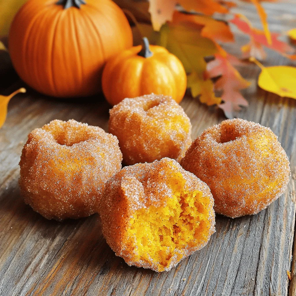- 1 cup all-purpose flour - 1 teaspoon baking powder - 1/4 teaspoon baking soda - 1/2 teaspoon ground cinnamon - 1/4 teaspoon ground nutmeg - 1/4 teaspoon salt - 1/3 cup granulated sugar - 1/2 cup canned pumpkin puree - 1 large egg - 1/4 cup whole milk - 1 teaspoon pure vanilla extract - 1/4 cup granulated sugar (for coating) - 1 teaspoon ground cinnamon (for coating) - 1/2 cup unsalted butter (for frying) Gathering the right ingredients is key to making pumpkin churro donut holes. Start with your dry ingredients. Sift together the flour, baking powder, baking soda, cinnamon, nutmeg, and salt. This step helps create a smooth blend and ensures even rising. Next, focus on the wet ingredients. Combine the granulated sugar, pumpkin puree, egg, whole milk, and vanilla in a large bowl. Whisk it until smooth. The pumpkin will add moisture and flavor. Lastly, prepare the coating ingredients. Mix the extra granulated sugar and cinnamon together in a shallow dish. This mixture gives the churros their sweet, crunchy finish. With these ingredients at hand, you're ready to create a delightful treat. Start by sifting together the dry ingredients. In a medium bowl, mix: - 1 cup all-purpose flour - 1 teaspoon baking powder - 1/4 teaspoon baking soda - 1/2 teaspoon ground cinnamon - 1/4 teaspoon ground nutmeg - 1/4 teaspoon salt Sifting helps combine them well and avoids lumps. Set this mixture aside. In a large bowl, combine the wet ingredients. Add: - 1/3 cup granulated sugar - 1/2 cup canned pumpkin puree - 1 large egg - 1/4 cup whole milk - 1 teaspoon pure vanilla extract Whisk everything until it’s smooth. This step adds flavor and moisture. Now, fold the dry ingredients into the wet ones. Do it slowly and gently. Stir until the batter is mixed, but don’t worry about lumps. A few small lumps are okay. Heat the butter in a deep pan or skillet. Use 1/2 cup unsalted butter. Turn the heat to medium until it melts. Check the temperature; it should reach about 350°F (175°C). The butter should be hot but not smoking. Use a small cookie scoop or your hands to shape the dough. Take portions and roll them into balls. Each ball should be about 1 inch in diameter. This size will help them cook well. Carefully drop the dough balls into the hot butter. Fry them in batches to prevent overcrowding. Cook for about 2-3 minutes on each side. They should turn a nice golden brown. Use a slotted spoon to remove them and let excess butter drip off. Place them on paper towels to drain. In a shallow dish, mix the cinnamon sugar. Combine: - 1/4 cup granulated sugar - 1 teaspoon ground cinnamon Stir until they blend well. This will give your donut holes a sweet and spicy flavor. While each donut hole is warm, roll them in the cinnamon sugar mixture. Make sure they are well-coated. This coating adds a delightful crunch and sweetness. Serve the pumpkin churro donut holes right away. They taste best warm. Place them in a decorative bowl, and sprinkle more cinnamon sugar on top. Enjoy them with a warm drink for a cozy treat! To make perfect donut holes, focus on the dough's texture. You want it to be thick but not dry. When mixing, avoid overmixing, as small lumps are okay. This keeps the donut holes light and fluffy. Use a small cookie scoop for even sizes. This ensures they cook evenly and look great. You can fry or bake these delicious treats. Frying gives you a crispy outside and soft inside. Use unsalted butter for frying, and keep the heat steady at 350°F. If you choose to bake, preheat your oven to 350°F. Place the dough balls on a baking sheet lined with parchment paper. Bake for about 12-15 minutes, or until golden brown. Both methods yield tasty results, but frying adds that classic churro flair. Serve these pumpkin churro donut holes warm for the best taste. They are most flavorful right after frying or baking. If you have leftovers, eat them within a day. The longer they sit, the less fresh they become. If you want to enjoy them later, store them in an airtight container. Just remember, the warm, fresh taste is hard to beat! {{image_4}} You can change the flavor of your pumpkin churro donut holes by adding spices. Try adding ginger for warmth. Cloves can add a nice kick. You might also enjoy a touch of cardamom for a unique twist. Just remember to balance the spices so they enhance the pumpkin's taste. If you want a healthier option, try baking the donut holes. Preheat your oven to 350°F (175°C). Instead of frying, place the rolled dough on a lined baking sheet. Bake for about 15-20 minutes until golden. They will still taste great, and you can enjoy them guilt-free! For added fun, mix in chocolate chips or nuts. Mini chocolate chips blend well with the pumpkin. Chopped nuts like walnuts or pecans add crunch. Just fold these extras into the batter before frying or baking. They give the donut holes a delightful surprise with each bite. Store leftover pumpkin churro donut holes in an airtight container. Make sure they cool completely first. This keeps them fresh and prevents them from getting soggy. You can keep them at room temperature for up to two days. If you want to keep them longer, move to the fridge. They will last up to a week in there. To reheat the donut holes, use an oven or an air fryer. Preheat the oven to 350°F (175°C). Place the donut holes on a baking sheet. Heat them for about 5-7 minutes. This method will make them warm and slightly crispy again. If using an air fryer, set it to 350°F (175°C) and heat for about 3-4 minutes. Avoid using a microwave, as it can make them chewy. For longer storage, freeze the donut holes. Place them in a single layer on a baking sheet. Freeze them for an hour until they are firm. Then, transfer them to a freezer-safe bag or container. Label the bag with the date. They can stay in the freezer for up to three months. When ready to eat, thaw them in the fridge overnight and reheat as mentioned. Yes, you can make these donuts gluten-free. Use a gluten-free flour blend instead of all-purpose flour. Many blends work well in recipes like this. Just ensure the blend contains xanthan gum to help with texture. If you need a substitute for unsalted butter, use coconut oil or vegetable oil. Both oils give a nice flavor and texture. You can also use margarine, but check for any added flavors that may change the taste. You’ll know the donuts are cooked when they turn a golden brown color. Fry them for about 2-3 minutes on each side. You can also poke one to see if it feels firm inside. If it's soft, give it more time. Yes, you can use fresh pumpkin instead of canned. Just cook and puree the pumpkin until smooth. It may add a bit more moisture, so adjust the flour slightly if needed. Fresh pumpkin can give a richer flavor! In this blog post, we covered the key ingredients for making delicious donut holes. We walked through the step-by-step process, from mixing the dry and wet ingredients to frying and coating. I shared tips for perfect results, cooking methods, and fun variations. Remember, creating these treats allows for creativity and fun. So, gather your ingredients, follow the steps, and enjoy your homemade donut holes fresh. You’ll impress friends and family with your tasty skills!