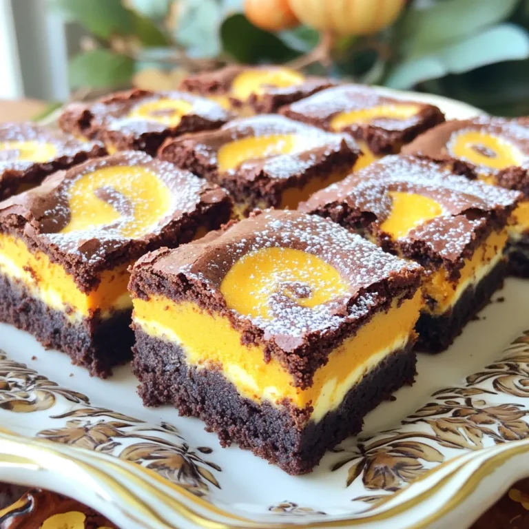 To make Pumpkin Cheesecake Swirl Brownies, you need the following ingredients: - 1 cup unsalted butter, melted - 2 cups granulated sugar - 4 large eggs - 1 cup all-purpose flour - 1 cup unsweetened cocoa powder - 1 teaspoon vanilla extract - 1/2 teaspoon baking powder - 1/4 teaspoon salt - 1 cup pumpkin puree - 8 oz cream cheese, softened to room temperature - 1/2 cup powdered sugar - 1 teaspoon ground cinnamon - 1/2 teaspoon ground nutmeg These ingredients create a rich and creamy dessert. The butter adds moisture, while the sugar sweetens the mix. Eggs bind everything together and give the brownies a nice lift. Next, the flour and cocoa powder form the base. The pumpkin puree adds flavor and a creamy texture. Cream cheese, sugar, and spices create the cheesecake swirl. Using fresh spices like cinnamon and nutmeg makes a big difference. They enhance the cozy, autumn feel of the brownies. Gather these ingredients before you start your baking adventure. This helps make the process smooth and fun. Enjoy the mix of flavors as you create this tasty treat! First, preheat your oven to 350°F (175°C). While it warms up, grab a 9x13 inch baking pan. Lightly grease it or line it with parchment paper. This step helps the brownies come out easily after baking. In a medium bowl, mix 1 cup of melted unsalted butter with 2 cups of granulated sugar. Whisk them until they are smooth. Next, add 4 large eggs one at a time. Mix well after each egg. Stir in 1 teaspoon of vanilla extract until it is all combined. In another bowl, sift together 1 cup of all-purpose flour, 1 cup of unsweetened cocoa powder, 1 teaspoon of baking powder, and 1/4 teaspoon of salt. Slowly fold this dry mix into your wet ingredients. Stir gently until they are just combined. Do not overmix; a few lumps are fine. Now, set aside 1 cup of the brownie batter for later. Spread the rest of the batter evenly in the bottom of your prepared pan. This will be the base layer for your delicious brownies. In a separate bowl, combine 8 oz of softened cream cheese, 1/2 cup of powdered sugar, 1 cup of pumpkin puree, 1 teaspoon of ground cinnamon, and 1/2 teaspoon of ground nutmeg. Mix this with an electric mixer or whisk until it is smooth and creamy. Make sure there are no lumps. Dollop generous spoonfuls of the pumpkin cheesecake mixture over your brownie base. Next, add dollops of the reserved brownie batter on top of the pumpkin mix. Take a knife or skewer and gently swirl the batters together. Aim for nice swirls without overmixing. Place your pan in the preheated oven and bake for 30-35 minutes. To check if they are done, insert a toothpick in the center. It should come out with a few moist crumbs. Once baked, remove the pan from the oven and let it cool for at least 15 minutes. Then, transfer the brownies to a wire rack to cool completely before slicing. Enjoy your tasty creation! Start with all your ingredients ready. This makes cooking smooth. Measure out: - 1 cup unsalted butter, melted - 2 cups granulated sugar - 4 large eggs - 1 cup all-purpose flour - 1 cup unsweetened cocoa powder - 1 teaspoon vanilla extract - 1/2 teaspoon baking powder - 1/4 teaspoon salt - 1 cup pumpkin puree - 8 oz cream cheese, softened - 1/2 cup powdered sugar - 1 teaspoon ground cinnamon - 1/2 teaspoon ground nutmeg Have everything at room temperature. This helps the mixtures blend well. Swirling is key for a great look. Use a knife or skewer for this. After dolloping both batters, make gentle swirls. - Avoid overmixing; keep distinct layers. - Aim for a nice marbled effect. Too much mixing makes it muddy. You want to see the brownie and pumpkin cheesecake. To check if your brownies are done, use a toothpick. Insert it in the center. - It should come out with a few moist crumbs. - If it’s wet, it needs more time. Bake for about 30-35 minutes. Don’t rush this step; it makes a big difference in texture. Let them cool before slicing for perfect squares! {{image_4}} Adding chocolate chips can take these brownies to the next level. You can mix in about one cup of semi-sweet chocolate chips into the brownie batter. This adds extra sweetness and a rich chocolate flavor. You can also sprinkle some on top before baking. The chocolate creates a delightful contrast with the pumpkin cheesecake swirl. If you want to switch things up, you can replace pumpkin with other purees. Consider using sweet potato or butternut squash for a similar texture. These options provide a unique twist while keeping the taste rich and creamy. You may need to adjust spices slightly to match the new puree. To make these brownies gluten-free, swap the all-purpose flour for a gluten-free blend. Many blends work well in baking, so choose one that you like. Make sure to check that all other ingredients are gluten-free. This way, everyone can enjoy these tasty treats without worry. To keep your pumpkin cheesecake swirl brownies fresh, store them in an airtight container. This method preserves their moisture and flavor. You can keep them at room temperature for up to three days. If you want to store them longer, refrigerating them is a great option. Just remember to wrap them well to prevent drying out. You can freeze these brownies for up to three months. First, let them cool completely. Then, cut them into squares. Wrap each piece tightly in plastic wrap and place them in a freezer-safe bag. Label the bag with the date to keep track. When you’re ready to enjoy, simply thaw them in the fridge overnight. For a warm treat, reheat your brownies in the microwave. Place a brownie on a microwave-safe plate and heat for about 10-15 seconds. You can also warm them in the oven. Preheat the oven to 350°F (175°C) and place the brownies on a baking sheet. Heat them for about 5-10 minutes. Enjoy the gooey texture that comes with warmth! Yes, you can make these brownies ahead of time. Bake the brownies and let them cool completely. After that, cover them well with plastic wrap or foil. They can stay fresh in the fridge for up to five days. You can also freeze them for up to three months. Just thaw them in the fridge overnight before serving. To make these brownies more festive, you can add toppings. Try crushed nuts, chocolate chips, or whipped cream. You can also sprinkle some seasonal spices, like extra cinnamon or nutmeg, on top. For special occasions, use festive cookie cutters to shape the brownies. Another fun idea is to drizzle melted chocolate over the top for a finishing touch. Cutting brownies can be tricky, but a few simple tips help. First, use a sharp knife for clean cuts. You can warm the knife in hot water, then dry it before cutting. This way, the knife slides through easily. After each cut, wipe the knife to remove any sticky bits. For even slices, score the brownies lightly before cutting all the way through. This blog post covered the key ingredients, detailed steps, and useful tips for making pumpkin cheesecake swirl brownies. You learned how to blend flavors and create a unique treat. Remember, you can personalize with chocolate chips or other purees. Store leftovers well for future enjoyment. Baking should be fun, so try new ideas and enjoy every bite. Happy baking, and may your brownies turn out delicious!