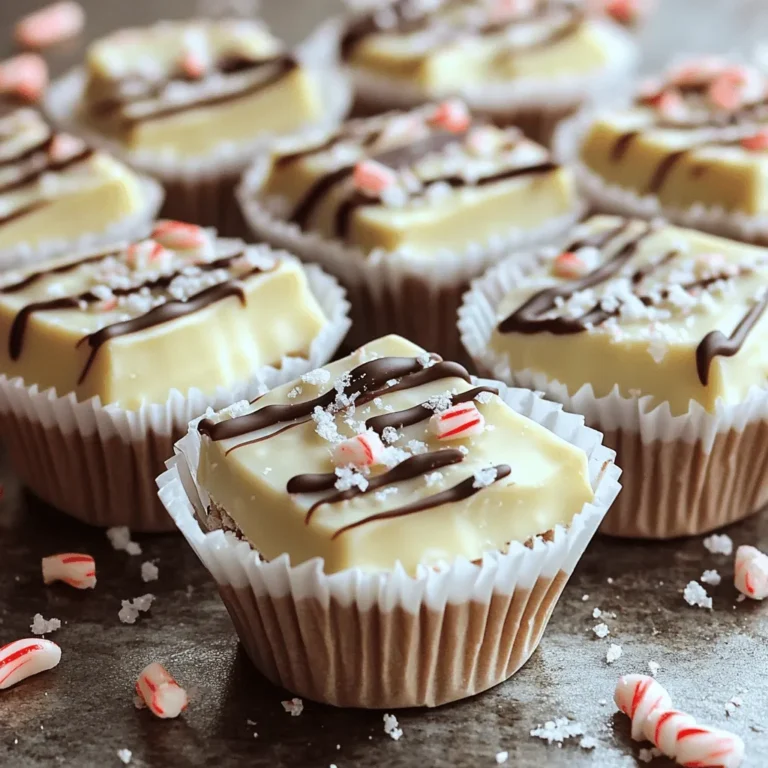 To create White Chocolate Peppermint Bark Bites, gather these simple ingredients: - 8 oz white chocolate, finely chopped - 1/2 cup crushed peppermint candies (or crushed candy canes) - 1/4 cup dark chocolate chips (for drizzling) - Pinch of sea salt - Mini cupcake liners (for serving) These ingredients come together to make a sweet and festive treat. The white chocolate provides a creamy base, while the crushed peppermint adds a refreshing crunch. Dark chocolate drizzle enhances the flavor and looks beautiful. The sea salt gives a nice balance to the sweetness. When choosing your white chocolate, make sure it has real cocoa butter. This will melt better and taste richer. For the crushed peppermint, you can use store-bought candies or make your own by crushing candy canes. Either way, they bring a holiday spirit to your bites. Use mini cupcake liners to make serving easy and fun. They also help keep your bites neat and tidy. This way, you can enjoy these treats with friends and family without any mess. Now that you have your ingredients ready, you're all set to make these delightful bites! - Lay out parchment paper. - Place mini cupcake liners on the baking sheet. This step keeps your workspace clean. It also makes serving easy later. - Microwave 8 oz of finely chopped white chocolate. - Heat in 30-second intervals and stir after each. Be careful not to overheat the chocolate. It should melt smoothly and not burn. - Fold in 1/2 cup of crushed peppermint candies. Make sure the candies mix evenly into the melted chocolate. This adds flavor and a festive look. - Use a spoon to portion the mixture into the cupcake liners. Fill each liner about halfway full. This leaves space for toppings. - Sprinkle some reserved crushed peppermint on top. - Add a pinch of sea salt to each. These toppings enhance the flavor. They also give your bites a cute look. - Refrigerate the baking sheet until firm (about 30 minutes). This helps the chocolate set properly. - Melt 1/4 cup of dark chocolate chips in a bowl. Use the same microwave method as before, stirring until smooth. - Use a fork or piping bag to drizzle the dark chocolate. This adds a beautiful touch to each bite. - Chill the bites again for 15 minutes. This step allows the dark chocolate to set completely. - Carefully peel the bites from the cupcake liners. - Arrange them on a platter. These bites look great on a festive plate. Enjoy your sweet treat! To melt white chocolate, use a microwave-safe bowl. Microwave in 30-second bursts. After each burst, stir well. This helps the chocolate melt evenly. Do not let it overheat, as it can burn easily. If the chocolate is lumpy, keep stirring. It will become smooth and shiny. For a tidy drizzle of dark chocolate, use a piping bag. Fill a bag with melted dark chocolate. Snip a tiny corner of the bag. This gives you control over the drizzle. If you don't have a piping bag, a fork works too. Just dip it in the chocolate and let it drizzle over the bites. To keep your white chocolate peppermint bark bites fresh, store them in an airtight container. Place parchment paper between layers to avoid sticking. Keep the container in a cool, dry place. They stay best at room temperature. If you want to keep them longer, you can freeze them. Just wrap each bite in plastic wrap before freezing. {{image_4}} You can add a splash of peppermint extract to boost the minty flavor. This small change makes your bites even more refreshing. Just be careful with the amount. A little goes a long way. Start with a few drops and taste. Adjust it if you want more. Mix it up by using different types of chocolate or nuts. Instead of dark chocolate, try semi-sweet or milk chocolate for a new taste. You can also sprinkle nuts like almonds or walnuts on top. This adds crunch and flavor. Choose toppings that you love. Get creative! You can customize these bites for other holidays. For fall, add a pinch of cinnamon or nutmeg. For spring, try adding colorful sprinkles. These small changes keep the treats fun and festive. They make great gifts too. Let your imagination guide you! To keep your White Chocolate Peppermint Bark Bites fresh, store them in a cool, dry place. Do not expose them to heat or moisture. A sealed container works best. This helps retain their flavor and texture. If you want to save some bites for later, freezing is a great option. Place the bites in a single layer on a baking sheet. Freeze them for about two hours. Once set, transfer them to a freezer-safe bag. This method keeps them from sticking together. These delightful treats can last about two weeks at room temperature. If frozen, they can stay good for up to three months. For the best flavor and texture, enjoy them within the first month. To make these bites, start by melting 8 oz of white chocolate. Use a microwave-safe bowl and heat it in 30-second intervals, stirring well each time. Once smooth, fold in 1/3 cup of crushed peppermint candies. Portion the mix into mini cupcake liners. Sprinkle more crushed peppermint and a pinch of sea salt on top. Chill them for 30 minutes. Drizzle with melted dark chocolate, then chill again for 15 minutes before serving. Yes, you can! Dark or milk chocolate works well too. Each type provides a different taste. Dark chocolate gives a richer flavor. Milk chocolate adds creaminess. You can even mix different chocolates for a fun twist. To crush peppermint candies, place them in a resealable plastic bag. Use a rolling pin or a meat mallet to crush them into small pieces. Ensure they are not too fine, as some texture adds to the bites. An alternative is to use a food processor for a quicker method. You can store these bites for about two weeks. Keep them in an airtight container. Store them in a cool, dry place. If you live in a warm area, the fridge is a better option. Absolutely! You can add nuts, dried fruit, or even different chocolate drizzles. Get creative and make them your own. Just be sure to balance flavors so they complement the peppermint. Yes, these treats make great gifts! Pack them in decorative boxes or jars. You can add a personal note or label. They look festive and taste delightful, making them perfect for sharing. You learned how to make delicious White Chocolate Peppermint Bark Bites. We covered the ingredients, step-by-step instructions, and tips for perfect results. Remember to mix melted chocolate carefully and use a piping bag for neat drizzle designs. Feel free to experiment with flavors and toppings. These bites are great for holidays or as gifts. Enjoy making and sharing this tasty treat!