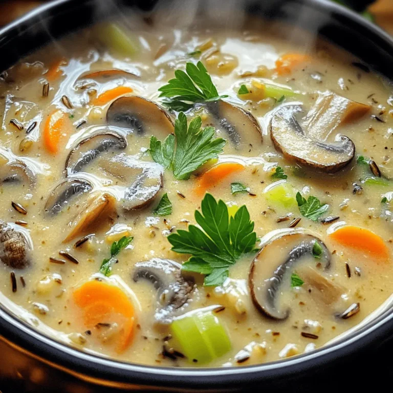 To make this soup, you need a few key ingredients that bring great flavor and texture. Here’s what you will need: - 1 cup wild rice, thoroughly rinsed - 1 tablespoon extra virgin olive oil - 1 medium onion, finely chopped - 3 cloves garlic, minced - 2 cups cremini mushrooms, sliced thinly - 2 medium carrots, diced small - 2 celery stalks, diced small - 4 cups vegetable broth, preferably low-sodium - 1 cup coconut milk or heavy cream - 1 teaspoon dried thyme - 1 teaspoon dried rosemary - Salt and cracked black pepper to taste - Fresh parsley, finely chopped (for garnish) Wild rice is the star here. It adds a chewy texture. The cremini mushrooms give a rich, earthy flavor. The coconut milk or cream makes it creamy and smooth. You can change this soup to suit your taste. Here are some optional ingredients you can try: - Spinach or kale for added greens - Chicken for a heartier dish - Leeks for a mild onion flavor - Corn for sweetness - Peas for a pop of color Feel free to mix and match. These options help you create your own version of this soup. Herbs and spices make a big difference in flavor. Here are some great choices: - Bay leaves for depth of flavor - Fresh thyme for a brighter taste - A dash of nutmeg for warmth - Lemon juice for brightness Using these herbs can elevate your soup. They bring out the natural flavors of the other ingredients. Start by heating 1 tablespoon of extra virgin olive oil in a large pot. Use medium heat. Add 1 medium onion, chopped finely. Sauté the onion for about 5 minutes. It should become soft and clear. Stir it often to keep it from burning. Next, add 3 cloves of minced garlic. Cook this for 1 minute. The garlic will smell great. Make sure it doesn’t brown. Now, it’s time for the mushrooms and other veggies. Add 2 cups of sliced cremini mushrooms to the pot. Also, add 2 small diced carrots and 2 small diced celery stalks. Cook everything for 7 to 8 minutes. Stir it often. The mushrooms will let out moisture and get soft. Once the veggies are ready, stir in 1 cup of rinsed wild rice. Pour in 4 cups of vegetable broth next. Add 1 teaspoon of dried thyme and 1 teaspoon of dried rosemary. Bring everything to a boil. Then, reduce the heat to low and cover the pot. Let it simmer for 40 to 45 minutes. The wild rice will be tender when done. After the rice cooks, stir in 1 cup of coconut milk or heavy cream for richness. Season with salt and black pepper to taste. Warm it up for 5 more minutes. Taste the soup and adjust the seasoning if you want. Serve the soup hot. Don’t forget to garnish with fresh parsley for color and flavor. To make this soup extra creamy, I suggest using full-fat coconut milk or heavy cream. Both options give a rich flavor. You can also add a little cornstarch mixed with water to thicken it. This trick helps if you want a thicker texture without losing the creamy taste. For a fun twist, try blending a portion of the soup and then mixing it back in. This creates a smooth and creamy base. You can boost the soup’s flavor by adding more herbs. Fresh thyme or rosemary can add brightness. A splash of lemon juice just before serving can lift the taste. If you love heat, consider adding a pinch of red pepper flakes. This adds warmth without overpowering the dish. Tasting and adjusting the seasoning is key. Always remember to check for salt and pepper before serving. One mistake is cooking the rice too long. This can make it mushy. Always follow the cooking time on the package. Another common error is not sautéing the vegetables long enough. Properly cooking your onions and garlic brings out their sweet flavors. Lastly, don’t skip the garnish. A sprinkle of fresh parsley adds color and flavor. Avoiding these mistakes will make your soup shine! {{image_4}} You can easily make this soup vegetarian or vegan. Just use vegetable broth and coconut milk. These ingredients keep the creamy texture and rich flavor. If you want to skip the dairy, coconut milk works great. It adds a nice sweetness and creaminess. You can also add more veggies for extra nutrition. Try adding spinach, kale, or peas for more color and taste. If you have specific dietary needs, swap ingredients with ease. For gluten-free options, ensure your broth is gluten-free. You can also replace wild rice with quinoa or brown rice. Quinoa cooks faster and adds protein. For a lighter version, use less coconut milk or substitute with almond milk. This keeps the soup lighter but still tasty. Seasonal veggies bring new life to this soup. In spring, add asparagus or fresh peas. They add a nice crunch and vibrant color. In summer, consider zucchini or bell peppers. Both have great flavors and textures. In fall, use butternut squash or sweet potatoes for a sweet twist. These veggies add warmth and depth to the soup. You can truly make this soup your own! You can store leftover creamy mushroom wild rice soup easily. First, let the soup cool down to room temperature. Then, pour it into an airtight container. Make sure to leave some space at the top. The rice will expand as it sits. You can store it in the fridge for up to four days. For longer storage, freezing is a great option. Freezing this soup is simple. First, let it cool completely. Then, transfer it to freezer-safe bags or containers. Squeeze out as much air as possible before sealing. Label the bags with the date. The soup keeps well for up to three months in the freezer. When you’re ready to eat, just thaw it overnight in the fridge. Reheating creamy mushroom wild rice soup is quick. You can use the stovetop or microwave. If using the stovetop, pour the soup into a pot. Heat over medium-low until warm, stirring often. If using the microwave, place the soup in a microwave-safe bowl. Heat for two to three minutes, stirring halfway through. Always check the temperature before serving. Add a splash of coconut milk or cream to revive the creaminess if needed. Yes, you can use different rice. You can try brown rice or basmati rice. However, cooking times will vary. Brown rice takes longer to cook than wild rice. If you choose basmati, it cooks faster. Just adjust the broth and cooking time based on your rice. To make this soup gluten-free, choose a gluten-free broth. Most vegetable broths are gluten-free. Always check the label to be sure. Avoid adding any ingredients that may contain gluten. This soup is naturally gluten-free when made with the right broth. You can serve this soup with many sides. A fresh salad pairs well. You can also try crusty bread or garlic bread. This adds a nice crunch and complements the creamy soup. Enjoying it with a light sandwich is another great option. This blog post showed you how to make creamy mushroom wild rice soup. We explored main ingredients, optional additions, and herbs to enhance flavor. I provided step-by-step instructions, tips for creaminess, and ways to avoid common mistakes. You learned about variations for different diets and seasonal ingredients. Finally, I covered storage tips and answered common questions. Try this soup today, and enjoy the rich flavors and warmth!