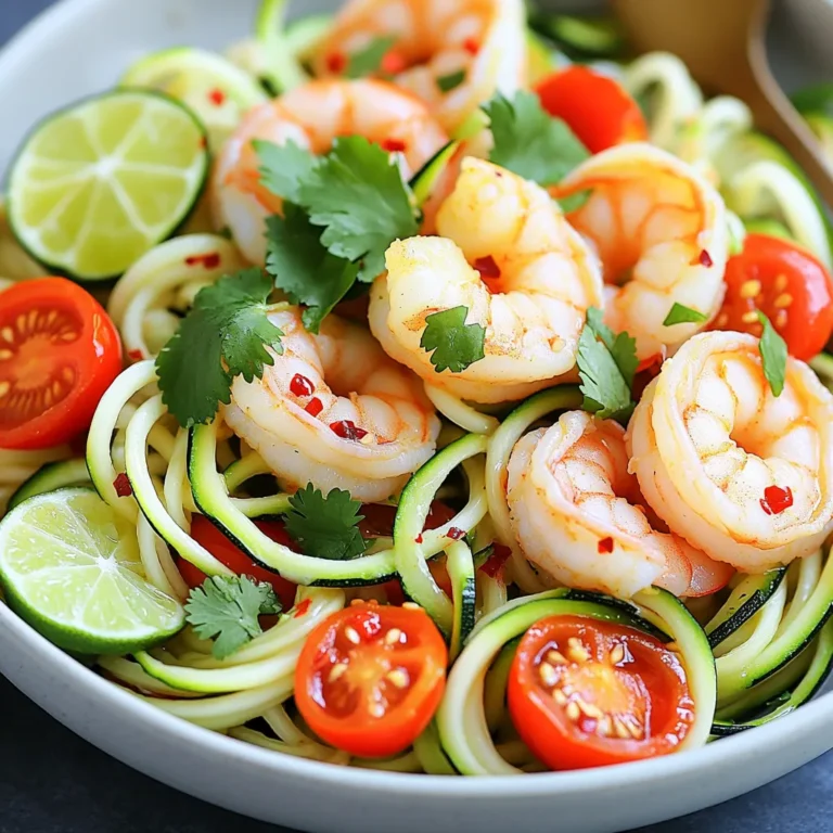 - 1 pound large shrimp, peeled and deveined - 3 medium zucchinis, spiralized - 4 cloves garlic, minced - 2 tablespoons olive oil - 1 teaspoon red pepper flakes (adjust according to your spice preference) - 1 bell pepper, thinly sliced (any color) - 1 cup cherry tomatoes, halved - 2 tablespoons soy sauce (or tamari for a gluten-free option) - 1 tablespoon fresh lime juice - Fresh cilantro, chopped (for garnish) - Salt and freshly ground black pepper to taste You can add some other great flavors to your zoodle bowl. Consider these options: - Avocado slices for creaminess - Spinach or kale for extra greens - Chopped green onions for crunch - Sesame seeds for a nutty taste - Different peppers, like jalapeño for more heat - Shrimp: High in protein, low in calories, and rich in omega-3 fatty acids. - Zucchini: Low in carbs and calories, high in vitamins A and C. - Garlic: Boosts the immune system and adds flavor with few calories. - Olive Oil: A source of healthy fats that can help reduce heart disease. - Red Pepper Flakes: Can boost metabolism and add flavor without extra calories. - Bell Pepper: Full of vitamins A and C, adds color and crunch. - Cherry Tomatoes: Packed with antioxidants and vitamins, and they add sweetness. - Soy Sauce: Adds umami flavor, just watch the sodium content. - Lime Juice: Adds tang and vitamin C, brightening the dish. - Cilantro: Fresh herb that adds flavor and is packed with vitamins. To make zoodles, start with fresh zucchinis. Use a spiralizer for long, noodle-like strands. If you don’t have a spiralizer, a julienne peeler works too. Once you spiralize the zucchinis, place them on paper towels. This helps absorb excess moisture. If zoodles are too wet, they can make your dish watery. Let them sit for about 10 minutes. This simple step makes a big difference in your final dish. Next, prep your shrimp. In a medium bowl, combine 1 pound of shrimp with salt and black pepper. Add half a teaspoon of red pepper flakes for some heat. Toss everything together so the shrimp are well coated. Let them marinate for about 10 minutes. This step enhances the shrimp’s flavor. Now, heat 1 tablespoon of olive oil in a skillet over medium-high heat. Once hot, add the marinated shrimp. Cook for 2-3 minutes until they turn pink and opaque. This shows they are done. Remove the shrimp from the skillet and keep them on a plate. In the same skillet, add another tablespoon of olive oil. Next, toss in the minced garlic and sliced bell pepper. Sauté for about 2 minutes. Stir often to keep the garlic from burning. You want the garlic to smell great and the bell pepper to soften a bit. Now, add halved cherry tomatoes to the skillet. Follow this with your spiralized zoodles. Stir gently, cooking for 2-3 minutes more. You want your veggies tender but still crunchy. This way, they keep their bright colors and flavors. After everything cooks, return the shrimp to the skillet. Drizzle with soy sauce and fresh lime juice for zest. Add the rest of the red pepper flakes. Toss all ingredients together and heat for another minute. This melds the flavors beautifully. Now you’re ready to serve! To keep your zoodles from being watery, follow these steps: - After spiralizing the zucchinis, lay them on paper towels. - Sprinkle a little salt on the zoodles. This draws out excess moisture. - Let them sit for about ten minutes. - Pat them dry with another paper towel before cooking. This simple method makes sure your dish stays fresh and tasty. Cooking shrimp can be quick and easy. Here are my tips: - Always use fresh, peeled, and deveined shrimp. This saves time and effort. - Marinate shrimp for about ten minutes with salt, pepper, and red pepper flakes. - Heat the oil in the pan before adding shrimp. This helps them cook evenly. - Cook shrimp for only 2-3 minutes. They cook fast and should turn pink and opaque. - Avoid overcooking. Overcooked shrimp can become tough and rubbery. These practices ensure your shrimp will be perfect every time. Want to boost the flavor of your zoodle bowls? Here are some ideas: - Add a splash of soy sauce or tamari for a savory kick. - Try a squeeze of fresh lime juice to brighten the dish. - Toss in fresh herbs like basil or mint for extra freshness. - Experiment with different spices like cumin or paprika for unique flavor twists. These enhancements can take your Spicy Garlic Shrimp Zoodle Bowls to the next level. {{image_4}} If you want to swap shrimp, chicken works great. Use thinly sliced chicken breast. Cook it for 5-7 minutes until it's no longer pink. You can also use tofu for a vegetarian option. Press and drain the tofu first. Then, cut it into cubes and pan-fry until golden. To make this dish vegan, replace shrimp or chicken with chickpeas or tempeh. Chickpeas add protein and a nice texture. Use one can, drained and rinsed. Tempeh has a great bite. Cut it into small cubes and sauté until golden. If you love heat, add more red pepper flakes. Start with one teaspoon and adjust to taste. For a milder dish, skip the red pepper flakes altogether. You can also try smoked paprika for a different flavor without the heat. Add just a pinch to keep it subtle. To keep your Spicy Garlic Shrimp Zoodle Bowls fresh, store them in an airtight container. Make sure to cool the dish to room temperature before sealing it. This helps prevent condensation, which can make the zoodles soggy. Place your shrimp and zoodles in separate containers if you can. This keeps the flavors intact and the texture right. When it's time to reheat, do so gently. You can use a skillet over low heat. Add a splash of water or broth to keep the zoodles from drying out. Stir gently to avoid breaking the shrimp. If using a microwave, place the bowl in for short bursts. Heat in 30-second intervals, stirring in between. This ensures even heating without overcooking. You can keep these bowls in the fridge for up to three days. After that, the zoodles may start to lose their crunch. If you notice any off smell or changes in color, it’s best to toss them. Always check before eating leftovers to ensure they are still good. Yes, you can prepare the shrimp and zoodles in advance. Cook the shrimp and store it in the fridge for up to two days. Spiralize the zucchini and keep it in a container with a paper towel to absorb moisture. Just wait to cook the zoodles until you are ready to serve. This keeps them fresh and crunchy. These zoodle bowls are great on their own. However, you can serve them with a side salad for extra greens. A light cucumber salad pairs well, too. If you want more protein, add grilled chicken or tofu on the side. A slice of crusty bread can also be a nice touch. Absolutely! The Spicy Garlic Shrimp Zoodle Bowls work well for meal prep. Just separate the shrimp and zoodles into individual containers. When it's time to eat, reheat the shrimp and sauté the zoodles quickly. This keeps your meal fresh and tasty. Enjoy them throughout the week! Spicy Garlic Shrimp Zoodle Bowls offer fresh flavors and rich benefits. You learned about key ingredients, preparation tips, and how to customize your dish. I shared helpful tricks to avoid watery zoodles and enhance flavors. You can even swap shrimp for chicken or tofu, making this meal fit anyone's taste. Store leftovers properly to enjoy later. Armed with this knowledge, you can confidently create this tasty, healthy dish anytime. Enjoy making your zoodle bowls!