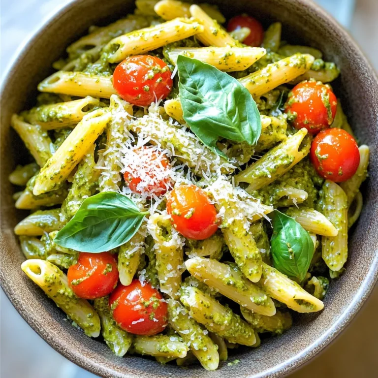 - 12 oz penne pasta - 2 cups chicken broth - 1 cup cooked chicken breast - 1/2 cup basil pesto - 1/2 cup heavy cream - 1 cup cherry tomatoes - 1 cup fresh spinach - 1/2 cup Parmesan cheese - 2 tablespoons extra virgin olive oil - 2 cloves garlic - Salt and black pepper - Fresh basil leaves Each ingredient plays a key role in making this dish tasty. The penne pasta serves as the base, soaking up all the flavors. Chicken broth adds depth and richness. Cooked chicken breast brings protein and heartiness. Basil pesto gives that fresh, herby flavor that ties it all together. The heavy cream makes the dish creamy and smooth. Cherry tomatoes add a pop of color and sweetness. Fresh spinach offers nutrition and a nice green touch. Finally, Parmesan cheese adds a salty kick that enhances the overall flavor. For seasoning, I use extra virgin olive oil for cooking. The minced garlic adds a fragrant touch. Salt and black pepper balance the flavors. Fresh basil leaves are perfect for garnishing, adding both flavor and visual appeal. Each ingredient works together to create a simple yet delightful meal. - Sautéing the garlic: Start by pouring extra virgin olive oil into a large pot. Heat it over medium heat. Add minced garlic and cook for about one minute. You want the garlic to smell good but not brown. If it browns, it can taste bitter. - Measuring the broth and pasta: Next, grab your chicken broth. Measure out two cups. Also, measure 12 ounces of penne pasta. This step helps keep your cooking smooth and easy. - Simmering the chicken broth: Pour the chicken broth into the pot with garlic. Bring this mixture to a gentle simmer. You want it to bubble lightly, not boil hard. - Adding penne pasta: Add the penne pasta to the simmering broth. Cook it according to the package instructions, usually about 10 to 12 minutes. Stir occasionally to keep the pasta from sticking together. - Incorporating chicken and cream: Once the pasta is cooked al dente, add one cup of shredded chicken and heavy cream to the pot. Stir well to mix everything evenly. - Adding pesto and spinach: Lower the heat and let it cook for 3 to 5 more minutes. This helps the flavors mix together. Finally, stir in half a cup of basil pesto and one cup of chopped spinach. Mix until everything is well-combined. Adjust salt and pepper to taste. To cook pasta perfectly, aim for al dente. This means the pasta should be firm to the bite. For penne, this usually takes about 10-12 minutes. Keep an eye on the clock, and taste a piece to check doneness. This will help you get it just right. Stir the pasta often while it cooks. This will help prevent it from sticking together. A quick stir every few minutes keeps the pasta separate and ensures even cooking. If you want a lighter option, you can swap heavy cream. Use half-and-half or coconut milk for a different flavor. Both options give a creamy texture without the heaviness. For pesto, you can use store-bought or homemade. If you want a change, try sun-dried tomato pesto or spinach pesto. These add unique flavors to your dish. When serving, use shallow bowls for a nice touch. Top each bowl with extra cherry tomatoes and a drizzle of pesto for a pop of color. This makes the dish look even more appealing. As for side dishes, a fresh green salad pairs well with this pasta. You can also serve it with garlic bread or crusty rolls. These sides add to the meal and make it feel special. {{image_4}} You can switch up the protein in this dish. Instead of chicken, consider turkey. It works well and has a nice flavor. You can also use rotisserie chicken for added ease. For a vegetarian option, try chickpeas or white beans. They add protein and help make the dish satisfying. You can boost the flavor with spices or herbs. A pinch of red pepper flakes adds heat. Fresh herbs like thyme or oregano can bring a new taste. Adding other vegetables also helps. Try bell peppers, zucchini, or broccoli. Just chop them and mix them in during cooking for a colorful meal. Not a fan of penne? You can use whole grain pasta. It adds more fiber and has a nutty taste. Gluten-free pasta is also a great option if you need it. You can choose different shapes too. Fusilli or farfalle can make the dish fun and unique. Each shape will soak up the sauce differently, giving you a new experience every time! Store your One Pot Pesto Chicken Pasta in an airtight container. This keeps it fresh and tasty. It lasts up to three days in the fridge. Make sure it cools down before sealing. This helps prevent sogginess. To freeze, place the pasta in a freezer-safe container. Leave some space for expansion. It stays good for about two months. For reheating, thaw it overnight in the fridge. Heat in a pot over low heat, adding a splash of chicken broth if needed. This helps restore creaminess. You can make this dish ahead of time. Just store it in the fridge for quick meals. Aim for serving sizes of about one to two cups per meal. This way, you can enjoy it throughout the week. It’s perfect for busy nights or lunch at work. To make this dish dairy-free, you can easily swap out the cheese and cream. Use a dairy-free cream like coconut cream or cashew cream. For cheese, try nutritional yeast or a dairy-free cheese blend. These options still give a creamy texture and flavor without dairy. Yes, you can use homemade pesto! Making fresh pesto is simple and tasty. Blend fresh basil, garlic, nuts, olive oil, and nutritional yeast or cheese. Adjust the flavors to your liking. Fresh pesto adds a bright and vibrant taste to your dish. Store any leftovers in the fridge for up to a week. This pasta dish goes well with light salads or crusty bread. A simple arugula salad with lemon vinaigrette is refreshing. Garlic bread is also a great choice to soak up the creamy sauce. You can even serve it with roasted vegetables for added flavor and nutrition. This blog post covered the key ingredients, step-by-step cooking instructions, and helpful tips for making One Pot Pesto Chicken Pasta. You learned about ingredient swaps, variations, and storage options. Emphasizing ease and flavor makes this dish great for anyone. Try it your way to create a meal that fits your taste. Enjoy exploring new flavors and sharing this dish with others!