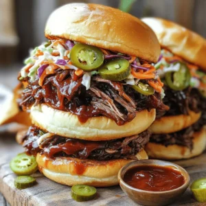 To create the tasty pulled beef sandwiches, gather these main ingredients: - 2 lbs beef chuck roast - 1 medium onion, sliced - 3 cloves garlic, minced - 1 cup beef broth - 1 cup of your favorite barbecue sauce - 1 tablespoon Worcestershire sauce - 2 teaspoons smoked paprika - 1 teaspoon ground cumin - 1 teaspoon black pepper - 1 teaspoon salt - 1 tablespoon brown sugar - 4 to 6 burger buns These ingredients work together to give your sandwich rich flavor. The beef chuck roast is ideal as it becomes tender and juicy during cooking. The spices and sauces enhance the taste, making every bite delightful. To make your pulled beef sandwiches even better, consider these optional toppings: - Coleslaw - Pickles - Sliced jalapeños These toppings add crunch and freshness. Coleslaw offers a cool contrast, while pickles bring tang. Sliced jalapeños add a spicy kick, perfect for those who enjoy heat. Pair your sandwiches with these side dishes for a complete meal: - Potato chips - French fries - Sweet potato fries - A simple green salad These sides are easy to prepare and complement the flavors of the pulled beef. You can even mix and match based on what you have at home. Enjoy your meal with friends or family! Start by trimming any extra fat from the beef chuck roast. This helps the meat cook better. Next, season the roast with salt, black pepper, smoked paprika, cumin, and brown sugar. Rub the spices all over the meat. This makes sure every bite is full of flavor. In a medium skillet, heat a splash of olive oil over medium heat. Add the sliced onion and sauté until soft and clear. This should take about 5 minutes. Next, toss in the minced garlic and cook for one more minute. The garlic will smell great as it cooks. Now, place the seasoned beef chuck roast in your slow cooker. Add the sautéed onions and garlic on top. Pour in the beef broth, barbecue sauce, and Worcestershire sauce. This will make the meat juicy and tasty. After cooking, take the beef out of the slow cooker using tongs. Next, shred the meat with two forks. Pull it apart into small pieces. This makes it easy to eat. Return the shredded beef to the slow cooker. Stir it with the juices to soak up all the flavor. If you want, toast the burger buns for a nice crunch. Then, place a big scoop of pulled beef on the bottom half of each bun. This is where the magic happens! For a great look, serve the sandwiches on a rustic wooden board or a nice platter. You can add a small bowl of extra barbecue sauce for dipping. Garnish the dish with fresh herbs like parsley or cilantro. This adds color and makes the meal even more inviting. The best cut of beef for pulled beef sandwiches is beef chuck roast. It has a good amount of fat, which keeps the meat juicy. Other great options are brisket or round roast. They also shred well and taste great. Always choose cuts with some marbling. This adds flavor and keeps the beef moist while cooking. To get the perfect shred, let the beef cool for a few minutes after cooking. This makes it easier to handle. Use two forks to pull the meat apart. Start at the grain and shred in the same direction. This gives you long, tender pieces. Make sure to mix the shredded beef with the cooking juices for extra flavor. Cooking time can change based on the size of your roast. A 2-pound chuck roast needs about 8 to 10 hours on low or 4 to 6 hours on high. If you use a larger cut, add an extra hour or two. Always check for tenderness. The beef should easily pull apart with a fork. If it’s not ready, cook it longer. Keep the lid on to keep the heat in. {{image_4}} You can change the flavor of your pulled beef using different marinades and sauces. Try a spicy chipotle sauce for heat. A honey mustard sauce adds sweetness. You can also use teriyaki sauce for a sweet and savory mix. Mix your favorite herbs into the barbecue sauce for a fresh taste. Experimenting keeps things fun and exciting! Pulled beef sandwiches are versatile. You can serve them as sliders for a party. Use small buns to make bite-sized treats. Try using corn tortillas for delicious tacos. Add some fresh veggies or avocado for a healthy twist. You can even serve the pulled beef over rice for a hearty meal. The options are endless! While a slow cooker is great, there are other ways to make pulled beef. You can use an Instant Pot for faster results. Pressure cooking takes about an hour. If you prefer, cook the beef in your oven. Wrap it in foil and bake it low and slow. This method keeps the beef tender and juicy. No matter how you cook it, the flavors will shine! To keep your pulled beef fresh, place it in an airtight container. Make sure the beef cools down before sealing it. Store it in the fridge for up to three days. If you have extra buns, keep them in a separate bag to stay fresh. Reheat the pulled beef gently. Place it in a pot over low heat. Add a splash of beef broth or barbecue sauce to keep it moist. Stir occasionally until heated through. You can also use the microwave, but keep it in short bursts to avoid drying it out. You can freeze pulled beef for up to three months. Put it in a freezer-safe container or bag. Remove as much air as possible to prevent freezer burn. When you're ready to eat, thaw it overnight in the fridge. Reheat it as described above for a tasty meal. Yes, you can use other cuts. Brisket or round roast works well, too. They may change the flavor and texture a bit. Chuck roast is the best for slow cooking. It becomes tender and shredded easily. You can keep pulled beef in the fridge for up to four days. Store it in an airtight container. This helps keep the meat fresh and tasty. If you want it to last longer, consider freezing it. Serve pulled beef on toasted burger buns. Add toppings like coleslaw, pickles, or jalapeños. This adds flavor and crunch. You can also serve it with a side of chips or fries. For a fun twist, try it as sliders or tacos! Absolutely! You can prepare the beef a day ahead. Just cook it in the slow cooker and let it cool. Store it in the fridge. When you're ready, heat it up before serving. This saves you time on busy days. To make this recipe gluten-free, choose a gluten-free barbecue sauce. Also, ensure the Worcestershire sauce is gluten-free. Use gluten-free buns or lettuce wraps to serve. This way, everyone can enjoy the meal! You now know how to make delicious pulled beef sandwiches. We covered the key ingredients, tasty toppings, and perfect side dishes. You learned step-by-step how to prepare and cook the beef. I shared tips for choosing the best cuts and how to shred the meat. You also found ideas for different flavors and storage advice. With these pointers, you can create great meals that everyone will love. Enjoy experimenting with your pulled beef sandwiches!