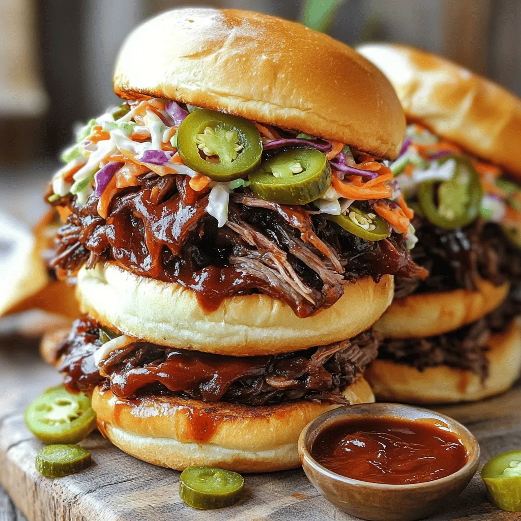 To create the tasty pulled beef sandwiches, gather these main ingredients: - 2 lbs beef chuck roast - 1 medium onion, sliced - 3 cloves garlic, minced - 1 cup beef broth - 1 cup of your favorite barbecue sauce - 1 tablespoon Worcestershire sauce - 2 teaspoons smoked paprika - 1 teaspoon ground cumin - 1 teaspoon black pepper - 1 teaspoon salt - 1 tablespoon brown sugar - 4 to 6 burger buns These ingredients work together to give your sandwich rich flavor. The beef chuck roast is ideal as it becomes tender and juicy during cooking. The spices and sauces enhance the taste, making every bite delightful. To make your pulled beef sandwiches even better, consider these optional toppings: - Coleslaw - Pickles - Sliced jalapeños These toppings add crunch and freshness. Coleslaw offers a cool contrast, while pickles bring tang. Sliced jalapeños add a spicy kick, perfect for those who enjoy heat. Pair your sandwiches with these side dishes for a complete meal: - Potato chips - French fries - Sweet potato fries - A simple green salad These sides are easy to prepare and complement the flavors of the pulled beef. You can even mix and match based on what you have at home. Enjoy your meal with friends or family! Start by trimming any extra fat from the beef chuck roast. This helps the meat cook better. Next, season the roast with salt, black pepper, smoked paprika, cumin, and brown sugar. Rub the spices all over the meat. This makes sure every bite is full of flavor. In a medium skillet, heat a splash of olive oil over medium heat. Add the sliced onion and sauté until soft and clear. This should take about 5 minutes. Next, toss in the minced garlic and cook for one more minute. The garlic will smell great as it cooks. Now, place the seasoned beef chuck roast in your slow cooker. Add the sautéed onions and garlic on top. Pour in the beef broth, barbecue sauce, and Worcestershire sauce. This will make the meat juicy and tasty. After cooking, take the beef out of the slow cooker using tongs. Next, shred the meat with two forks. Pull it apart into small pieces. This makes it easy to eat. Return the shredded beef to the slow cooker. Stir it with the juices to soak up all the flavor. If you want, toast the burger buns for a nice crunch. Then, place a big scoop of pulled beef on the bottom half of each bun. This is where the magic happens! For a great look, serve the sandwiches on a rustic wooden board or a nice platter. You can add a small bowl of extra barbecue sauce for dipping. Garnish the dish with fresh herbs like parsley or cilantro. This adds color and makes the meal even more inviting. The best cut of beef for pulled beef sandwiches is beef chuck roast. It has a good amount of fat, which keeps the meat juicy. Other great options are brisket or round roast. They also shred well and taste great. Always choose cuts with some marbling. This adds flavor and keeps the beef moist while cooking. To get the perfect shred, let the beef cool for a few minutes after cooking. This makes it easier to handle. Use two forks to pull the meat apart. Start at the grain and shred in the same direction. This gives you long, tender pieces. Make sure to mix the shredded beef with the cooking juices for extra flavor. Cooking time can change based on the size of your roast. A 2-pound chuck roast needs about 8 to 10 hours on low or 4 to 6 hours on high. If you use a larger cut, add an extra hour or two. Always check for tenderness. The beef should easily pull apart with a fork. If it’s not ready, cook it longer. Keep the lid on to keep the heat in. {{image_4}} You can change the flavor of your pulled beef using different marinades and sauces. Try a spicy chipotle sauce for heat. A honey mustard sauce adds sweetness. You can also use teriyaki sauce for a sweet and savory mix. Mix your favorite herbs into the barbecue sauce for a fresh taste. Experimenting keeps things fun and exciting! Pulled beef sandwiches are versatile. You can serve them as sliders for a party. Use small buns to make bite-sized treats. Try using corn tortillas for delicious tacos. Add some fresh veggies or avocado for a healthy twist. You can even serve the pulled beef over rice for a hearty meal. The options are endless! While a slow cooker is great, there are other ways to make pulled beef. You can use an Instant Pot for faster results. Pressure cooking takes about an hour. If you prefer, cook the beef in your oven. Wrap it in foil and bake it low and slow. This method keeps the beef tender and juicy. No matter how you cook it, the flavors will shine! To keep your pulled beef fresh, place it in an airtight container. Make sure the beef cools down before sealing it. Store it in the fridge for up to three days. If you have extra buns, keep them in a separate bag to stay fresh. Reheat the pulled beef gently. Place it in a pot over low heat. Add a splash of beef broth or barbecue sauce to keep it moist. Stir occasionally until heated through. You can also use the microwave, but keep it in short bursts to avoid drying it out. You can freeze pulled beef for up to three months. Put it in a freezer-safe container or bag. Remove as much air as possible to prevent freezer burn. When you're ready to eat, thaw it overnight in the fridge. Reheat it as described above for a tasty meal. Yes, you can use other cuts. Brisket or round roast works well, too. They may change the flavor and texture a bit. Chuck roast is the best for slow cooking. It becomes tender and shredded easily. You can keep pulled beef in the fridge for up to four days. Store it in an airtight container. This helps keep the meat fresh and tasty. If you want it to last longer, consider freezing it. Serve pulled beef on toasted burger buns. Add toppings like coleslaw, pickles, or jalapeños. This adds flavor and crunch. You can also serve it with a side of chips or fries. For a fun twist, try it as sliders or tacos! Absolutely! You can prepare the beef a day ahead. Just cook it in the slow cooker and let it cool. Store it in the fridge. When you're ready, heat it up before serving. This saves you time on busy days. To make this recipe gluten-free, choose a gluten-free barbecue sauce. Also, ensure the Worcestershire sauce is gluten-free. Use gluten-free buns or lettuce wraps to serve. This way, everyone can enjoy the meal! You now know how to make delicious pulled beef sandwiches. We covered the key ingredients, tasty toppings, and perfect side dishes. You learned step-by-step how to prepare and cook the beef. I shared tips for choosing the best cuts and how to shred the meat. You also found ideas for different flavors and storage advice. With these pointers, you can create great meals that everyone will love. Enjoy experimenting with your pulled beef sandwiches!