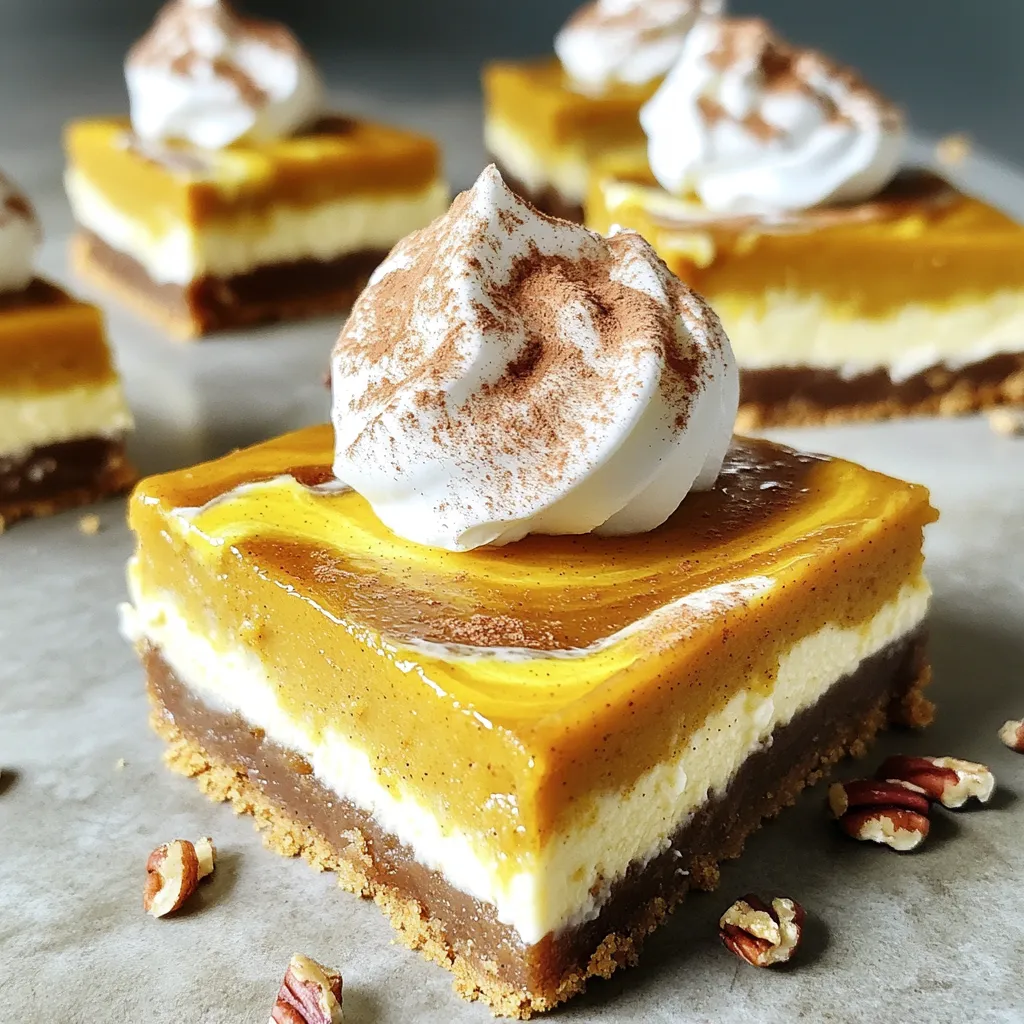 - 1 ½ cups graham cracker crumbs - ½ cup unsalted butter, melted - 2 tablespoons brown sugar - 2 cups cream cheese, softened at room temperature - 1 cup pumpkin puree (canned or homemade) - ¾ cup powdered sugar - 1 teaspoon vanilla extract - 1 teaspoon ground cinnamon - ½ teaspoon ground nutmeg - 1 teaspoon pumpkin pie spice - 1 cup whipped cream (for topping) - Optional: crushed pecans for garnish To make these pumpkin pie cheesecake bars, you need simple yet flavorful ingredients. Start with graham cracker crumbs for the crust. The melted unsalted butter binds the crumbs together. Brown sugar adds a hint of sweetness. For the filling, softened cream cheese is key. It gives a creamy texture. Pumpkin puree brings that classic fall flavor. Powdered sugar sweetens the mix, while vanilla extract enhances the taste. Ground cinnamon and nutmeg add warmth, along with pumpkin pie spice for a festive touch. Don’t forget the whipped cream! It’s perfect for topping the bars. If you like a little crunch, crushed pecans make a great garnish. To start, gather your ingredients. In a medium bowl, combine 1 ½ cups of graham cracker crumbs, ½ cup of melted unsalted butter, and 2 tablespoons of brown sugar. Use a fork or spatula to mix these until they look like wet sand. The right texture helps the crust hold together. Now, take the mixture and transfer it to a lined 9x9-inch baking pan. Firmly press the mixture across the bottom of the pan. You can use your fingers or the back of a measuring cup to help pack it tightly. Once done, place the pan in the refrigerator to set while you prepare the filling. For the filling, grab a large mixing bowl. Beat 2 cups of softened cream cheese with an electric mixer on medium speed. Mix for about 2-3 minutes until it’s smooth and creamy. Then, add in 1 cup of pumpkin puree, ¾ cup of powdered sugar, 1 teaspoon of vanilla extract, 1 teaspoon of ground cinnamon, ½ teaspoon of ground nutmeg, and 1 teaspoon of pumpkin pie spice. Continue mixing until fully blended and velvety. Once your crust has set, retrieve it from the fridge. Carefully pour the cheesecake filling over the chilled crust. Use a spatula to spread it evenly across the surface. Make sure the top is smooth for a nice finish. Cover the baking pan with plastic wrap or foil. Seal it well and place it in the refrigerator. Allow it to chill for at least 4 hours. This time helps the filling set firm enough to cut into bars. When the cheesecake bars are chilled, lift them out of the pan using the edges of the liner. Place them on a cutting board and cut into squares. Top each square with a generous dollop of whipped cream. You can also sprinkle crushed pecans for added flavor and crunch. - Selecting the right graham cracker crumbs: I always choose finely crushed graham cracker crumbs. You can crush them at home or buy them pre-made. The finer the crumbs, the better they stick together. This keeps your crust firm and easy to cut. - Adjusting sweetness with brown sugar: I like to use brown sugar in my crust. It adds a nice hint of caramel flavor. If you prefer a sweeter crust, feel free to add a tad more brown sugar. Just keep the balance right with the filling. - Importance of room temperature ingredients: Always use room temperature cream cheese. Cold cream cheese can create lumps in your filling. Let it sit out for about 30 minutes before mixing. This small step makes your filling smooth and creamy. - Common pitfalls to avoid: Avoid over-mixing after adding pumpkin puree. This can make the filling too airy. Mix just until combined for a denser, richer texture. Also, watch out for unblended powdered sugar; it can create a gritty texture. - Serving suggestions for parties: For a festive touch, serve these bars on a colorful platter. You can even stack them neatly for a beautiful display. Make sure to have extra whipped cream on the side for guests to add. - Creative garnish ideas: Get creative with your garnishes! Try adding crushed pecans for a crunchy bite. You can also drizzle caramel sauce over the whipped cream for a sweet finish. A sprinkle of cinnamon on top makes it look even more inviting. {{image_4}} You can make these pumpkin pie cheesecake bars even more exciting. Try adding unique spices. A pinch of ginger or allspice can add warmth. You can also switch up the whipped cream. Use flavored whipped cream, like maple or vanilla, for a fun twist. If you need gluten-free options, use gluten-free graham crackers for the crust. You can also make a vegan version. Replace cream cheese with vegan cream cheese. Instead of butter, use coconut oil. This way, everyone can enjoy these treats. Want to make fewer bars? Halve the recipe easily. Just use half of each ingredient. If you're hosting a party, you might want more. Double the recipe for larger gatherings. This way, you can share the joy of these delicious bars with more friends. To keep your pumpkin pie cheesecake bars fresh, store them in the refrigerator. Place them in an airtight container to protect against odors and moisture. This method keeps the bars tasty and safe to eat. These cheesecake bars freeze well. To freeze, cut them into squares and wrap each piece tightly in plastic wrap. Then, place them in a freezer-safe container. They can last up to three months in the freezer. When you want to enjoy them, simply thaw the bars in the fridge overnight. In the fridge, these cheesecake bars last for about five days. Look for signs of spoilage, such as off smells or discoloration. If you notice any changes, it’s best to discard them. Enjoy your delicious dessert while it’s fresh! Yes, you can use homemade pumpkin puree. Some find it fresher and tastier than canned. Homemade puree can be thicker, so adjust your moisture levels if needed. Canned pumpkin puree is consistent, easy, and saves time. Both options work well in this recipe. These cheesecake bars need to chill for at least 4 hours. This time allows the filling to set properly. Chilling helps the flavors blend and makes the bars easy to cut. For best results, consider chilling overnight for a firmer texture. You can substitute cream cheese with Greek yogurt or ricotta cheese. These options give a different texture and taste. Greek yogurt adds tanginess, while ricotta makes it creamier. Keep in mind these swaps may change the flavor slightly. If you want alternatives to whipped cream, try yogurt or coconut cream. For a lighter option, use whipped coconut milk. You can also use a drizzle of caramel or chocolate sauce. Each option can enhance the flavor of the bars. To know if the cheesecake is set, gently press the center. It should feel firm but still have a little give. You can also check the edges; they should be solid. If it jiggles too much, let it chill longer. This cheesecake bars recipe combines simple ingredients, clear steps, and helpful tips. You can create a tasty dessert that will impress anyone. Remember to chill the bars well for the best texture. Try variations to fit your taste or dietary needs. With proper storage, they last long, keeping your treats ready for any occasion. Enjoy sharing these delicious bars with friends and family, or savor them yourself. Your baking skills will shine, bringing joy to your table. Happy baking!