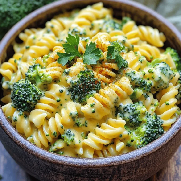 - Pasta options: 8 oz of fusilli or penne - Fresh broccoli florets quantity: 2 cups of vibrant fresh broccoli florets - Types of cheese: 1 cup of sharp cheddar cheese, finely grated - Cream varieties: 1 cup of heavy cream or cashew cream for a healthier twist - Garlic: Adds a strong, rich flavor to the sauce. Use 2 cloves, finely minced. - Recommended spices: - 1 teaspoon onion powder - 1/2 teaspoon salt (adjust to taste) - 1/4 teaspoon black pepper - 1/2 teaspoon paprika (for a smoky flavor) - Optional garnish: Fresh parsley, chopped, to add color and freshness. To cook the pasta just right, start with a large pot. Fill it with water and add salt. Bring the water to a rolling boil. This is key to getting perfect pasta. Add your pasta and check the package for cooking time. For al dente pasta, cook it for about 8-10 minutes. Two to three minutes before the pasta is ready, add the fresh broccoli florets. This timing ensures your broccoli stays bright and crisp. Once everything is cooked, drain the pasta and broccoli together. Set them aside for now. Next, we’ll make the cream sauce. In the same pot, melt the butter over medium heat. Once the butter is melted and bubbly, add the minced garlic. Sauté for about one minute until it smells great, but don’t let it brown. Now, slowly pour in your heavy cream or cashew cream. Add the onion powder, salt, black pepper, and paprika. Stir well and let the mixture simmer for about three to four minutes. This helps the sauce thicken nicely. Time to incorporate the cheese! Gradually mix in the grated sharp cheddar cheese. Stir until the cheese melts into a smooth, creamy sauce. If it gets too thick, add a splash of the pasta water. Now, return the drained pasta and broccoli to the pot. Toss everything together until the pasta and broccoli are coated in the creamy cheese sauce. This step makes each bite full of flavor. Taste the dish and adjust the seasoning if needed. You can add more salt or pepper to suit your taste. Enjoy your creamy broccoli cheddar pasta! What to do if the sauce is too thick? If your sauce gets too thick, don't worry! Just add a splash of reserved pasta water. This helps loosen the sauce and keeps it creamy. Stir well and check the consistency. You want it to coat the pasta lightly. Achieving the right balance of flavors? Taste your sauce as you cook. Add salt and pepper based on your liking. A hint of paprika gives it a nice smokiness. If it feels bland, try adding a pinch more cheese for depth. Trust your taste buds! One-pot method for easier cleanup? This recipe uses just one pot for easy cleanup. Cook the pasta and broccoli together, then make the sauce in the same pot. Fewer dishes mean more time to enjoy your meal! Time-saving prep tips? Chop garlic and broccoli ahead of time. You can even grate cheese in advance. This way, you can whip up the dish in about 20 minutes. Quick and easy! Ideal sides to accompany the dish? Serve with a light salad or some garlic bread. A fresh side adds crunch and balance to the creamy pasta. You can also pair it with a glass of white wine for a nice touch. Dish presentation ideas for guests? When serving, place the pasta in a large bowl. Sprinkle with fresh parsley for color. You can also add a few extra cheese shavings on top. This makes your dish look fancy and inviting! {{image_4}} For a healthier twist, you can use whole grain or gluten-free pasta. Whole grain pasta adds fiber and nutrients. Gluten-free pasta works well for those with dietary restrictions. You won't lose flavor, and it keeps the dish light. You can also explore dairy-free cheese options. Brands now offer amazing vegan cheeses. They melt well and taste great. This makes the dish suitable for everyone. To boost flavor, try adding proteins like chicken or shrimp. Cook them in the same pot before adding the cream. This step saves time and adds richness to your pasta. You can also mix in additional vegetables. Peas, spinach, or bell peppers work beautifully. They add color and nutrients. Plus, they brighten the dish, making it more appealing. If cheddar isn't your favorite, there are many alternatives. Gouda offers a smoky flavor. Monterey Jack is creamy and mild. Parmesan adds a salty kick. Feel free to mix cheeses for a unique taste. To store leftovers, let the pasta cool first. Place the pasta in airtight containers. Use glass or plastic containers with tight lids. This keeps the pasta fresh and tasty. Try to eat it within three days for the best flavor. When reheating, keep the creaminess. You can use the stove or microwave. If using the stove, add a splash of cream or water. Stir often to mix the sauce. If using the microwave, heat in short bursts. Stir in between to avoid hot spots. This helps keep the pasta moist. Yes, you can freeze creamy pasta. Use freezer-safe containers or bags. Make sure to remove as much air as possible. This helps prevent freezer burn. To thaw, place it in the fridge overnight. Reheat slowly on the stove, adding a bit of cream if needed. Enjoy your creamy pasta later! Yes, you can use frozen broccoli. It’s convenient and saves time. To use it, thaw the broccoli first. You can microwave it for a few minutes. This helps keep it tender. Add the thawed broccoli to the pasta during the last few minutes of cooking. This way, it warms up without overcooking. To make this dish vegetarian, simply skip the butter. You can use olive oil instead. For a vegan option, swap heavy cream with cashew cream or a plant-based cream. Use a vegan cheese to replace sharp cheddar. Nutritional yeast can also add a cheesy flavor without dairy. To prevent the pasta from sticking, follow these tips. First, use plenty of water when boiling. This helps the pasta move freely. Stir the pasta a few times while it cooks. Also, add a pinch of salt to the water. It adds flavor and helps keep the pasta from clumping. If you notice sticking, toss the pasta with a little olive oil after draining. You've learned how to create a creamy pasta dish with broccoli. I shared key ingredients, easy steps, and tips to perfect the texture. Remember to experiment with flavors and make the dish your own. With the right methods, you can impress friends and family. Happy cooking! Enjoy your delicious meal.