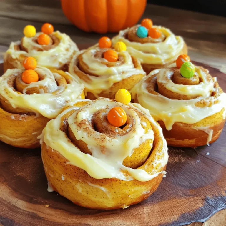 - 2 ½ cups all-purpose flour - ¼ cup granulated sugar - 1 packet (2 ¼ teaspoons) active dry yeast - ½ teaspoon salt - ½ teaspoon ground cinnamon - ½ teaspoon ground nutmeg - ½ cup warm milk (about 110°F) - ¼ cup unsalted butter, melted - 1 large egg - ½ cup pumpkin puree - 1 teaspoon vanilla extract - ½ cup brown sugar (for filling) - 1 tablespoon ground cinnamon (for filling) - ½ cup cream cheese, softened - 1 cup powdered sugar (for frosting) - 2 tablespoons milk (for frosting) - 1 teaspoon vanilla extract (for frosting) Gathering these ingredients will help you create the best pumpkin spice cream cheese cinnamon rolls. Each ingredient plays a key role in flavor and texture. All-purpose flour gives the rolls their structure, while granulated sugar adds sweetness. Active dry yeast helps the rolls rise, making them light and fluffy. Salt enhances the flavors, and the spices—cinnamon and nutmeg—bring that warm, cozy taste. Warm milk activates the yeast, while melted butter adds moisture. The egg binds the ingredients together. Pumpkin puree is the star, adding rich flavor and moisture. Vanilla extract boosts the taste. For the filling, brown sugar and cinnamon create a sweet contrast to the cream cheese. Finally, the frosting made with powdered sugar, milk, and vanilla is the perfect sweet finish. Each ingredient works together to create delicious rolls. Enjoy the blend of tastes and textures in every bite! 1. Start by combining warm milk, sugar, and yeast in a large bowl. 2. Let it sit for about 5-10 minutes. The mixture should become frothy and bubbly. 3. Once ready, mix in the melted butter, egg, pumpkin puree, and vanilla extract. 4. Add in the ground cinnamon and nutmeg, and stir well. 5. Gradually add the flour and salt until a soft dough forms. If it sticks, add more flour, a tablespoon at a time. 1. Transfer the dough to a floured surface. 2. Knead the dough for 5-7 minutes until it is smooth and elastic. 3. Place the dough in a greased bowl and cover it with a damp cloth. 4. Let it rise in a warm place for about 1 hour, or until it doubles in size. 1. While the dough rises, mix brown sugar and cinnamon in a small bowl. 2. After the dough has risen, punch it down gently. 3. Roll it out on a floured surface into a rectangle, about 12x18 inches. 4. Spread the softened cream cheese evenly over the dough. 5. Sprinkle the cinnamon-brown sugar mixture across the cream cheese layer. 6. Starting from the long edge, roll the dough tightly into a log. 7. Pinch the seam closed to seal it well. 1. Cut the rolled dough into 12 equal pieces. 2. Arrange the slices in a greased 9x13 inch baking pan, leaving space between them. 3. Cover the pan with a clean cloth and let the rolls rise for another 30 minutes. 4. Preheat your oven to 350°F (175°C). 5. Bake the rolls for 25 to 30 minutes, or until golden brown on top. To make great cinnamon rolls, you need to activate the yeast. Start with warm milk, around 110°F. This warmth helps the yeast grow. If your yeast does not froth, it may be old or inactive. Humidity can change how much flour you need. On humid days, use less flour. If your dough feels sticky, add a little more flour. Keep mixing until it feels smooth. Spreading cream cheese evenly takes practice. Use a spatula or a butter knife. Start from the middle and push outward. Be gentle to keep the dough intact. When rolling the dough, start at one end. Roll it tightly but not too tight. You want to keep the filling inside. Pinch the seam closed to hold everything together. You can change the frosting to fit your taste. Add more vanilla for extra flavor. You can also mix in spices like nutmeg or cinnamon. For the right frosting consistency, whisk with milk slowly. Aim for a smooth, drizzling texture. If it’s too thick, add more milk a teaspoon at a time. {{image_4}} You can make these rolls even better! Try adding chocolate chips. The sweet chocolate adds a fun twist. Nuts also work great. Chopped pecans or walnuts give a nice crunch. You can also switch up the spices. Instead of just cinnamon and nutmeg, try ginger or allspice. Each spice can change the taste in a unique way. Want a gluten-free version? Use gluten-free flour. It works well in this recipe. You can also make it dairy-free. Replace cream cheese with a dairy-free spread. Use almond milk or coconut milk instead of regular milk. This makes the rolls kinder to those with dietary needs. These rolls taste amazing with seasonal fruits. Serve them with fresh apples or pears. The sweetness pairs well with the spice. You can also enjoy them with drinks. A warm cup of coffee or tea makes a perfect match. The flavors blend together for a cozy treat. To store leftover cinnamon rolls, let them cool completely. Place them in an airtight container. You can also wrap them in plastic wrap. Store them at room temperature for up to three days. If you want to keep them fresh longer, place them in the fridge. They can last about a week in the fridge. If you want to save cinnamon rolls for later, freezing is a great option. First, let them cool down to room temperature. Wrap each roll tightly in plastic wrap, then in aluminum foil. This keeps them fresh and prevents freezer burn. You can freeze them for up to three months. When you're ready to enjoy them again, take them out of the freezer. Place them in the fridge overnight to thaw. For reheating, preheat your oven to 350°F (175°C). Place the rolls on a baking sheet and warm them for about 10-15 minutes. This will make them soft and tasty again. You can use mashed sweet potatoes or butternut squash. Both add a similar texture and flavor. If you need a quick fix, you can also use canned pumpkin pie filling. Just remember, it has added spices and sugar. Look for a golden brown color on top. You can also insert a toothpick into the center. If it comes out clean, your rolls are ready. The rolls should feel soft and spring back when touched. Yes, you can! Prepare the dough, let it rise, then punch it down. Wrap it tightly and store it in the fridge for up to 24 hours. When ready, let it come to room temperature before shaping the rolls. These rolls stay fresh for about 2-3 days at room temperature. Keep them in an airtight container. If you want to keep them longer, freeze them for up to 3 months. Just thaw them overnight in the fridge before enjoying. Absolutely! You can use the dough cycle on your bread machine. Simply add the ingredients in the order recommended by the machine. Once it’s done, shape and bake your rolls as usual. Making these cinnamon rolls is fun and rewarding. We covered the key ingredients, from flour and sugar to pumpkin puree and cream cheese. You learned step-by-step instructions to prep, knead, and bake these tasty treats. Plus, we shared helpful tips on perfecting your dough, filling techniques, and even frosting variations. Remember, you can get creative with flavors and dietary needs. Store them properly for a longer shelf life. Enjoy these warm rolls for breakfast, dessert, or any time! Your kitchen will smell amazing, and you’ll impress everyone with your baking skills.