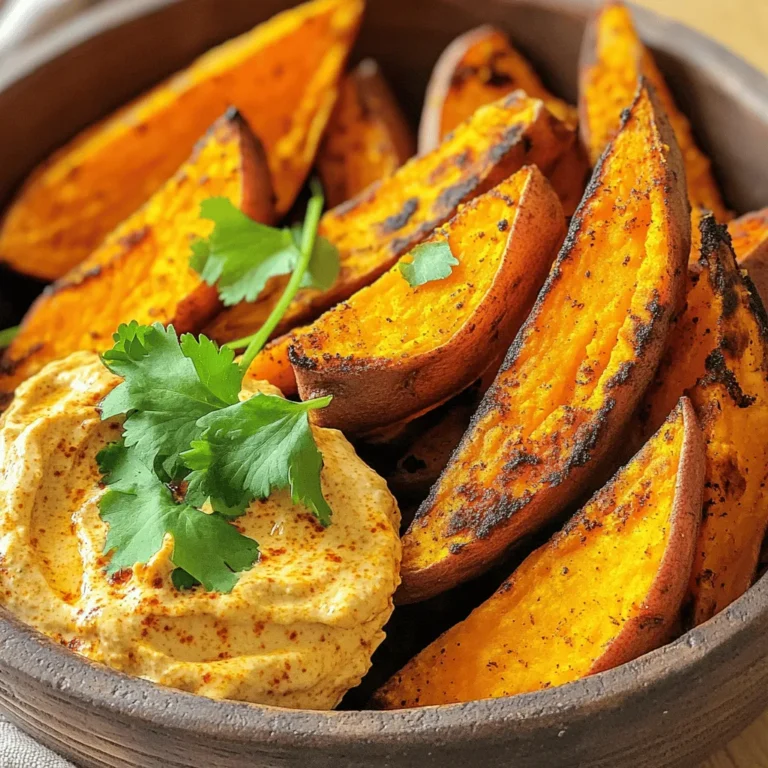 - 2 large sweet potatoes, washed and cut into wedges - 2 tablespoons extra virgin olive oil - 1 teaspoon smoked paprika - 1 teaspoon garlic powder - 1/2 teaspoon chili powder - Salt and freshly ground black pepper to taste - Handful of fresh cilantro, finely chopped (for garnish) - 1/2 cup Greek yogurt (plain, unsweetened) - 2 tablespoons mayonnaise - 1 tablespoon chipotle peppers in adobo sauce - 1 teaspoon fresh lime juice - Salt to taste Sweet potato wedges are a great snack or side dish. They are crunchy outside and soft inside. The spice mix makes them special. I use smoked paprika for a nice flavor. Garlic powder adds depth. A hint of chili powder gives it some heat. With salt and pepper, the taste is just right. To make the chipotle dip, I use Greek yogurt. It gives a creamy base. Mayonnaise adds a rich texture. Chipotle peppers give a smoky kick. Lime juice brightens the dip. Adjust the salt to your taste. This dip pairs perfectly with the sweet potato wedges. It makes every bite even better. Garnish the wedges with fresh cilantro. It adds color and a fresh taste. Enjoy this tasty dish at any time! First, preheat your air fryer. Set it to 400°F (200°C) for 5 minutes. This step helps your wedges get crispy. Next, take 2 large sweet potatoes. Wash them well and cut them into wedges. In a large bowl, add the sweet potato wedges. Pour in 2 tablespoons of olive oil. Then, sprinkle in 1 teaspoon of smoked paprika, 1 teaspoon of garlic powder, and 1/2 teaspoon of chili powder. Add salt and black pepper to taste. Toss everything well until each wedge is coated with the oil and spices. Now, place the seasoned wedges in the air fryer basket. Make sure they are in a single layer. If your air fryer is small, cook them in batches. Cook for 15 to 20 minutes. Halfway through, shake the basket to help them cook evenly. They should be crispy outside and soft inside. While your wedges cook, let’s make the chipotle dip. In a small bowl, whisk together 1/2 cup of Greek yogurt and 2 tablespoons of mayonnaise. Add 1 tablespoon of chipotle peppers in adobo sauce and 1 teaspoon of fresh lime juice. Mix until smooth and creamy. Taste it and add salt if needed. You can add more chipotle for extra heat. Once the sweet potato wedges are done, take them out of the air fryer. Let them cool for a couple of minutes. This helps them get even crispier. Serve the hot wedges garnished with a handful of chopped cilantro. Place the chipotle dip on the side for dipping. Enjoy your delicious snack! To make your sweet potato wedges super crispy, follow these steps: - Preheat your air fryer: Always preheat to 400°F (200°C) for five minutes. This helps cook them evenly. - Cut evenly: Make sure all wedges are the same size. This helps them cook at the same rate. - Use enough oil: Toss the wedges in two tablespoons of extra virgin olive oil. This helps with crispiness. - Don’t overcrowd the basket: Place the wedges in a single layer. Air needs to flow around them for a nice crunch. You can adjust the spice levels based on what you like: - Chili powder: Start with half a teaspoon. Add more for extra heat if you want. - Chipotle dip: Use more chipotle peppers in the dip for a bolder flavor. Taste as you go to find your perfect mix. - Experiment: Try other spices like cumin or cayenne pepper. Find what spices you enjoy the most. If you want to make a lot of sweet potato wedges, consider these tips: - Work in groups: Cook smaller batches for the best results. This prevents sogginess. - Keep them warm: While cooking more, place finished wedges in an oven set at low heat. This keeps them warm and crispy. - Adjust cooking time: Depending on the size of your batches, check for doneness. You may need to cook a bit longer for larger amounts. {{image_4}} You can change the spices to make your sweet potato wedges unique. Try using: - Cumin for a warm, earthy flavor. - Oregano for a hint of Mediterranean taste. - Cayenne pepper for extra heat. - Rosemary for a fragrant touch. Mix and match these seasonings based on what you like. This lets you enjoy different flavors each time you make them. If you want a lighter dip, there are easy swaps. Consider using: - Low-fat Greek yogurt instead of regular yogurt. - Plain hummus for a creamy, healthy option. - Avocado instead of mayonnaise for richness without the calories. These changes keep the dip tasty while making it a bit healthier. You can still enjoy that spicy kick without the guilt. Sweet potatoes are great, but other root veggies work too. You can use: - Butternut squash for a sweet flavor. - Parsnips for a nutty taste. - Carrots for a crunchy bite. These options give you variety and keep your meals interesting. Plus, they still cook well in the air fryer! Store leftover sweet potato wedges in an airtight container. Place them in the fridge. They stay fresh for about 3 to 5 days. For longer storage, freeze the wedges. Use a freezer-safe bag or container. They can last up to 2 months in the freezer. When ready to eat, make sure to label and date your container. This helps you keep track of their freshness. To reheat sweet potato wedges, use the air fryer again. Preheat it to 400°F (200°C). Place the wedges in the basket in a single layer. Reheat for about 5 to 8 minutes. This keeps them crispy. You can also use an oven. Preheat to 400°F (200°C) and bake for 10 to 15 minutes. Flip them halfway through for even crispness. Avoid using the microwave, as it can make them soggy. Yes, you can! Use your oven instead. Preheat it to 425°F (220°C). Toss the sweet potato wedges with oil and spices as usual. Spread them on a baking sheet in a single layer. Bake for 25-30 minutes. Flip them halfway through for even cooking. You’ll still enjoy crispy and tasty wedges! Sweet potato wedges pair well with many dishes. Try them with grilled chicken for a hearty meal. They also go great with burgers. For a snack, serve them with a fresh salad. Add guacamole or salsa for extra flavor. Enjoy them with a cold drink on the side! Look for a golden-brown color. The edges should be crispy, and the inside should feel soft when pierced. If you want them crispier, cook a few more minutes. Just keep an eye on them so they don’t burn. Trust your senses for the perfect finish! This blog post covered tasty sweet potato wedges and a creamy chipotle dip. We explored how to prepare, cook, and serve them. I shared tips for crispiness and spice, plus variations and storage. Remember, you can change the seasoning to fit your taste. Use different dips or veggies to keep it fresh. Whether you enjoy them as a snack or a side, these wedges are fun and easy. Try making them today, and enjoy a delicious treat!