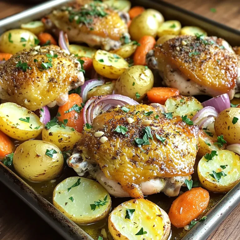 - 4 bone-in, skin-on chicken thighs - 1 pound baby potatoes, halved - 1 cup carrots, sliced into rounds - 1 large red onion, cut into wedges - 4 cloves garlic, minced - 3 tablespoons extra virgin olive oil - 2 teaspoons dried rosemary - 2 teaspoons dried thyme - 1 teaspoon smoked paprika - Salt and freshly ground black pepper to taste - Fresh parsley, finely chopped (for garnish) This dish shines with its simple, fresh ingredients. The chicken thighs provide rich flavor and moisture. Baby potatoes add heartiness, while carrots and red onion offer color and crunch. Garlic brings a warm, savory note. The herbs and spices add depth, making each bite delightful. Olive oil helps everything roast perfectly, ensuring a crisp finish. Using fresh parsley as a garnish adds bright color and a fresh taste. This mix of ingredients makes the dish easy yet impressive. Each element plays a role in the overall flavor and texture. This combination creates a meal that feels special but is simple to prepare. You will love how these ingredients come together in one pan. It's both fun and satisfying to make! Preheat your oven to 425°F (220°C). This heat is key for a great roast. In a large bowl, whisk together extra virgin olive oil, minced garlic, dried rosemary, dried thyme, smoked paprika, salt, and pepper. This mix adds flavor to your chicken. Add the chicken thighs to the bowl. Coat them well in the marinade. Let the chicken rest for about 10-15 minutes. This step helps it soak up those tasty flavors. Take a large sheet pan. Spread out the halved baby potatoes, sliced carrots, and red onion wedges. Drizzle with olive oil. Season with salt, pepper, and more dried rosemary. Toss the veggies to coat them evenly. Place the marinated chicken thighs on top of the veggies. Make sure the skin side is up. Slide the pan into the preheated oven. Roast for 35-40 minutes. The chicken should be golden and crispy, reaching an internal temperature of 165°F (74°C). The potatoes should be fork-tender. Once cooked, remove the pan from the oven. Let it rest for 5 minutes. This helps the juices spread throughout the chicken. Finally, sprinkle freshly chopped parsley over the dish. This adds a bright touch before serving. To get crispy skin, always place the chicken skin-side up. This helps the skin brown nicely. Adjust your oven to the right settings. Start at 425°F (220°C) for a hot roast. The heat helps render the fat, making the skin crispy and delicious. Adding fresh herbs can make your dish pop. I love using rosemary and thyme for this recipe. You can also add lemon or citrus flavors. Squeeze some fresh lemon juice over the chicken before roasting. This brightens the dish and adds a nice zing. Understanding cooking temperature is key. The chicken should cook at 425°F (220°C) for about 35-40 minutes. Always check the internal temperature of the chicken. It should reach 165°F (74°C) to ensure it’s safe to eat. Cooked potatoes should be fork-tender, making sure everything is perfect. {{image_4}} You can switch up the veggies in this dish. Other root vegetables work great too. Think sweet potatoes, turnips, or parsnips. Just chop them into similar sizes for even cooking. Adding seasonal greens boosts both color and flavor. Try spinach, kale, or even green beans. Toss them in during the last 10 minutes of cooking. This way, they stay bright and fresh. If you want to change the protein, chicken breasts or drumsticks make good swaps. Adjust the cooking time; breasts may cook faster than thighs. Always check the internal temperature to ensure they reach 165°F (74°C). For a vegetarian option, replace the chicken with hearty plant-based protein. Use chickpeas or tofu marinated in the same herbs. Arrange them on the sheet pan with the veggies and roast until golden. Experimenting with herbs can change your dish drastically. Try fresh herbs like basil, cilantro, or dill for a new taste. You can also mix dried herbs for a more complex flavor. Incorporating marinades or sauces adds another layer of flavor. Use a lemon garlic sauce, teriyaki, or even a spicy sriracha mix. Just ensure the sauce does not overpower the other flavors. After enjoying your Herb Roasted Chicken & Potato Sheet Pan, you may have leftovers. Store them in the fridge. Use an airtight container to keep the food fresh. Leftovers can last up to three days. When you're ready to eat, reheat in the oven for best results. Set the oven to 350°F (175°C). Bake for about 15-20 minutes or until heated through. If you want to save the dish for later, freezing is a great option. Place portions in freezer-safe bags or containers. Squeeze out as much air as you can before sealing. Leftovers can stay fresh in the freezer for about three months. To thaw, move the bag to the fridge overnight. For a quicker method, use the microwave's defrost setting. For the best taste and safety, consume your meal quickly. In the fridge, it stays fresh for three days. In the freezer, it lasts up to three months. Look for signs of spoilage, like a sour smell or discoloration. If you notice these, it's best to toss it. Always trust your senses when it comes to food safety. Yes, you can use boneless chicken. Boneless chicken cooks faster than bone-in. It will still taste great, but the skin won’t be as crispy. For best results, add some extra oil to keep it moist. To know if chicken is cooked, check the internal temperature. The safe temperature is 165°F (74°C). Use a meat thermometer to check. This step ensures your chicken is safe to eat. To make this dish gluten-free, focus on the ingredients. Make sure your olive oil and spices are gluten-free. Avoid any sauces that may contain gluten. Fresh herbs are also a great addition. Great sides for this dish include: - Steamed green beans - A fresh garden salad - Roasted Brussels sprouts These sides balance the meal and add color. Yes, you can make this dish ahead of time. Marinate the chicken the night before. Store it in the fridge to absorb flavors. You can roast it the next day for a quick dinner. This blog post covered how to make a delicious Herb Roasted Chicken and Potatoes. We discussed key ingredients, cooking steps, and tips for crispy skin. You can also customize flavors and vegetables to match your taste. In conclusion, this dish is easy and rewarding. Don't hesitate to try different herbs or sides. Remember to follow the cooking tips for the best results. Enjoy sharing this meal with family and friends.