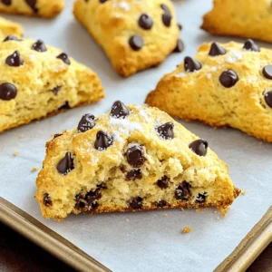 - 2 cups all-purpose flour - 1/3 cup granulated sugar - 1 tablespoon baking powder - 1/2 teaspoon salt - 1/2 cup unsalted butter, chilled and cubed - 1/2 cup heavy cream - 1 large egg - 1 teaspoon vanilla extract - 1 cup semi-sweet chocolate chips - 1/4 cup coarse sugar (for sprinkling on top) Gathering your ingredients is key to making great scones. Start with flour, sugar, baking powder, and salt. These dry ingredients create the base of your scone. Next, chilled butter adds flakiness. I love using unsalted butter for better control over flavors. You’ll need heavy cream for moisture. A large egg binds everything together. Vanilla extract adds a warm aroma. Finally, semi-sweet chocolate chips bring the sweet touch. A sprinkle of coarse sugar on top gives a nice crunch. - Mixing bowls - Whisk - Pastry cutter or fingertips - Baking sheet - Parchment paper - Wire rack Let’s not forget your tools! You’ll need mixing bowls to combine everything. A whisk helps mix dry ingredients smoothly. A pastry cutter or your fingertips works best for cutting in the butter. Use a baking sheet lined with parchment paper for easy cleanup. A wire rack cools your scones after baking. With these ingredients and tools ready, you can create scones that taste like they came from a bakery! - Preheat your oven to 400°F (200°C). - Line a baking sheet with parchment paper. - In a large bowl, mix together: - 2 cups all-purpose flour - 1/3 cup granulated sugar - 1 tablespoon baking powder - 1/2 teaspoon salt To get flaky scones, you must cut butter into the flour. - Use chilled, cubed butter. - Add it to the dry mixture. - Use your fingertips or a pastry cutter. - Work the butter into the flour until it looks like coarse crumbs. - Keep some small pieces of butter for flakiness. Now, let’s whisk the wet ingredients. - In another bowl, mix: - 1/2 cup heavy cream - 1 large egg - 1 teaspoon vanilla extract - Pour the wet mix into the dry mixture gradually. - Use a spatula to fold gently. - Be careful not to overmix. - The dough should be crumbly but hold together. Now it’s time to shape the dough. - Turn the dough onto a floured surface. - Shape it into an 8-inch circle, about 1 inch thick. - Cut the circle into 8 wedges. - Transfer the wedges to the baking sheet, leaving space between them. - Sprinkle coarse sugar on top of each scone. - Bake for 15 to 20 minutes until they are golden brown. - Check with a toothpick; it should come out clean. To make your scones fluffy, start with cold ingredients. Use chilled butter and heavy cream. Cold butter helps create flaky layers. When you mix the butter into the flour, use your fingertips. This keeps the butter from warming up too much. Handle the dough gently to avoid tough scones. Mix until just combined, and don't overwork it. The dough should feel crumbly but hold together nicely. Keep an eye on your baking time and temperature. Preheat your oven to 400°F (200°C). Bake the scones for 15 to 20 minutes. Look for a golden brown color on top. A toothpick inserted in the center should come out clean. This means they are done. If the tops turn too dark, cover them with foil to prevent burning. Serve your chocolate chip scones warm for the best taste. They pair well with clotted cream or fresh fruit. A dusting of powdered sugar adds a nice touch. For drinks, enjoy them with a cup of tea or coffee. Arrange the scones on a pretty plate to impress your guests. This simple presentation makes each bite even more delightful. {{image_4}} You can add nuts to your scones for extra crunch. Walnuts and pecans work well. They bring a nice texture and nutty flavor. Dried fruits also add sweetness and a chewy bite. Cranberries and blueberries are great options. Mix about half a cup into your dough for tasty results. If you need a gluten-free option, use a gluten-free flour blend. It will still taste good! For a vegan version, swap the butter for coconut oil or a vegan butter. Use almond milk instead of heavy cream. These changes keep the scones rich and flavorful. Switch up your sugar for a different taste. You can use brown sugar or even cinnamon sugar. For a sweet glaze, mix powdered sugar with milk or lemon juice. Drizzle this on top after baking for a nice finish. These toppings can really make your scones shine. To keep your scones fresh, let them cool completely. Place them in an airtight container. If you stack them, add parchment paper between layers. This prevents them from sticking together. Store at room temperature for up to two days. For longer freshness, consider refrigeration. You can freeze unbaked scones or baked ones. For unbaked scones, place the wedges on a baking sheet. Freeze them until firm, then transfer to a freezer bag. This keeps them fresh for about three months. To bake, add a few extra minutes to the time. For baked scones, cool them completely. Wrap each scone in plastic wrap. Then, place them in a freezer bag. They can last up to three months in the freezer. To reheat baked scones, preheat your oven to 350°F (175°C). Place the scones on a baking sheet. Heat for about 10 minutes until warm. You can also microwave them for 15-20 seconds. Be careful not to overheat, as they can become tough. Enjoy them warm for the best taste! Baked scones stay fresh for about two days at room temperature. Keep them in an airtight container. If you want them to last longer, store them in the fridge for up to a week. You can freeze them for up to three months. Just make sure to wrap them well. Yes, you can make the dough ahead. Shape the dough into a circle, then cut it into wedges. Wrap the wedges in plastic wrap. Store them in the fridge for up to a day before baking. This saves time on busy mornings. To reheat scones, place them in a preheated oven at 350°F (175°C). Heat for about 5 to 10 minutes. This keeps them warm and brings back their flaky texture. You can also microwave them for about 15 seconds, but they may lose some crispness. Check if the scones are golden brown on top. Use a toothpick; it should come out clean. If the toothpick has wet dough on it, the scones need more time. Underbaked scones may be doughy inside, and that's not ideal. You can substitute some ingredients. Use whole wheat flour for a nuttier flavor. You can swap heavy cream with milk, but the scones may be less rich. For a dairy-free option, try almond milk or coconut cream. Just keep the ratios similar for best results. In this blog post, we explored how to make delicious chocolate chip scones. We covered the essential ingredients, tools, and detailed steps to ensure perfect results. Plus, I shared tips for achieving the best texture and storage methods to keep them fresh. Remember, baking is both an art and a science. With the right ingredients and careful steps, you can create scones that impress everyone. Enjoy experimenting with flavors and serving them warm! Happy baking!