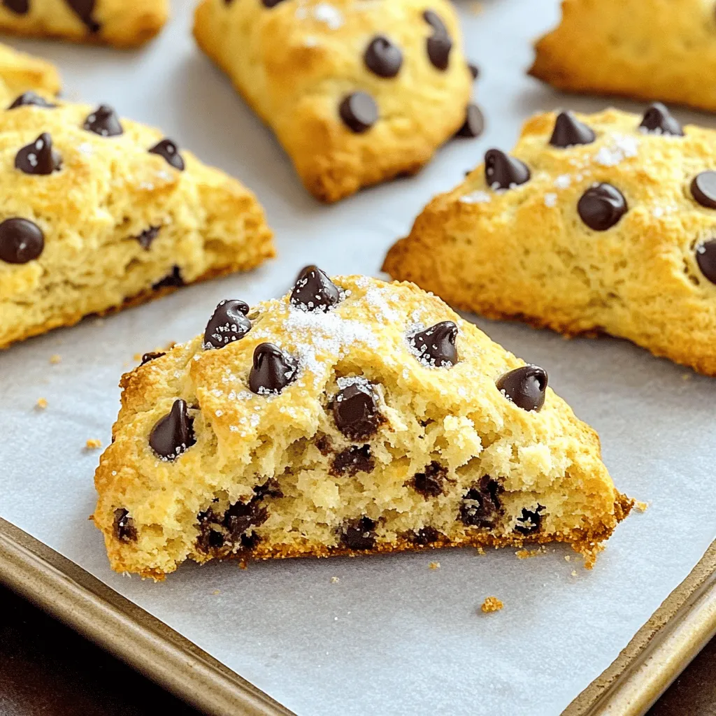 - 2 cups all-purpose flour - 1/3 cup granulated sugar - 1 tablespoon baking powder - 1/2 teaspoon salt - 1/2 cup unsalted butter, chilled and cubed - 1/2 cup heavy cream - 1 large egg - 1 teaspoon vanilla extract - 1 cup semi-sweet chocolate chips - 1/4 cup coarse sugar (for sprinkling on top) Gathering your ingredients is key to making great scones. Start with flour, sugar, baking powder, and salt. These dry ingredients create the base of your scone. Next, chilled butter adds flakiness. I love using unsalted butter for better control over flavors. You’ll need heavy cream for moisture. A large egg binds everything together. Vanilla extract adds a warm aroma. Finally, semi-sweet chocolate chips bring the sweet touch. A sprinkle of coarse sugar on top gives a nice crunch. - Mixing bowls - Whisk - Pastry cutter or fingertips - Baking sheet - Parchment paper - Wire rack Let’s not forget your tools! You’ll need mixing bowls to combine everything. A whisk helps mix dry ingredients smoothly. A pastry cutter or your fingertips works best for cutting in the butter. Use a baking sheet lined with parchment paper for easy cleanup. A wire rack cools your scones after baking. With these ingredients and tools ready, you can create scones that taste like they came from a bakery! - Preheat your oven to 400°F (200°C). - Line a baking sheet with parchment paper. - In a large bowl, mix together: - 2 cups all-purpose flour - 1/3 cup granulated sugar - 1 tablespoon baking powder - 1/2 teaspoon salt To get flaky scones, you must cut butter into the flour. - Use chilled, cubed butter. - Add it to the dry mixture. - Use your fingertips or a pastry cutter. - Work the butter into the flour until it looks like coarse crumbs. - Keep some small pieces of butter for flakiness. Now, let’s whisk the wet ingredients. - In another bowl, mix: - 1/2 cup heavy cream - 1 large egg - 1 teaspoon vanilla extract - Pour the wet mix into the dry mixture gradually. - Use a spatula to fold gently. - Be careful not to overmix. - The dough should be crumbly but hold together. Now it’s time to shape the dough. - Turn the dough onto a floured surface. - Shape it into an 8-inch circle, about 1 inch thick. - Cut the circle into 8 wedges. - Transfer the wedges to the baking sheet, leaving space between them. - Sprinkle coarse sugar on top of each scone. - Bake for 15 to 20 minutes until they are golden brown. - Check with a toothpick; it should come out clean. To make your scones fluffy, start with cold ingredients. Use chilled butter and heavy cream. Cold butter helps create flaky layers. When you mix the butter into the flour, use your fingertips. This keeps the butter from warming up too much. Handle the dough gently to avoid tough scones. Mix until just combined, and don't overwork it. The dough should feel crumbly but hold together nicely. Keep an eye on your baking time and temperature. Preheat your oven to 400°F (200°C). Bake the scones for 15 to 20 minutes. Look for a golden brown color on top. A toothpick inserted in the center should come out clean. This means they are done. If the tops turn too dark, cover them with foil to prevent burning. Serve your chocolate chip scones warm for the best taste. They pair well with clotted cream or fresh fruit. A dusting of powdered sugar adds a nice touch. For drinks, enjoy them with a cup of tea or coffee. Arrange the scones on a pretty plate to impress your guests. This simple presentation makes each bite even more delightful. {{image_4}} You can add nuts to your scones for extra crunch. Walnuts and pecans work well. They bring a nice texture and nutty flavor. Dried fruits also add sweetness and a chewy bite. Cranberries and blueberries are great options. Mix about half a cup into your dough for tasty results. If you need a gluten-free option, use a gluten-free flour blend. It will still taste good! For a vegan version, swap the butter for coconut oil or a vegan butter. Use almond milk instead of heavy cream. These changes keep the scones rich and flavorful. Switch up your sugar for a different taste. You can use brown sugar or even cinnamon sugar. For a sweet glaze, mix powdered sugar with milk or lemon juice. Drizzle this on top after baking for a nice finish. These toppings can really make your scones shine. To keep your scones fresh, let them cool completely. Place them in an airtight container. If you stack them, add parchment paper between layers. This prevents them from sticking together. Store at room temperature for up to two days. For longer freshness, consider refrigeration. You can freeze unbaked scones or baked ones. For unbaked scones, place the wedges on a baking sheet. Freeze them until firm, then transfer to a freezer bag. This keeps them fresh for about three months. To bake, add a few extra minutes to the time. For baked scones, cool them completely. Wrap each scone in plastic wrap. Then, place them in a freezer bag. They can last up to three months in the freezer. To reheat baked scones, preheat your oven to 350°F (175°C). Place the scones on a baking sheet. Heat for about 10 minutes until warm. You can also microwave them for 15-20 seconds. Be careful not to overheat, as they can become tough. Enjoy them warm for the best taste! Baked scones stay fresh for about two days at room temperature. Keep them in an airtight container. If you want them to last longer, store them in the fridge for up to a week. You can freeze them for up to three months. Just make sure to wrap them well. Yes, you can make the dough ahead. Shape the dough into a circle, then cut it into wedges. Wrap the wedges in plastic wrap. Store them in the fridge for up to a day before baking. This saves time on busy mornings. To reheat scones, place them in a preheated oven at 350°F (175°C). Heat for about 5 to 10 minutes. This keeps them warm and brings back their flaky texture. You can also microwave them for about 15 seconds, but they may lose some crispness. Check if the scones are golden brown on top. Use a toothpick; it should come out clean. If the toothpick has wet dough on it, the scones need more time. Underbaked scones may be doughy inside, and that's not ideal. You can substitute some ingredients. Use whole wheat flour for a nuttier flavor. You can swap heavy cream with milk, but the scones may be less rich. For a dairy-free option, try almond milk or coconut cream. Just keep the ratios similar for best results. In this blog post, we explored how to make delicious chocolate chip scones. We covered the essential ingredients, tools, and detailed steps to ensure perfect results. Plus, I shared tips for achieving the best texture and storage methods to keep them fresh. Remember, baking is both an art and a science. With the right ingredients and careful steps, you can create scones that impress everyone. Enjoy experimenting with flavors and serving them warm! Happy baking!