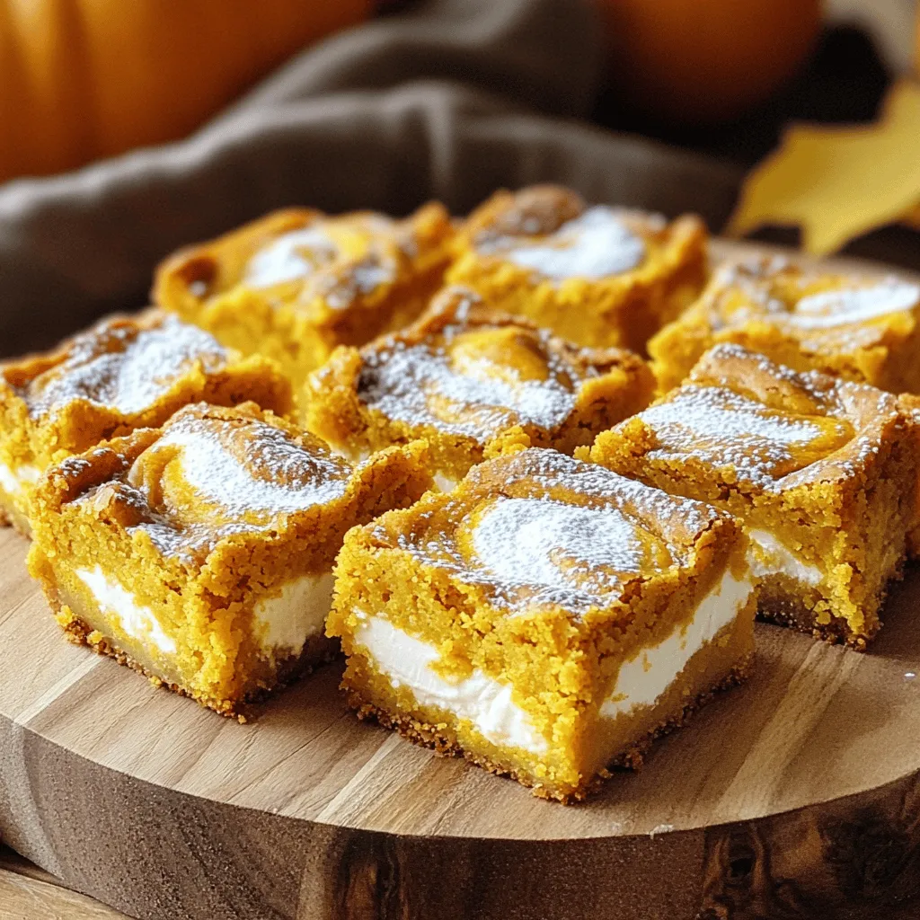 - 1 cup pumpkin puree (canned or fresh) - 1 cup packed brown sugar - 1/2 cup granulated sugar - 1/2 cup unsalted butter, melted and slightly cooled - 2 large eggs, at room temperature - 1 teaspoon pure vanilla extract - 1 teaspoon baking powder - 1/2 teaspoon baking soda - 1 teaspoon ground cinnamon - 1/2 teaspoon ground nutmeg - 1/4 teaspoon sea salt - 1 1/2 cups all-purpose flour - 8 oz cream cheese, softened to room temperature - 1/4 cup powdered sugar - 1 tablespoon fresh lemon juice Each ingredient plays a key role. If you want to swap the granulated sugar, use coconut sugar for a deeper flavor. You can replace all-purpose flour with a gluten-free blend. For an egg-free option, use flax eggs; mix one tablespoon of flaxseed meal with three tablespoons of water. Using fresh ingredients makes a big difference. Fresh pumpkin puree gives a vibrant flavor. Softened cream cheese blends smoothly into the batter. Fresh spices like cinnamon and nutmeg enhance the taste. Always check the dates on your ingredients, especially baking powder and baking soda. They should be fresh for the best rise and texture in your blondies. Start by preheating your oven to 350°F (175°C). Take a 9x9 inch baking dish and grease it well. Then, line it with parchment paper. Leave some paper hanging over the edges. This helps you lift the blondies out later. Next, gather your ingredients. You will need pumpkin puree, brown sugar, granulated sugar, melted butter, eggs, and vanilla extract. In a large mixing bowl, mix the pumpkin puree, brown sugar, granulated sugar, and melted butter. Use a whisk and mix until smooth. Now, add two large eggs and one teaspoon of pure vanilla extract to the bowl. Whisk these in until the batter looks creamy and well combined. In a separate bowl, sift together the dry ingredients. You need baking powder, baking soda, ground cinnamon, ground nutmeg, sea salt, and all-purpose flour. This step helps mix everything evenly, so your blondies rise well. Now, slowly add the dry mix to the wet mix. Use a spatula to fold them together gently. Be careful not to overmix. It's okay if the batter has a few lumps. This keeps the texture nice. For the cream cheese swirl, take eight ounces of softened cream cheese. Add in a quarter cup of powdered sugar and one tablespoon of fresh lemon juice. Beat these together until it’s smooth and creamy. Take half of your blondie batter and pour it into the prepared baking pan. Spread it evenly across the bottom. Next, dollop spoonfuls of the cream cheese mixture on top of the batter. Use a knife or skewer to swirl the cream cheese into the blondie batter. Finally, pour the rest of the blondie batter over the cream cheese layer. Smooth it out carefully. Bake your blondies in the preheated oven for 25-30 minutes. To check if they are done, insert a toothpick into the center. It should come out with a few moist crumbs, but not wet batter. After baking, let the blondies cool in the pan for about 10 minutes. Use the parchment paper to lift them out. Place them on a wire rack to cool completely. Enjoy the amazing fall flavors! To get the best texture for your pumpkin cream cheese blondies, avoid overmixing. When you combine the wet and dry ingredients, mix just until they blend. A few lumps are okay! This keeps the blondies moist and light. You want that soft, chewy bite. Remember, the cream cheese layer adds richness, making each bite even better. Baking time is key. Set your timer for 25 to 30 minutes. To check if they are done, insert a toothpick into the center. It should come out with a few moist crumbs, not wet batter. If it comes out clean, you might have overbaked them. Keep an eye on them as they bake, and trust your instincts! Once your blondies cool, store them in an airtight container. They stay fresh for about 3 to 5 days at room temperature. If you want them to last longer, freeze them. Cut them into squares and wrap each one in plastic wrap. Then, place them in a freezer bag. They can last up to three months in the freezer. Enjoy your fall treat anytime! {{image_4}} You can easily make these blondies gluten-free. Start by replacing all-purpose flour with a gluten-free blend. Look for a mix that includes xanthan gum, as it helps mimic the texture of regular flour. Almond flour is another option. It gives a nice nutty flavor too. Just remember that almond flour may change the final texture slightly. Also, check your baking powder to ensure it is gluten-free. You can jazz up these blondies with fun mix-ins. Try adding chocolate chips for a sweet twist. Butterscotch chips also work well with the pumpkin flavor. You can even fold in chopped nuts like walnuts or pecans for crunch. Dried cranberries or raisins add a nice chewy texture. Feel free to be creative; these blondies are very flexible! If you want a different frosting, there are many options. Cream cheese frosting is classic, but you can try vanilla or maple frosting too. A simple glaze made from powdered sugar and milk can also be great. For a fun twist, mix in some pumpkin spice into your frosting. This extra layer can make your blondies even more special and festive. These pumpkin cream cheese blondies shine when paired with the right drinks. For a warm touch, serve them with a cup of spiced chai or a rich hot chocolate. The spices in these drinks match the flavors in the blondies. You can also enjoy them with a light coffee or a sweet latte. The creamy notes of the coffee enhance the cream cheese swirl. Presentation makes a big difference. Cut the blondies into neat squares for a clean look. Place them on a rustic wooden platter for a cozy vibe. To make them more appealing, dust the tops with powdered sugar. You can also drizzle some cream cheese frosting on top. Adding a few pumpkin seeds or cinnamon sticks can create a charming touch. These blondies fit perfectly into fall themes. Use autumn leaves as table decor to enhance the season. For gatherings, serve them at harvest festivals or Halloween parties. You can also package them in cute boxes for a festive gift. Sharing these treats makes the season sweeter and more special. Yes, you can use fresh pumpkin. Just cook and puree it. Make sure to drain excess water. Fresh pumpkin adds a nice flavor. It may change the texture slightly. Canned pumpkin is often more convenient. Both options will work well in this recipe. Store leftovers in an airtight container. Keep them in the fridge for best results. This helps keep them fresh and moist. You can also wrap them in plastic wrap. Enjoy them within a week for the best taste. These blondies last about one week in the fridge. If you freeze them, they can last up to three months. Just make sure they are well-wrapped. Thaw them in the fridge overnight before serving. Enjoy these tasty treats whenever you want! This blog post explored key ingredients and their role in crafting blondies. I shared step-by-step instructions for a delicious baking process, highlighting texture and storage tips. I also covered variations, from gluten-free options to different flavors and frostings. Lastly, I shared serving ideas and answered common questions. Enjoying blondies is easy and fun. Use fresh ingredients for the best taste. Make them your own with flavors you love. Happy baking!