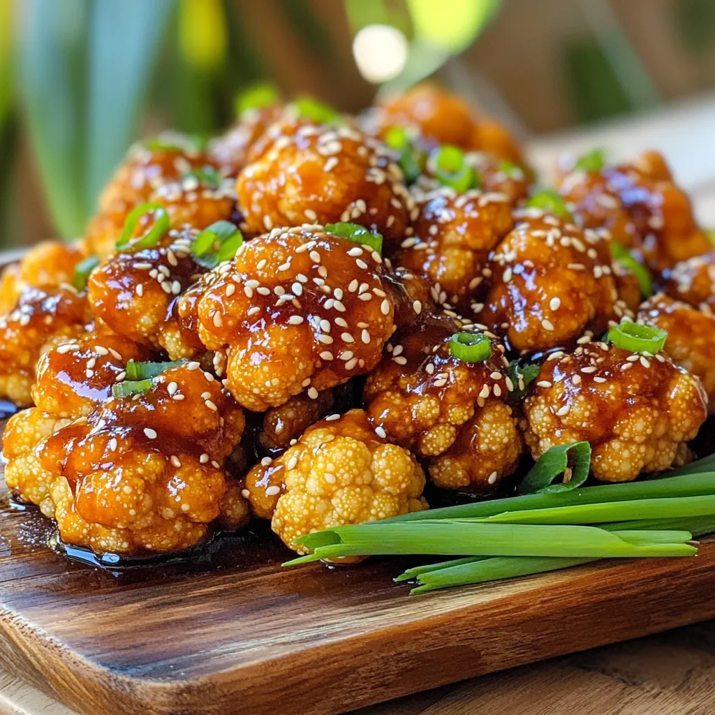 - 1 medium head of cauliflower, cut into bite-sized florets - 1/2 cup cornstarch - 1 teaspoon garlic powder - 1 teaspoon onion powder - 1/2 teaspoon salt - 1/2 teaspoon freshly ground black pepper The heart of this dish is the cauliflower. Choose a fresh head, with no brown spots. The cornstarch gives it that nice crunch. The garlic and onion powder add depth, while the salt and pepper finish off the flavor. - 1/4 cup soy sauce - 1/4 cup honey or agave syrup - 2 tablespoons sesame oil - 1 tablespoon rice vinegar - 2 teaspoons freshly grated ginger The sticky sauce makes this dish shine. Soy sauce brings umami, and honey or agave syrup adds sweetness. Sesame oil gives a nutty flavor, while rice vinegar adds a touch of tang. Fresh ginger wakes up the sauce with its zest, making it truly irresistible. - 1 tablespoon sesame seeds - Sliced green onions for garnish Garnishes elevate the dish. Sesame seeds add a nice crunch and nutty flavor. Green onions give a bright touch, making the dish look lovely and fresh. They also add a hint of sharpness that balances the sweetness of the sauce. Start by cutting the cauliflower into bite-sized florets. Place them in a large mixing bowl. Now, sprinkle the cornstarch, garlic powder, onion powder, salt, and black pepper over the florets. Toss everything well until each floret gets a good coat of seasoning. This step is key. The seasoning helps boost the flavor and gives the cauliflower a nice crunch. Heat up a deep skillet or frying pan over medium-high heat. Pour in the vegetable oil. To test if it's hot, drop a small piece of cauliflower in. If it sizzles, you’re ready! Carefully add the coated cauliflower in small batches. Fry each batch for about 4-5 minutes. You want them golden brown and crispy. Use a slotted spoon to take them out and let them drain on paper towels. Frying in batches keeps everything evenly cooked and crispy. In a small saucepan, combine the soy sauce, honey or agave syrup, sesame oil, rice vinegar, and grated ginger. Place this over low heat and stir occasionally. Let it cook for about 3-4 minutes. You want the sauce to reduce and become syrupy. This thick sauce will stick to your cauliflower and add a sweet, savory flavor. Once the sauce thickens, add your crispy fried cauliflower to the saucepan. Toss the florets gently in the sticky sauce. Make sure every piece is coated and glistening. Now, sprinkle the sesame seeds on top. Toss again to mix them evenly throughout the cauliflower. This adds extra crunch and a nice nutty flavor. Transfer your sticky sesame cauliflower to a lovely serving platter. For a colorful touch, finish with sliced green onions on top. This dish pairs well with rice or noodles. You can also serve it as a side dish with stir-fried veggies or grilled meat. Enjoy your delicious creation! To get the perfect crispiness, make sure your oil is hot. Heat the oil over medium-high heat. Test it by dropping in a small piece of cauliflower. If it sizzles, you're ready! Fry the florets in small batches. This keeps the oil hot and gives each piece room to cook evenly. To avoid an oily texture, drain the fried cauliflower well. Use a slotted spoon to lift them from the oil. Place them on paper towels to absorb extra oil. This step is key for achieving that light, crispy bite. You can adjust the sweetness of the sauce to fit your taste. Use less honey or agave syrup if you prefer it less sweet. For a sweeter kick, add more. This flexibility lets you create your ideal flavor. If you want some heat, consider adding chili flakes or hot sauce. Mix in a pinch to the sticky sauce while it cooks. This adds an exciting spicy twist to your dish. You can use different coatings if you want to mix things up. Try using chickpea flour or almond flour instead of cornstarch. This can give your cauliflower a unique flavor and texture. Feel free to switch out the cauliflower for other veggies. Broccoli, Brussels sprouts, or even tofu work well. Each option brings its own taste and texture, making your dish even more fun! {{image_4}} You can make this dish gluten-free easily. Just swap regular soy sauce for gluten-free soy sauce. This change keeps the flavor intact while making it safe for those with gluten intolerance. For the coating, instead of cornstarch, you can use potato starch or tapioca flour. Both options provide a great crunch. Want to add some heat? You can add chili flakes or hot sauce to the sticky sauce. Start with a pinch and taste as you go. It’s easy to make it just right for your palate. You can also top the cauliflower with sliced red chili or crushed peanuts for extra flavor and texture. Baking the cauliflower is a healthier option. To bake, preheat your oven to 425°F (220°C). Toss the coated cauliflower in a bit of oil and spread it on a baking sheet. Bake for about 25-30 minutes. Flip halfway for even cooking. Fried cauliflower has a crispier, richer texture. It’s golden brown and indulgent, creating a delightful crunch. Baked versions are lighter but may lack the same depth of flavor. Choose based on your mood or dietary needs! To keep your sticky sesame cauliflower fresh, use airtight containers. Glass or plastic containers work well. Make sure to let the cauliflower cool before sealing. This helps avoid moisture inside the container. The leftovers can last about 3 to 4 days in the fridge. When you reheat, you want to keep that crispy texture. The best way is to use the oven. Preheat it to 350°F (175°C). Spread the cauliflower on a baking sheet and heat for about 10 minutes. You can also use an air fryer for a quick reheating. For serving ideas, try adding the cauliflower to a salad or grain bowl for a tasty twist. If you want to freeze the cauliflower, place it in a single layer on a baking sheet first. Freeze for about 1 to 2 hours. After that, transfer it to freezer bags. Make sure to squeeze out as much air as you can. For the best taste, thaw in the fridge overnight before reheating. Avoid using the microwave as it can make the cauliflower soggy. Yes, you can use frozen cauliflower! Just remember to thaw it first. Drain the water from the thawed florets. You need to coat them well in cornstarch and seasonings. Frozen cauliflower may need a longer frying time to get crispy. Keep an eye on them while they fry. To make this Sticky Sesame Cauliflower vegan, swap honey for agave syrup or maple syrup. Both options provide a sweet flavor without using animal products. You can also try brown rice syrup for a unique taste. Each serving has about 200 calories. It contains 7 grams of protein and 10 grams of fat. You also get around 25 grams of carbs, with 3 grams of fiber. This dish is a tasty option for a healthy meal. Yes, you can make the sauce in advance! Store it in an airtight container in the fridge. It will last for about a week. When you are ready to use it, just reheat it in a small saucepan over low heat until warm. Sticky Sesame Cauliflower goes great with rice or quinoa. You can serve it alongside grilled chicken or tofu for a complete meal. For a fresh twist, add a side salad or steamed veggies. These pairings will enhance your dining experience. This sticky sesame cauliflower recipe combines fresh ingredients and tasty flavors. You learned how to prepare, fry, and coat the cauliflower to make it delicious. I shared tips on achieving crispiness and making variations. Remember, adjust the sweetness and spice levels to suit your taste. Store leftovers properly to enjoy them later. With this guide, you can impress friends and family with your cooking. Get ready to savor every bite!