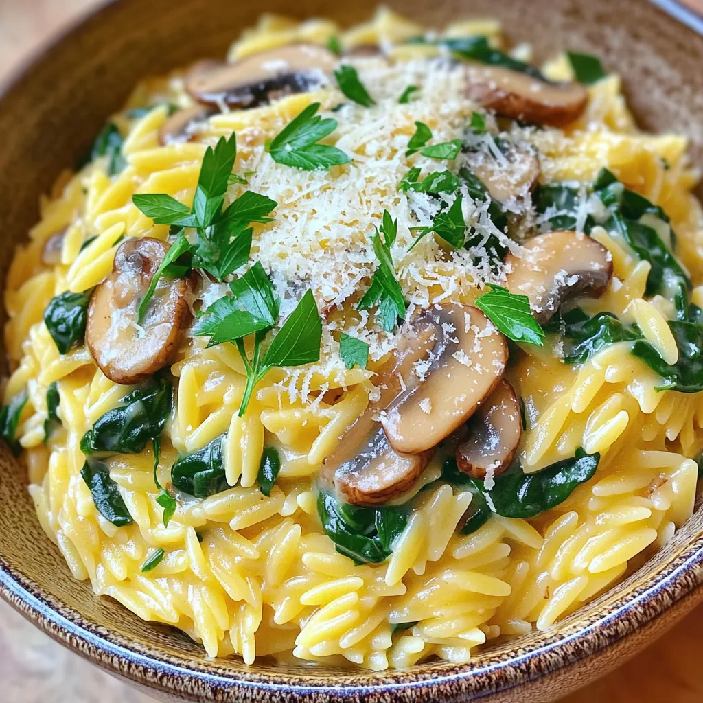 To create this tasty dish, you need the following basic ingredients: - 1 cup orzo pasta - 1 tablespoon extra virgin olive oil - 1 small onion, finely chopped - 3 cloves garlic, minced - 8 ounces mushrooms, sliced (cremini or button) - 4 cups fresh spinach, roughly chopped - 1 cup vegetable broth - 1 cup heavy cream (or coconut cream) - 1/2 cup grated Parmesan cheese (or nutritional yeast) - Salt and freshly cracked black pepper to taste - Fresh parsley, chopped, for garnish You can customize your orzo with these fun options: - Cherry tomatoes, halved, for sweetness - Sun-dried tomatoes for a burst of flavor - Fresh herbs like basil or thyme for added freshness - A splash of lemon juice for brightness If you need alternatives, consider these swaps: - Quinoa or rice instead of orzo for a gluten-free option - Almond milk or oat milk instead of heavy cream for a lighter sauce - Vegan cheese or cashew cream instead of Parmesan for a plant-based option - Kale or Swiss chard in place of spinach for a different green flavor To start, fill a large pot with salted water. Bring it to a rolling boil. Once boiling, add 1 cup of orzo pasta. Cook the orzo according to the package instructions. You want it to be al dente, which means it should be firm to the bite. After cooking, drain the orzo in a colander and set it aside. This step is key for a great texture. In the same pot, add 1 tablespoon of extra virgin olive oil. Heat it over medium heat until it shimmers. Next, add 1 small finely chopped onion. Sauté this for about 3 to 4 minutes. You want the onion to be soft and translucent. Then, add 3 cloves of minced garlic and 8 ounces of sliced mushrooms. Cook this mixture for 5 to 7 minutes. Stir occasionally. The mushrooms should turn a deep brown and release their moisture. This adds rich flavor to the dish. Now it’s time for the greens. Add 4 cups of roughly chopped fresh spinach to the pot. Stir until the spinach wilts, which will take about 2 minutes. Then, pour in 1 cup of vegetable broth. Bring this mixture to a gentle simmer. Let it bubble softly, filling your kitchen with lovely aromas. Lower the heat slightly and add 1 cup of heavy cream. Stir constantly until it blends well. After about 3 to 4 minutes, the sauce will thicken and become creamy. Finally, add the cooked orzo and 1/2 cup of grated Parmesan cheese. Gently fold everything together until the orzo is well coated in sauce. Season with salt and cracked black pepper to taste. To get a great creamy texture, use heavy cream or coconut cream. Heavy cream gives a rich taste. Coconut cream is a tasty, dairy-free choice. When you pour in the cream, stir well. Let it simmer gently. This helps the sauce thicken nicely. If it seems too thick, add more broth. You want a smooth, rich sauce that coats the orzo well. For the best sautéed mushrooms, start with a hot pan. Use medium heat and add olive oil. When the oil shimmers, add sliced mushrooms. Do not crowd the mushrooms. This helps them brown better. Stir them every few minutes. They should cook for about 5 to 7 minutes. Look for a deep brown color and moisture release. This adds a rich flavor to the dish. To serve this dish nicely, use warmed bowls. The warmth keeps the food hot longer. Drizzle a little extra olive oil on top. This adds shine and flavor. Sprinkle extra Parmesan cheese on top for a touch of elegance. Finally, add freshly chopped parsley. It adds a nice pop of color. Enjoy the beautiful look of your dish before you dig in. {{image_4}} You can make this dish vegan by swapping heavy cream for coconut cream. Coconut cream gives a rich texture and adds a subtle sweetness. It works great with the mushrooms and spinach. Use nutritional yeast instead of Parmesan cheese for a cheesy flavor. Nutritional yeast is packed with nutrients and adds a great umami taste. Want to add protein? You can include cooked chicken or tofu. For chicken, use grilled or sautéed pieces and stir them in when you mix the orzo. If you prefer tofu, use firm tofu. Cube it and sauté until golden before adding it to the dish. Both options make this meal hearty and filling. Feel free to add more vegetables! You can mix in bell peppers, zucchini, or peas. Sauté the veggies with the mushrooms to build flavor. For a kick, add red pepper flakes or fresh herbs like thyme or basil. This way, you can customize the dish to your taste, making it even more delightful. Store your creamy mushroom spinach orzo in an airtight container. Make sure it cools down first. This helps keep it fresh and tasty. Place it in the fridge for up to three days. If you want to keep it longer, consider freezing it. When you’re ready to eat again, reheat the orzo on the stove. Add a splash of water or broth to help it warm evenly. Stir it often to avoid burning. You can also use the microwave if you prefer. Heat it in short bursts, stirring in between, until it's hot. If you want to freeze your orzo, portion it into smaller containers. This makes it easy to thaw just what you need. When you're ready to eat, let it thaw overnight in the fridge. Then, reheat it on the stove or in the microwave. The texture might change slightly, but it will still taste great! Yes, you can use various pasta shapes. Penne, fusilli, or even spaghetti work well. Just remember to adjust cooking times based on the pasta you choose. The key is to cook it until al dente. This keeps the pasta firm and perfect with the creamy sauce. Feel free to experiment with whole wheat or gluten-free pasta too! To make this dish dairy-free, swap the heavy cream for coconut cream. This gives a rich taste without using dairy. You can also use nutritional yeast instead of Parmesan cheese. It adds a cheesy flavor while keeping it vegan. This way, everyone can enjoy this creamy dish! Creamy Mushroom Spinach Orzo pairs well with many sides. A fresh salad with lemon vinaigrette complements the rich flavors. Grilled chicken or shrimp adds protein for a heartier meal. You can also serve it with crusty bread for a cozy dinner. Each option enhances the dish and makes it even more enjoyable! Creamy Mushroom Spinach Orzo is a simple dish with endless options. We covered tasty main and optional ingredients and how to cook them. I shared tips for the best texture and how to present your dish well. You can even switch up the recipe to fit your taste or storage needs. This dish is not just creamy; it's a canvas for your creativity. Try adding your favorite veggies or proteins. Enjoy making this dish your own while impressing family and friends!