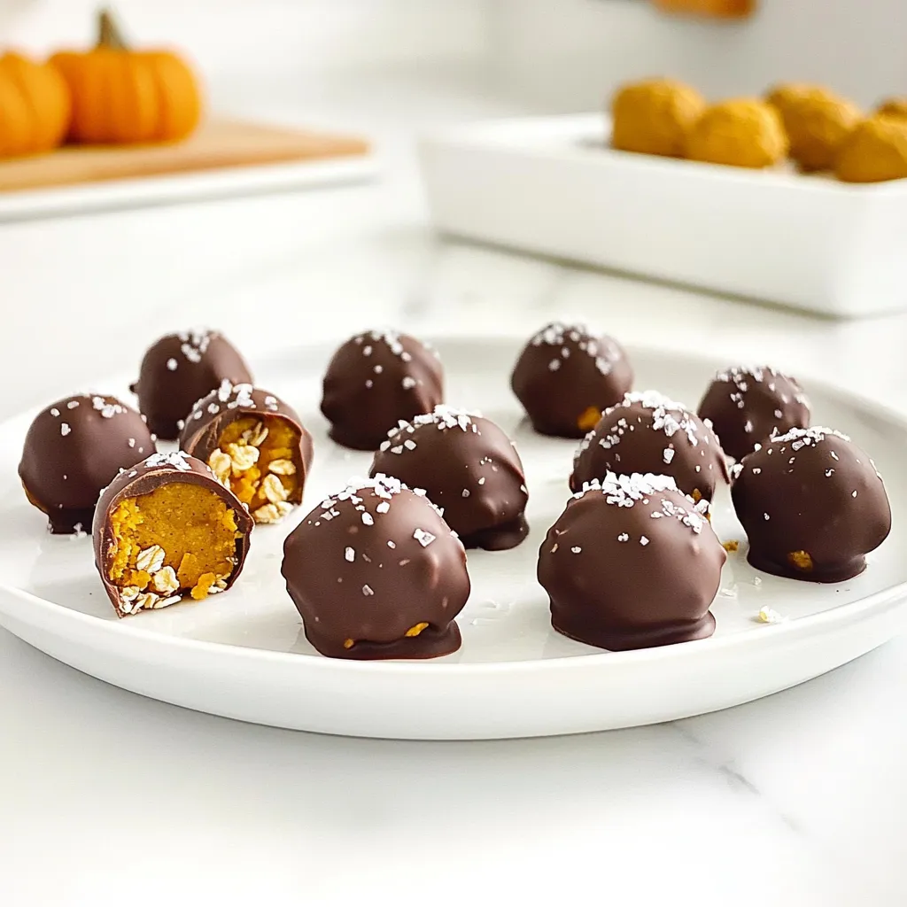 - 1 cup canned pumpkin puree - 1 cup almond butter (or your preferred nut butter) - ½ cup maple syrup - 1 teaspoon vanilla extract - 2 cups rolled oats - 1 teaspoon pumpkin pie spice - 1 cup dark chocolate chips (dairy-free, if preferred) - 1 tablespoon coconut oil To make these tasty no-bake chocolate-covered pumpkin bites, gather all the ingredients first. The canned pumpkin puree gives a rich flavor and creamy texture. Almond butter will add a nice nutty taste, but feel free to swap it with any nut butter you like. Maple syrup adds sweetness. It blends perfectly with vanilla extract, which gives a warm aroma. Rolled oats provide a hearty base, making these bites filling and healthy. Pumpkin pie spice brings warmth with hints of cinnamon and nutmeg, perfect for fall flavors. For the chocolate coating, choose dark chocolate chips for a rich taste. If you want a dairy-free option, look for dairy-free chocolate chips. Coconut oil helps the chocolate melt smoothly, making it easy to coat the bites. With these ingredients ready, you can start making your delicious treats! To start, grab a large mixing bowl. In this bowl, combine these wet ingredients: - 1 cup canned pumpkin puree - 1 cup almond butter (or another nut butter) - ½ cup maple syrup - 1 teaspoon vanilla extract Use a spatula or wooden spoon to mix them well. Keep stirring until the mixture is smooth. Now, let’s add the dry ingredients. To the wet mix, add: - 2 cups rolled oats - 1 teaspoon pumpkin pie spice - A pinch of salt Mix everything together until it forms a thick mixture. It should pull together nicely. Next, line a baking sheet with parchment paper. This step helps prevent sticking. Use your hands to take small portions of the mixture. Roll each portion into balls, about 1 inch wide. Place these on the baking sheet. Once you shape all the bites, put the baking sheet in the fridge. Chill them for about 30 minutes. This helps the bites firm up for easy handling. While the bites chill, prepare the chocolate coating. In a microwave-safe bowl, combine: - 1 cup dark chocolate chips - 1 tablespoon coconut oil Microwave this mix in 30-second intervals. Stir after each interval until the chocolate is smooth. Once the pumpkin bites have chilled, take them out. Using a fork, dip each bite into the melted chocolate. Make sure it gets a good coat. Allow the extra chocolate to drip off. Then, place the bites back on the parchment paper. To add some flair, sprinkle a pinch of sea salt or crushed nuts on each bite after dipping. Finally, return the baking sheet to the fridge for another 30 minutes. This time helps the chocolate set and harden perfectly. To get a nice chocolate coat, start by melting the dark chocolate chips. Mix in coconut oil. This helps the chocolate stay smooth. Use a microwave safe bowl for best results. Heat in 30-second bursts, stirring in between. This keeps the chocolate from burning. For even coverage, dip each pumpkin bite fully. Use a fork to lift it out. Gently tap the fork on the bowl’s edge. This helps remove extra chocolate. Place the bites on parchment paper carefully. Avoid clumps by working quickly. If the chocolate starts to harden, reheat it lightly. Add a sprinkle of sea salt on top of each bite. This gives a nice salty-sweet contrast. You can also crush nuts, like walnuts or pecans, for added crunch. Sprinkle these on right after dipping the bites. Try using different nut butters too. Peanut butter adds a rich flavor. Sunflower seed butter is a great option for nut-free diets. Each nut butter brings a unique taste. Experiment to find your favorite. These small changes make each bite special. {{image_4}} You can swap maple syrup for honey or agave syrup. Each sweetener brings its own taste. Honey adds a floral note, while agave is milder. If you want less sweetness, reduce the amount of sweetener. This adjustment can help suit different tastes. Always taste the mix to find what you like best. Try adding dried fruits like cranberries or raisins for a chewy bite. Seeds, such as sunflower or pumpkin, add crunch and nutrition. You can also mix in spices like cinnamon or nutmeg. These spices enhance the pumpkin flavor and add warmth. Have fun experimenting! Each variation can make your bites unique. Store your chocolate covered pumpkin bites in a cool place. I recommend using an airtight container. This keeps them fresh and tasty. You can stack them carefully. Just make sure to use parchment paper between layers. It helps to avoid sticking. For long-term storage, use your fridge or freezer. Refrigeration is great for short-term. Freezing works well for longer storage. In the refrigerator, these bites last about one week. They stay fresh if kept in an airtight container. If you choose to freeze them, they can last up to three months. Just thaw them in the fridge before enjoying. This keeps their flavor and texture just right. Yes, you can use fresh pumpkin. Just cook it, then mash it smooth. Canned pumpkin is easier, but fresh adds great flavor. Make sure to remove any excess water from fresh pumpkin to avoid a runny mixture. To make these bites vegan, use maple syrup and dairy-free dark chocolate. Almond butter is already vegan, so you’re set there. Look for chocolate chips that say "dairy-free" on the label. Almond butter is my favorite, but you can use any nut butter you like. Peanut butter works well, too. If you have nut allergies, sunflower seed butter is a great choice. Yes, you can use milk chocolate if you prefer a sweeter taste. Just melt it the same way. The bites will be sweeter and creamier. Keep in mind that milk chocolate has more sugar than dark chocolate. The bites need to chill for about 30 minutes after you shape them. After coating them in chocolate, chill them for another 30 minutes. This helps the chocolate harden and keeps the bites firm. These chocolate-covered pumpkin bites are a tasty treat. You start with simple ingredients, like pumpkin puree and nut butter. Then, you mix wet and dry elements and form small balls. After chilling, dip these bites in melted chocolate for a delicious coating. You can even tweak flavors or try new nuts for fun textures. Store them in the right container to keep them fresh. Enjoy making these easy snacks for all occasions!