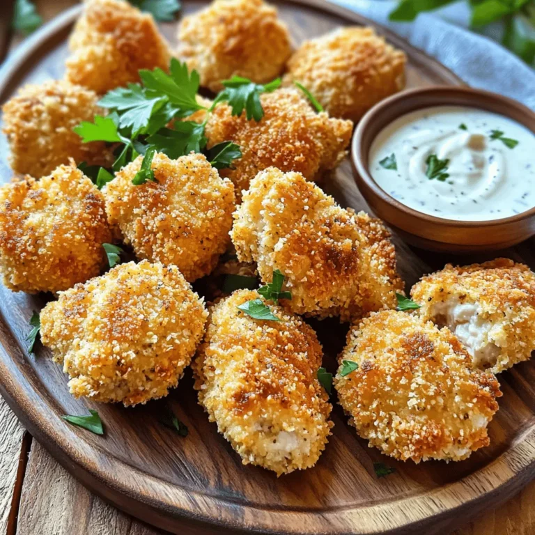 - 1 lb chicken breast - 1 cup buttermilk - 1/2 cup ranch dressing - 1 cup breadcrumbs (preferably panko) - 1/2 cup grated Parmesan cheese - 1 teaspoon garlic powder - 1 teaspoon onion powder - 1 teaspoon paprika - Salt and pepper, to taste - Cooking spray To create Air Fryer Ranch Chicken Nuggets, gather your main ingredients first. You need one pound of chicken breast. Cut it into small pieces for easy cooking. Buttermilk is key too. Use one cup for marinating the chicken. Next, let's talk about seasoning and coating. You will need half a cup of ranch dressing. This adds a lot of flavor. For the crunch, grab one cup of breadcrumbs. I recommend panko for extra crispiness. You will also need half a cup of grated Parmesan cheese. Don’t forget the spices! You will need garlic powder, onion powder, and paprika. Each spice adds depth to your nuggets. Lastly, add salt and pepper to taste. Finally, cooking spray is essential. It helps give your nuggets a nice golden finish. To start, grab a medium bowl. In this bowl, mix 1 cup of buttermilk and 1/2 cup of ranch dressing. Whisk these together until smooth. This mixture gives the chicken a nice, tangy flavor. Next, add your bite-sized chicken pieces into the bowl. Make sure each piece gets fully coated in the buttermilk and ranch mix. Cover the bowl with plastic wrap and refrigerate. I recommend marinating for at least 30 minutes. For a deeper flavor, let it marinate overnight. In a separate bowl, combine 1 cup of breadcrumbs, 1/2 cup of grated Parmesan cheese, 1 teaspoon of garlic powder, 1 teaspoon of onion powder, and 1 teaspoon of paprika. Add salt and pepper to taste. Stir these ingredients well. This step ensures all the spices are mixed evenly with the breadcrumbs. To coat the chicken, take each piece out of the marinade. Let any extra liquid drip off. Then, dip the chicken into the breadcrumb mixture. Press gently so the coating sticks well. Set your air fryer to preheat at 400°F (200°C) for about 5 minutes. This step helps cook the chicken evenly. Once preheated, place the coated chicken nuggets in the air fryer basket. Make sure they are in a single layer. Avoid overcrowding the basket to keep them crispy. Lightly spray the nuggets with cooking spray for extra crunch. Cook the chicken nuggets for 10-12 minutes. Flip them halfway through to ensure they brown evenly. They should be golden brown when ready and reach an internal temperature of 165°F (74°C). To get your chicken nuggets crispy, avoid overcrowding the basket. When you pack too many nuggets in, they steam instead of fry. This can lead to soggy bites. Keep them in a single layer. Using cooking spray is another key step. It helps to create a nice golden crust. Just a light mist will do. This small step makes a big difference in texture. You can easily boost the flavor of your nuggets. Try adding extra spices like cayenne for heat or Italian herbs for a twist. Mixing in some dried dill or parsley can add freshness. Don’t forget the dipping sauces! Ranch dressing is a classic choice, but try honey mustard or barbecue sauce. These pair well with the crispy nuggets. Marinating chicken longer improves the taste. I recommend at least 30 minutes, but overnight is best. This allows the flavors to really soak in. If you don’t have buttermilk, there are great substitutes. You can mix milk with vinegar or lemon juice. This gives you a similar tangy flavor for marinating. {{image_4}} You can switch up the protein for your chicken nuggets. Chicken thighs work great. They stay juicy and add a nice flavor. You can also use turkey. Turkey nuggets can be just as tasty and are a healthier choice. If you want a plant-based option, try tofu. Firm tofu absorbs flavors well and gives a nice texture. Spicing things up is easy. You can add hot sauce to the buttermilk mix. This gives your nuggets a kick. If you want something milder, try different seasoning blends. You can use taco seasoning or even Italian herbs. Each blend changes the flavor and makes the meal unique. If you need a gluten-free option, you have choices. Use gluten-free breadcrumbs instead of regular ones. They can still make your nuggets crispy. For the buttermilk, you can use dairy-free milk mixed with vinegar. This will keep the taste close to the original while making it safe for those with gluten issues. To keep your chicken nuggets fresh, store them in an airtight container. Glass or plastic containers work well. Place a paper towel in the container to absorb moisture. This helps keep the nuggets crispy. Store them in the fridge for up to three days. For meal prep, freeze the chicken nuggets after they cool down. Place them in a single layer on a baking sheet first. This prevents them from sticking together. Once frozen, transfer them to a freezer bag. Remove as much air as possible before sealing. You can keep them frozen for up to three months. To thaw, place them in the fridge overnight before reheating. To reheat and keep them crispy, use your air fryer again. Heat it to 375°F (190°C) and cook for about 5-7 minutes. You can also use an oven for reheating. Place the nuggets on a baking sheet and heat at 400°F (200°C) for 10 minutes. Avoid microwaving them, as this can make them soggy. Enjoy your tasty leftovers! Yes, you can use frozen chicken. However, you must thaw it first. Thaw the chicken in the fridge overnight for best results. If you're short on time, use the microwave's defrost setting. Once thawed, you can follow the same marinating and cooking steps. Just remember to check that the internal temperature reaches 165°F (74°C) for safety. These chicken nuggets last about 3 to 4 days in the fridge. Store them in an airtight container. Check for signs of spoilage before eating. If they develop an off smell or texture, it's best to discard them. Enjoy them fresh for the best flavor and crunch! You can serve these nuggets with many tasty sides. Try crispy French fries or sweet potato fries. Fresh veggies like carrot sticks or cucumber slices pair well too. For a fun twist, add a side of coleslaw or a simple salad. Don't forget some extra ranch dressing for dipping! Yes, you can make these nuggets ahead of time. Prepare and cook them as usual. Let them cool, then store in the fridge. To reheat, place them in the air fryer for a few minutes. This will help keep them crispy. Meal prep makes busy days easier! This article covered making Air Fryer Ranch Chicken Nuggets. We discussed ingredients, marinating, and cooking steps for great flavor and texture. I shared tips for crispiness, flavor options, and ingredient swaps to suit your needs. Lastly, we explored storage tips to keep your leftovers fresh. With these insights, you can enjoy tasty nuggets any time. Happy cooking!