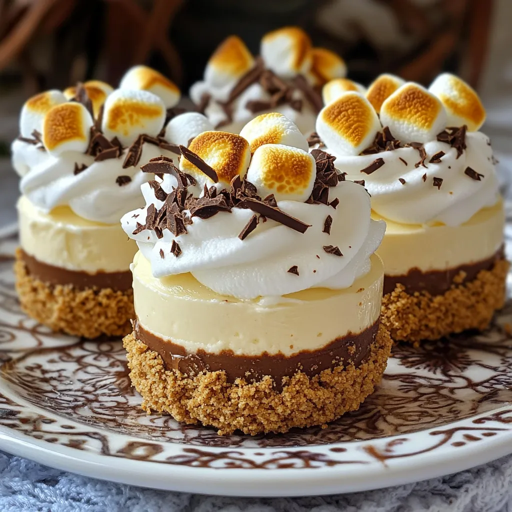 - 1 cup graham cracker crumbs - 4 tablespoons unsalted butter, melted - 1 cup cream cheese, softened - 1/2 cup powdered sugar - 1 cup whipped cream - 1 teaspoon vanilla extract - 1/2 cup mini marshmallows - 1/2 cup chocolate chips - Chocolate shavings for garnish To make No Bake S'mores Cheesecake Cups, gather these ingredients first. Each one plays a key role in the flavor and texture. Start with graham cracker crumbs. They give the crust a nice crunch. Use melted unsalted butter to bind the crumbs together. This mix will form a tasty base for the cups. Next, grab cream cheese. Make sure it is at room temperature for easy mixing. Powdered sugar adds sweetness to the filling. Whipped cream gives it a light and airy feel. Don't forget vanilla extract. It enhances the flavors. Mini marshmallows and chocolate chips bring that classic s'mores taste. Finally, chocolate shavings are perfect for garnish. They make each cup look fancy and delicious. These ingredients are simple but come together to create an amazing treat. You’ll love how easy it is to make! - In a bowl, mix 1 cup of graham cracker crumbs with 4 tablespoons of melted butter. - Stir until it feels like wet sand. - Spoon the mixture into individual cups. Press it down firmly with your fingers. - Place the cups in the refrigerator to chill. - In a new bowl, beat 1 cup of softened cream cheese until smooth. - Slowly add in 1/2 cup of powdered sugar and 1 teaspoon of vanilla extract. Mix until fluffy. - Gently fold in 1 cup of whipped cream until no streaks are left. - Stir in 1/2 cup of mini marshmallows and 1/2 cup of chocolate chips. - Spoon the filling over the graham cracker crusts in each cup. - Smooth the tops with the back of a spoon. - Chill the cups for at least 2 hours to let them set. To get the best texture, use room temperature cream cheese. Cold cream cheese can make lumps in your filling. Softened cream cheese blends smoothly with the other ingredients. It is key for a creamy finish. Also, be careful not to overmix the whipped cream. If you mix too much, it can turn runny. Gently fold it in for a light and airy filling. Presentation matters! Serve your cheesecake cups on decorative platters for a beautiful look. This adds a special touch to your dessert. For a fun twist, add skewers with mini toasted marshmallows on top. It creates a s'mores vibe and makes a great visual. Use good mixing tools to make your cheesecake easier. A sturdy mixing bowl and a hand mixer will work well. They help you achieve the right consistency. You might also want a kitchen torch. This tool helps toast the marshmallows on top. If you don’t have one, a broiler works too for a quick toast. {{image_4}} You can make your no-bake s'mores cheesecake cups even more fun. Try adding different flavor extracts. Almond or chocolate extracts can bring a new twist to the classic taste. You can also use flavored whipped toppings. A chocolate or caramel topping adds a rich flavor. If you want a healthier option, try Greek yogurt instead of cream cheese. It makes the filling creamy but with fewer calories. For the crust, look for whole-grain graham crackers or gluten-free options. You can also swap out the powdered sugar for honey or maple syrup to reduce refined sugar. Get creative with themed versions of these cheesecake cups. You could make peanut butter s'mores cheesecake cups. Just mix in some peanut butter with the cream cheese. For seasonal fun, try pumpkin spice for fall. Adding pumpkin puree and spices will give you a cozy flavor perfect for autumn. You can store your cheesecake cups in the fridge. Use airtight containers to keep them fresh. They will taste best if eaten within three days. After that, the texture may change, and they might lose some flavor. If you want to keep them longer, freezing is a great choice. Place the cups in freezer-safe containers. You can also wrap them tightly in plastic wrap. When you’re ready to eat them, take them out and let them thaw in the fridge overnight. This keeps the texture nice and creamy. Yes, they can be prepared a day or two in advance. This makes them great for parties or gatherings. Just store them in the fridge until you’re ready to serve. Beat cream cheese until creamy and incorporate whipped cream carefully. Start with softened cream cheese to avoid lumps. Mixing slowly helps keep the texture light and fluffy. Use marshmallow fluff or omit entirely for a different texture. Both options work well. If you want fewer marshmallows, add a little extra whipped cream instead. Yes, add chocolate syrup or chocolate chunks to the filling. This makes your dessert richer and more indulgent. You can even drizzle some chocolate on top for extra flair. You can create delicious no-bake s'mores cheesecake cups easily. This recipe uses simple ingredients like graham cracker crumbs, cream cheese, and chocolate chips. Chill them to get the best texture and flavor. Try different flavors or themed variations for fun twists. Remember to store them properly to keep them fresh. With these tips, you can impress anyone with your tasty creations. Now, it's time to gather your ingredients and get started on a sweet treat!