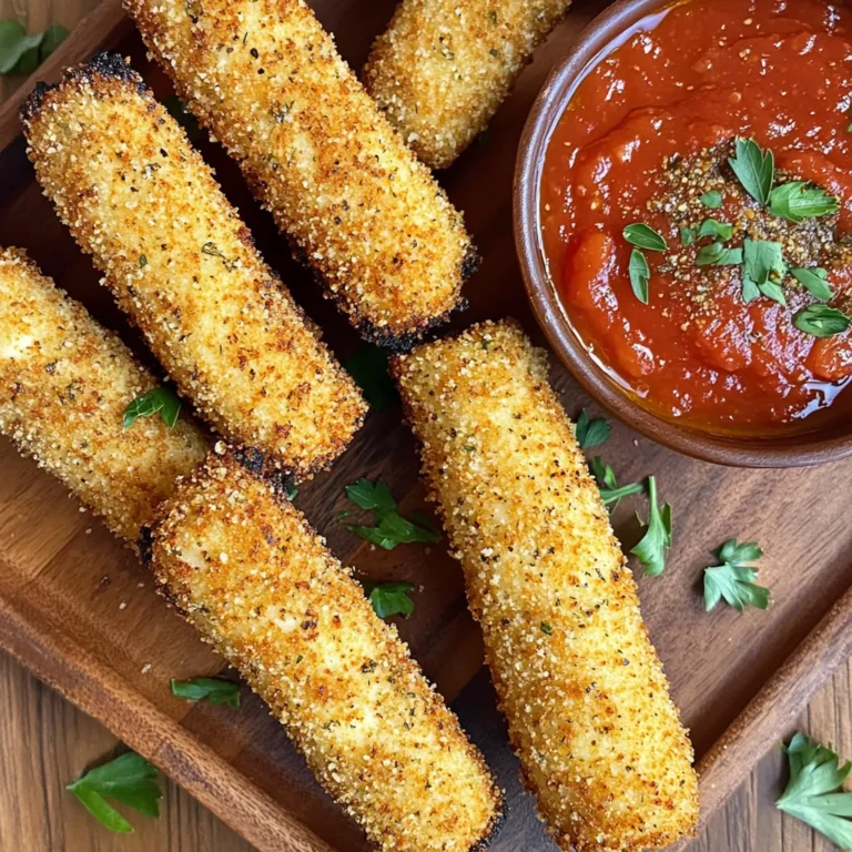 - 12 mozzarella string cheese sticks - 1 cup all-purpose flour - 1 cup breadcrumbs (preferably panko) - 1 teaspoon garlic powder - 1 teaspoon Italian seasoning - Salt and pepper to taste - Cooking spray - Marinara sauce for serving Gather these key ingredients for the perfect air fryer mozzarella sticks. The mozzarella gives that gooey, cheesy bite we all love. The all-purpose flour helps the cheese sticks stay coated. I like to use panko breadcrumbs; they add extra crunch. The garlic powder and Italian seasoning give your sticks a tasty twist. Don’t forget salt and pepper to make it all pop! Finally, a light spray of cooking oil ensures your sticks don't stick. Serve your crispy treats with marinara sauce for dipping. It’s a simple yet delicious pairing that everyone will enjoy! To start, cut each mozzarella stick in half. You will have 24 shorter sticks. Place them on a plate and put them in the freezer for at least 30 minutes. Freezing helps keep their shape during cooking. Next, create a breading station. You need three shallow bowls. In the first bowl, mix flour with a dash of salt and pepper. The second bowl holds the beaten eggs. In the third bowl, combine panko breadcrumbs with garlic powder and Italian seasoning. This setup makes the breading easy. While you prepare, preheat your air fryer to 400°F (200°C). This step is crucial for crispiness. Once preheated, take the frozen mozzarella sticks out of the freezer. Start coating each stick. First, roll it in the flour mixture. Shake off any extra flour. Then dip it into the beaten eggs. Make sure it is fully coated. Finally, roll it in the breadcrumb mix. Press gently to help the crumbs stick. Repeat this for all the mozzarella sticks. Now, it’s time to air fry! Lightly spray the air fryer basket with cooking spray to prevent sticking. Place the breaded sticks in a single layer, leaving space between them for even cooking. For extra crunch, spray the tops of the sticks lightly. Cook them for about 6-8 minutes. Flip them halfway through. Keep an eye on them to ensure they turn golden brown and crispy. Once cooked, carefully take the sticks out of the air fryer. Let them cool slightly before enjoying. They pair perfectly with marinara sauce for dipping. To get that perfect crunch, freezing the mozzarella sticks is key. Freeze them for at least 30 minutes. This step helps keep their shape as they cook. Next, focus on your coating technique. Use three bowls: one for seasoned flour, one for beaten eggs, and one for breadcrumbs. Make sure to coat each stick fully in flour first. Then dip it in egg, and finally roll in the breadcrumbs. Press gently to ensure the crumbs stick well. Want to boost the taste? Try adding garlic powder and Italian seasoning to your breadcrumb mix. These spices add a nice touch. You can also experiment with different types of cheese. Cheddar or pepper jack can add fun flavors. Each cheese brings its own taste, so feel free to mix it up. When serving, think about presentation. Arrange the mozzarella sticks nicely on a plate. You can sprinkle extra Italian seasoning or fresh parsley on top for color. Pair them with marinara sauce for dipping. This classic combo makes for a delicious snack. Enjoy your crispy treats with friends or family for a fun time! {{image_4}} You can switch up the taste of your mozzarella sticks. If you love heat, try spicy mozzarella sticks. Add some cayenne pepper or crushed red pepper flakes to your breadcrumb mix. This will give your snack a nice kick. For a fresh taste, make herb-infused mozzarella sticks. Mix dried herbs like basil, oregano, or thyme into the breadcrumbs. This adds a lovely aroma and flavor. You can also change how you coat your sticks. For a gluten-free option, use gluten-free breadcrumbs. They work just like regular breadcrumbs but without the gluten. You can also use crushed rice crackers or cornflakes for a different crunch. If you want to try flour alternatives, use almond flour or coconut flour. They give a unique taste and texture too. Want to get creative? Stuffed mozzarella sticks are a fun option. You can fill them with things like pepperoni, jalapeños, or even spinach. Just make a small cut in the cheese stick and add your filling before breading. You can also add vegetables or meats to your mozzarella sticks. Chopped bell peppers, cooked sausage, or even bacon bits can add extra flavor. Just remember to keep the size small so they fit well. After enjoying your mozzarella sticks, let them cool completely. Place them in an airtight container. Keep them in the fridge for up to three days. If you want them to stay fresh longer, freeze them instead. To keep your mozzarella sticks crispy, the oven is your best friend. Preheat the oven to 375°F (190°C). Place the sticks on a baking sheet and heat for about 5-7 minutes. This method helps regain their crunch. You can use a microwave, but that may make them soft and chewy. If you do use a microwave, heat them for 30 seconds to one minute. To freeze mozzarella sticks, wrap each one in plastic wrap. Then, place them in a freezer bag. They can stay in the freezer for up to three months. When you're ready to cook, take them out and let them thaw in the fridge for about an hour before air frying. This helps them cook evenly and stay delicious. I recommend freezing mozzarella sticks for at least 30 minutes. This time helps keep their shape during cooking. If you freeze them longer, that's okay too. Just make sure they are firm but not rock solid. This way, they won't melt too quickly in the air fryer. Yes, you can use other types of cheese! Cheddar, pepper jack, or gouda work well. Just cut the cheese into sticks similar to mozzarella. Each cheese brings its own flavor and texture. Experiment to find your favorite! Marinara sauce is a classic choice for dipping. Its tangy flavor pairs perfectly with the cheesy sticks. You can also try ranch dressing or spicy buffalo sauce for a kick. Just pick your favorite sauce and enjoy every bite! This blog post covered the essentials for making delicious mozzarella sticks at home. We explored the key ingredients, step-by-step preparation, and cooking methods. I shared tips for crispy texture and flavor variations to try. Remember, using different cheeses or seasonings can bring new tastes. Store leftovers properly and reheat them for the best texture. Enjoy your homemade mozzarella sticks with your favorite dipping sauce. Cooking can be fun, and these snacks will impress everyone! Now, it’s time to get cooking and enjoy.