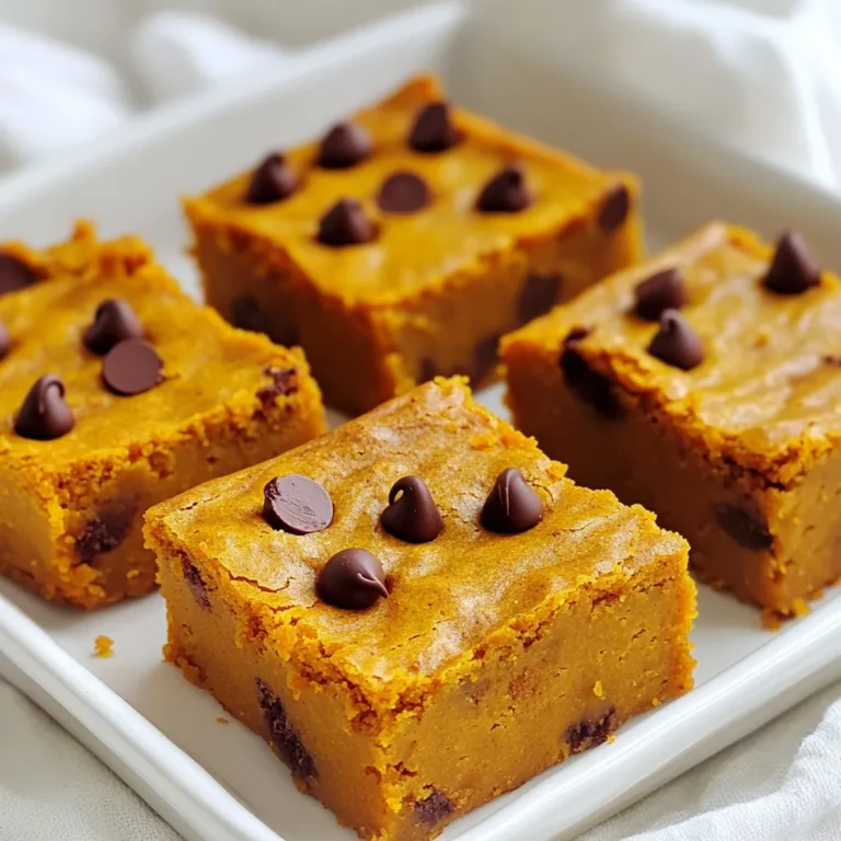 To make pumpkin chocolate chip blondies, you need these main items: - 1 cup pumpkin puree - 1/2 cup unsalted butter, melted - 1 cup packed brown sugar - 1/2 cup granulated sugar - 2 large eggs - 1 teaspoon pure vanilla extract - 1 1/2 cups all-purpose flour - 1 teaspoon baking powder - 1/2 teaspoon baking soda - 1/2 teaspoon fine salt - 1 teaspoon ground cinnamon - 1/2 teaspoon ground nutmeg - 1 cup semi-sweet chocolate chips These ingredients create a rich and moist base, with pumpkin adding flavor and texture. The sugars balance the pumpkin's earthiness, while chocolate chips add sweetness and fun. For the best results, you need some baking essentials: - Mixing bowls - Whisk or spoon - 9x13-inch baking pan - Parchment paper or cooking spray - Toothpick for testing These tools help ensure your batter mixes well and bakes evenly. A good pan allows for easy lifting and cleanup. Want to make your blondies even more special? Consider these optional add-ins: - Chopped nuts like walnuts or pecans - White chocolate chips for a different sweetness - Dried cranberries for a chewy texture These add-ins can change the flavor and texture, making your blondies unique. Feel free to mix and match to find your favorite combination! Start by preheating your oven to 350°F (175°C). Grease a 9x13-inch baking pan or line it with parchment paper. This makes it easy to lift the blondies later. In a large bowl, mix melted unsalted butter, pumpkin puree, brown sugar, and granulated sugar. Whisk until smooth. Add the eggs, one at a time, mixing well after each. Pour in pure vanilla extract and stir until creamy. In another bowl, whisk together all-purpose flour, baking powder, baking soda, fine salt, ground cinnamon, and ground nutmeg. This helps evenly mix the dry ingredients. Fold the dry mixture into the wet mixture gently. Be careful not to overmix. Finally, fold in semi-sweet chocolate chips evenly. Pour the batter into your prepared baking pan. Use a spatula to spread it out evenly. Bake for 25-30 minutes. To check if they’re done, insert a toothpick into the center. It should come out clean with a few moist crumbs, not wet batter. Once baked, let the blondies cool in the pan for about 10 minutes. After that, transfer them to a wire rack to cool completely. When they are cool, cut them into squares or rectangles. Enjoy your pumpkin chocolate chip blondies! To get the right texture in your blondies, follow these steps: - Use room temperature ingredients. This helps everything mix better. - Don’t overmix the batter. Mix just until you see no dry flour. - Bake until a toothpick comes out with a few moist crumbs. This means they are done. These steps keep your blondies soft and chewy, just like they should be. Want to up the flavor? Here are some ideas: - Add chopped nuts, like walnuts or pecans, for crunch. - Mix in a bit of ginger or clove for extra warmth. - Use dark chocolate chips instead of semi-sweet for a richer taste. These tweaks make the blondies special and fun. Make your blondies look great on a plate with these tips: - Sprinkle extra chocolate chips on top before baking. - Cut them into fun shapes using cookie cutters. - Serve warm with a scoop of vanilla ice cream. These ideas will impress your friends and family when you serve your delicious treats! {{image_4}} You can make gluten-free pumpkin chocolate chip blondies easily. Use a gluten-free flour blend instead of all-purpose flour. Look for blends that contain xanthan gum. This will help your blondies hold their shape. The flavor stays rich and tasty, just like the original. To make these blondies vegan, swap the eggs for flax eggs. Mix 1 tablespoon of flaxseed meal with 2.5 tablespoons of water. Let it sit for 5 minutes until it thickens. Use coconut oil instead of unsalted butter. This keeps the blondies moist and adds a nice coconut flavor. You can change the flavor of your blondies with simple swaps. Add chopped walnuts or pecans for extra crunch. If you love spices, try adding ginger or allspice. You can even mix in dried cranberries or raisins for a fruity twist. Each variation offers a new taste experience! To keep your pumpkin chocolate chip blondies fresh, store them in an airtight container. This helps keep them moist. You can keep them at room temperature for up to three days. If you want to save them longer, the fridge is a good option. Just make sure they are wrapped well to avoid drying out. Freezing blondies is easy and a great idea for later treats. After they cool, cut them into squares. Wrap each square in plastic wrap, then place them in a freezer bag. You can freeze them for up to three months. When you want one, just pull it out and let it thaw overnight in the fridge. To reheat your blondies, you can use the microwave or oven. For the microwave, place a square on a plate and heat it for about 15-20 seconds. Check to see if it's warm enough. If you prefer the oven, preheat it to 350°F (175°C). Place the blondies on a baking sheet and heat for about 5-10 minutes. This makes them soft and tasty again. Enjoy your treat! Yes, you can use fresh pumpkin. Just cook and puree it first. Fresh pumpkin has a great flavor. Make sure to drain any excess water. This keeps your blondies from being too wet. You can use applesauce or mashed bananas as egg substitutes. Use 1/4 cup of either for each egg. They add moisture and sweetness. This works best in recipes like blondies. Check the blondies with a toothpick. Insert it into the center. If it comes out clean or with a few moist crumbs, they are done. Bake for 25-30 minutes. Keep an eye on them to avoid overbaking. Enjoy your treats! This blog post covered key ingredients, step-by-step baking, and tips for success. You learned about variations like gluten-free and vegan options. I shared storage tips to keep your treats fresh. Baking pumpkin chocolate chip blondies is fun and rewarding. Try different flavors and share with friends. Your baking journey can bring joy to many. Happy baking!