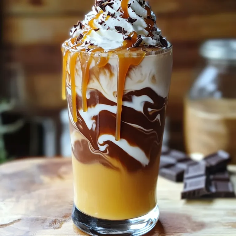 To make your Salted Caramel Mocha Frappuccino, gather these simple items: - 1 cup brewed coffee, cooled to room temperature - 1 cup milk (your choice: whole, almond, oat, etc.) - 1/2 cup ice cubes - 3 tablespoons rich chocolate syrup - 3 tablespoons smooth caramel sauce, plus extra for a luscious drizzle - 1 tablespoon granulated sugar (adjust based on your sweetness preference) - A pinch of fine sea salt - Whipped cream for a creamy topping - Optional: chocolate shavings or a dusting of cocoa powder for a decorative touch You can mix things up with some easy swaps: - Coffee: Try decaf or cold brew if you want less caffeine. - Milk: Use any milk you like, such as soy or coconut. - Chocolate Syrup: If you're out, melted dark chocolate works well. - Caramel Sauce: You can use homemade caramel or even butterscotch sauce. Want to make your drink even more special? Consider these options: - Top with whipped cream for a creamy finish. - Drizzle extra caramel sauce on top for sweetness. - Add chocolate shavings or a sprinkle of cocoa powder for a chocolatey touch. - Try a pinch of cinnamon for a warm spice flavor. These ingredients create a rich, sweet, and salty flavor that you’ll love. Enjoy your crafting! First, gather all your ingredients. You will need: - 1 cup brewed coffee, cooled - 1 cup milk (your choice) - 1/2 cup ice cubes - 3 tablespoons chocolate syrup - 3 tablespoons caramel sauce, plus extra for drizzling - 1 tablespoon granulated sugar - A pinch of fine sea salt - Whipped cream for topping - Optional: chocolate shavings or cocoa powder Measure each item carefully. Make sure your coffee is cool enough to blend. This keeps the drink refreshing. In your blender, add the cooled coffee, milk, ice cubes, chocolate syrup, caramel sauce, and sugar. Blend on high speed. You want a smooth, frothy mix. It should be icy cold and fully combined. After blending, taste your frappuccino. If you want it sweeter, add more sugar or caramel sauce. Blend again to mix in your additions. Then, add a pinch of fine sea salt and blend briefly. This enhances the flavor. Now, it's time to serve! Drizzle some caramel sauce inside your glass. This adds a lovely swirl. Carefully pour the blended frappuccino into the glass, filling it up. Top it off with a fluffy layer of whipped cream. Drizzle more caramel sauce over the whipped cream for a sweet touch. For extra flair, lightly sprinkle sea salt on top. You can also add chocolate shavings or cocoa powder for a decorative finish. Enjoy! To get a smooth frappuccino, use cold ingredients. Start with cooled coffee and cold milk. The ice cubes help chill the drink, but don’t overdo it. Too much ice can make it watery. Blend until smooth and frothy. If it feels too thick, add a splash of milk. If it's too thin, toss in more ice and blend again. You can change the flavors to fit your taste. If you love chocolate, add more chocolate syrup. Want it sweeter? Just add more caramel or sugar. For a fun twist, try adding a splash of vanilla extract. If you like nuts, a little hazelnut syrup could be a great choice. Always taste as you go, so you get your perfect mix. Serve your frappuccino in a tall glass for a nice look. Drizzle caramel sauce on the inside of the glass before pouring in your drink. Top it with whipped cream for a creamy finish. A sprinkle of sea salt adds a nice touch. For extra flair, add chocolate shavings or a dusting of cocoa powder. Enjoy your drink with a straw or a spoon! {{image_4}} You can enjoy your Salted Caramel Mocha Frappuccino cold or hot. For an iced drink, follow the recipe as is. Blend all the ingredients with ice cubes for a refreshing treat. If you want a warm version, skip the ice. Instead, blend the coffee, milk, chocolate syrup, caramel sauce, and sugar. Heat the mixture gently on the stove. Pour it into a mug and top with whipped cream and caramel drizzle. Both versions taste great! If you want a dairy-free frappuccino, choose plant-based milk. Almond, oat, and coconut milk work well. They give a creamy texture. You can also use dairy-free whipped cream for a nice topping. Just make sure your chocolate syrup and caramel sauce are dairy-free, too. This way, you get all the yummy flavors without dairy. Want to change up the flavor? Try adding vanilla or hazelnut. A splash of vanilla extract makes it sweet and aromatic. If you like hazelnut, use hazelnut syrup instead. You can add these flavors right into the blender with the other ingredients. This simple tweak brings a new twist to your frappuccino. Don’t be afraid to mix and match flavors to find your favorite! If you have leftover frappuccino, pour it into a sealable container. Make sure it's airtight. You can keep it in the fridge for up to two days. When you want to enjoy it, give it a stir. If it's too thick, add a splash of milk to loosen it up. This frappuccino is best cold, but you can warm it if you prefer. Pour the frappuccino into a microwave-safe mug. Heat it for 20-30 seconds. Stir well to ensure even heat. Be careful; it can get hot quickly! For the ingredients, store your coffee in a cool, dark place. Keep milk in the fridge, and use it within a week for best taste. Chocolate syrup and caramel sauce should stay in a pantry or fridge, depending on the brand. Always check the labels for storage tips. Sea salt can stay in the cupboard. It has a long shelf life, so no worries there! Yes, you can! If you want a coffee-free version, simply swap brewed coffee for more milk. You can use your favorite milk, like almond or oat. This change will keep the drink creamy and delicious. Add a bit of chocolate syrup for flavor. To reduce the sweetness, cut down on the sugar and caramel. You can also use unsweetened chocolate syrup. Taste your mix before blending fully. Adjust the sweetness based on your liking. This way, you control how sweet your drink is. Yes, you can prepare this frappuccino early! Blend all the ingredients and store it in the fridge. Just remember to give it a good shake or stir before serving. Adding whipped cream right before serving keeps it fresh and tasty. You learned about making a delicious frappuccino from start to finish. We covered the key ingredients, step-by-step instructions, and helpful tips. You can customize this drink with your favorite flavors or toppings. Remember, I shared storage tips and answered common questions. Enjoy crafting your perfect frappuccino at home! Don’t hesitate to experiment with variations and find what you love best. With these insights, you can impress friends or relax with a tasty treat anytime.