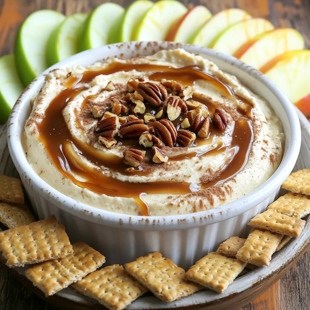 - 8 oz cream cheese, softened to room temperature - 1/2 cup powdered sugar - 1 teaspoon vanilla extract - 1/2 cup caramel sauce (store-bought or homemade, plus extra for drizzling) - 1/2 cup apple pie filling (or finely diced fresh apples) - 1/4 teaspoon ground cinnamon - 1/2 cup chopped pecans (optional, for added texture) - Sliced fresh apples, graham crackers, or pretzels for dipping You can add chopped pecans to the dip for a nice crunch. If you want more flavor, sprinkle some extra cinnamon on top before serving. You could also use different types of apples or even a mix of them. Caramel Apple Cheesecake Dip is creamy and delightful. A serving has about 200 calories. You get some protein from the cream cheese and a bit of fiber from the apples. Just keep in mind that this dip is a treat, so enjoy it in moderation! This dip is perfect for gatherings or just a fun night in. You can easily share it with friends or family. Just remember to have enough sliced apples, graham crackers, or pretzels on hand for dipping. Enjoy! To start, grab 8 oz of cream cheese. Make sure it’s soft and at room temperature. Place it in a mixing bowl. Use an electric mixer on medium speed. Beat the cream cheese until it’s creamy and smooth. This step is key for a great texture. You want no lumps in your base. Next, add 1/2 cup of powdered sugar. Pour in 1 teaspoon of vanilla extract. Mix this on low to medium speed. Keep beating until fluffy and well blended. Scrape down the sides of the bowl to mix everything well. This is where the sweet flavor starts to build. Now, gently fold in 1/2 cup of caramel sauce. Save a bit for drizzling later. Mix it until smooth. Then, add in 1/2 cup of apple pie filling or finely diced fresh apples. Sprinkle in 1/4 teaspoon of ground cinnamon. Use a spatula to fold these in gently. Be careful not to break the apple pieces too much. If you like, fold in 1/2 cup of chopped pecans for a nice crunch. Now your dip is ready to serve! To get the best texture for your dip, start with softened cream cheese. This makes it easy to blend. Use an electric mixer on medium speed. Beat until the cream cheese is smooth, with no lumps. When you mix in the sugar and vanilla, do it slowly. This helps keep your mix fluffy. After adding the caramel, don’t over-mix. You want that creamy consistency with apple chunks still visible. I love serving this dip with a variety of dippers. Sliced fresh apples bring a crisp bite. Graham crackers add a nice crunch, and pretzels give a salty twist. You can create a fun platter with all three. For a sweet touch, drizzle extra caramel on top. This makes it look even more tempting and delicious. To take the flavor up a notch, try adding spices. A bit of extra cinnamon can deepen the taste. You can also use nutmeg for a warm twist. If you enjoy a bit of crunch, fold in more pecans. They add a nice texture and a nutty flavor. Don’t forget to taste as you go. This helps you find the perfect balance for your dip. {{image_4}} You can change up the flavor of the dip easily. For a chocolate twist, add cocoa powder to the cream cheese base. You could also use peanut butter instead of caramel for a nutty flavor. Try swapping the apple pie filling for cherry or peach filling for a fruity change. If you want to make this dip lighter, use Greek yogurt instead of cream cheese. You can also use honey or agave syrup in place of powdered sugar for a healthier sweetener. If you are nut-free, skip the pecans or replace them with crushed graham crackers for crunch. In fall, use fresh apples and add nutmeg for a cozy taste. For spring, try fresh berries like strawberries or raspberries mixed in. During summer, you might enjoy adding diced fresh peaches or mango to brighten the dip. This keeps your dip fresh and fun for any season. After enjoying the caramel apple cheesecake dip, you might have some left. To store it, place the dip in an airtight container. Make sure to cover it well. This will keep the dip fresh for up to three days in the fridge. If you see any slight browning, don't worry. Just give it a good stir before serving again. You can also freeze the dip for longer storage. To do this, scoop the dip into a freezer-safe container. Leave some space at the top for expansion. Seal it tightly and label it with the date. You can freeze it for up to two months. When you’re ready to enjoy it, let it thaw in the fridge overnight. When it comes to reheating, you want to be gentle. Avoid using the microwave directly. Instead, allow the dip to sit at room temperature for about 30 minutes. This helps it soften. Then, you can stir it to regain its creamy texture. If you need to warm it, use a double boiler on low heat. This method prevents the dip from getting too hot and helps keep it smooth. Yes, you can make this dip ahead of time. It tastes great when chilled. Just prepare it and store it in an airtight container. Keep it in the fridge for up to two days before serving. This allows the flavors to blend nicely. You can use Greek yogurt or mascarpone cheese as a substitute for cream cheese. Both options give a creamy texture. Greek yogurt adds a bit of tang, while mascarpone is richer. Choose based on your taste preference. This dip lasts about three to four days in the fridge. Store it in an airtight container to keep it fresh. If you notice any changes in smell or appearance, it’s best to throw it out. Always check before serving. This blog post covered how to make a delicious cream cheese dip. We discussed key ingredients, like cream cheese and caramel, and optional flavors to boost taste. I shared steps for mixing the dip and tips for serving and storing it well. In closing, feel free to tweak the recipe using your favorite ingredients. Enjoy sharing this tasty dip with family and friends!