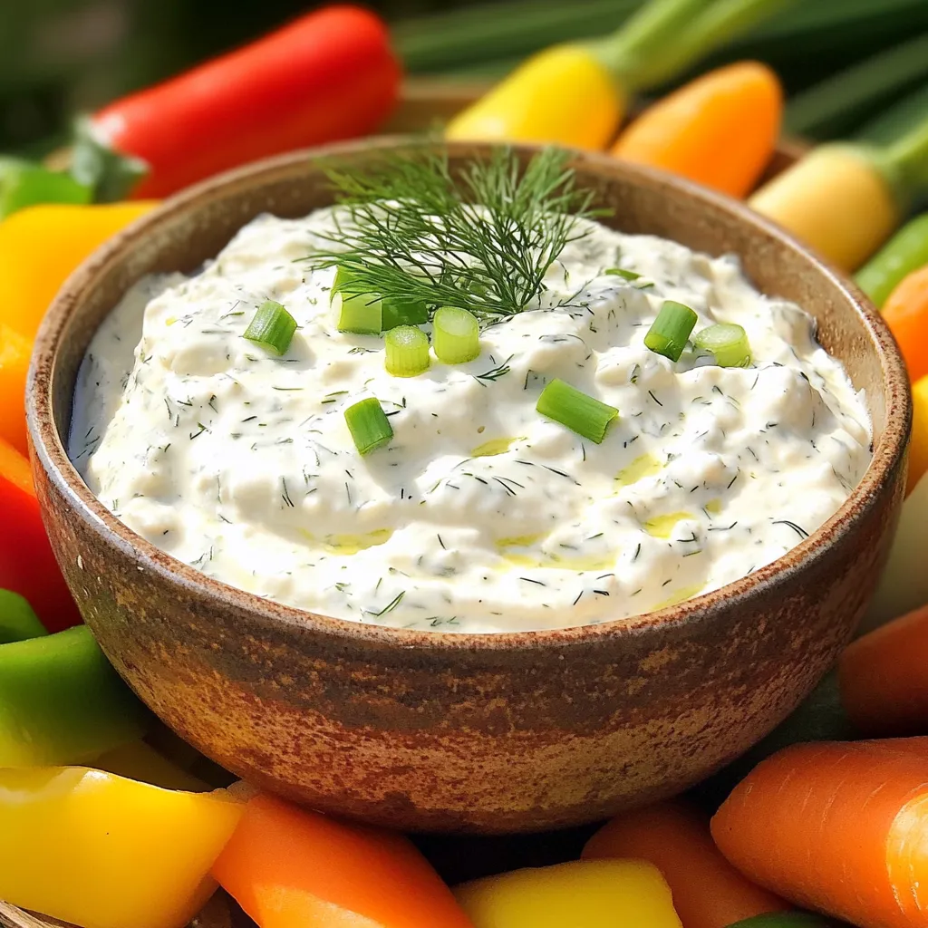 - 1 cup cottage cheese - 1/2 cup sour cream - 1/4 cup mayonnaise - 2 tablespoons ranch seasoning mix - 1 green onion, finely chopped - 1 teaspoon garlic powder - 1 teaspoon onion powder - 1/2 teaspoon freshly ground black pepper - Fresh dill, for garnish - Mixing bowl - Whisk or spatula - Plastic wrap Start by gathering your ingredients. In a large mixing bowl, add 1 cup of cottage cheese, 1/2 cup of sour cream, and 1/4 cup of mayonnaise. Use a whisk or a spatula to mix them well. Aim for a smooth and creamy blend. This mixture is the heart of your dip. Next, it's time to flavor your dip. Add 2 tablespoons of ranch seasoning mix, 1 teaspoon of garlic powder, 1 teaspoon of onion powder, and 1/2 teaspoon of freshly ground black pepper to the bowl. Stir everything together until the dry ingredients are fully mixed in. Make sure there are no lumps. This step makes your dip rich in flavor. Once the dip is mixed well, fold in the finely chopped green onion. This gives a nice crunch and an extra burst of flavor. Taste the dip, and adjust the seasonings if needed. After that, cover the bowl with plastic wrap. Place it in the fridge for at least 30 minutes. This chilling time lets all the flavors come together. Just before serving, stir the dip again. Optionally, add fresh dill on top for a nice touch. Enjoy your dip with fresh veggies or crunchy chips! To get that smooth and creamy dip, start with fresh cottage cheese. I like to use small curd cottage cheese for a velvety bite. Mix it well with sour cream and mayonnaise. Use a whisk or spatula to blend until there are no lumps. This step is key to a great texture. If you want it even creamier, blend the mixture in a food processor. This creates a dip that is rich and smooth. Once you mix in the ranch seasoning, garlic powder, onion powder, and black pepper, taste your dip. You can adjust the flavor to fit your liking. If you want a stronger ranch flavor, add more ranch mix. For a kick, try adding a pinch of cayenne pepper or a dash of hot sauce. Remember, the goal is to make it taste just right for you. When it comes to serving, presentation matters. Use a rustic bowl to hold your dip. Surround it with colorful, sliced veggies like carrots, cucumbers, and bell peppers. You can also add a variety of crunchy chips to the platter. For a finishing touch, sprinkle fresh dill on top. This adds a pop of color and a nice aroma. Your dip will not only taste great but also look amazing! {{image_4}} You can easily boost your dip with extra veggies. Try adding chopped bell peppers, carrots, or cucumbers. These add color and crunch. Mixing in some grated zucchini or shredded carrots enhances the nutrition. You can also fold in diced tomatoes for freshness. These veggies make the dip more fun and crunchy. If you want some heat, add spicy elements. Mix in diced jalapeños or a splash of hot sauce. This gives your dip a nice kick. You can also try adding cayenne pepper for extra spice. Just remember to taste as you go. Adjust the heat to your liking. Feel free to play with seasonings. Instead of ranch mix, try taco seasoning for a zesty twist. You can also use Italian herbs for a fresh taste. A sprinkle of paprika adds a subtle smoky flavor. Experimenting with different spices can lead to new favorites. Each variation can make your dip unique and exciting! To keep your cottage cheese ranch dip fresh, store it in an airtight container. This helps prevent air from spoiling the dip and keeps it creamy. Make sure the lid fits snugly. If you use a bowl, cover it tightly with plastic wrap. Always let the dip cool to room temperature before storing. This dip can last in the fridge for about 3 to 5 days. The flavors will blend nicely over time. However, if you see any change in color or smell, it’s best to throw it away. Always check for freshness before enjoying leftovers. You do not need to heat this dip. It tastes great cold. If you prefer it warm, you can gently warm it in the microwave. Use a low setting and heat it for short bursts. Stir in between to avoid hot spots. Enjoy your creamy dip either way! Yes, you can make this dip ahead of time. It tastes even better after chilling. I recommend making it a few hours before your event. This gives the flavors time to blend nicely. Just cover it tightly and keep it in the fridge. If you want a substitute for sour cream, try plain yogurt. Greek yogurt works well too. It adds a nice creaminess and tang, similar to sour cream. You can also use a little more cottage cheese for a lighter dip. Absolutely! This dip is great for meal prep. You can make it in advance and store it in an airtight container. It holds up well in the fridge for several days. Pair it with veggies or chips for healthy snacks all week. This blog post covered how to make a great dip from scratch. You learned about the key ingredients, helpful tips, and variations to try. I shared easy steps for mixing and chilling to get the best flavor. Remember to store leftovers well and consider meal prep options. Experimenting with spices can make your dip truly unique. Enjoy crafting and sharing this tasty treat!