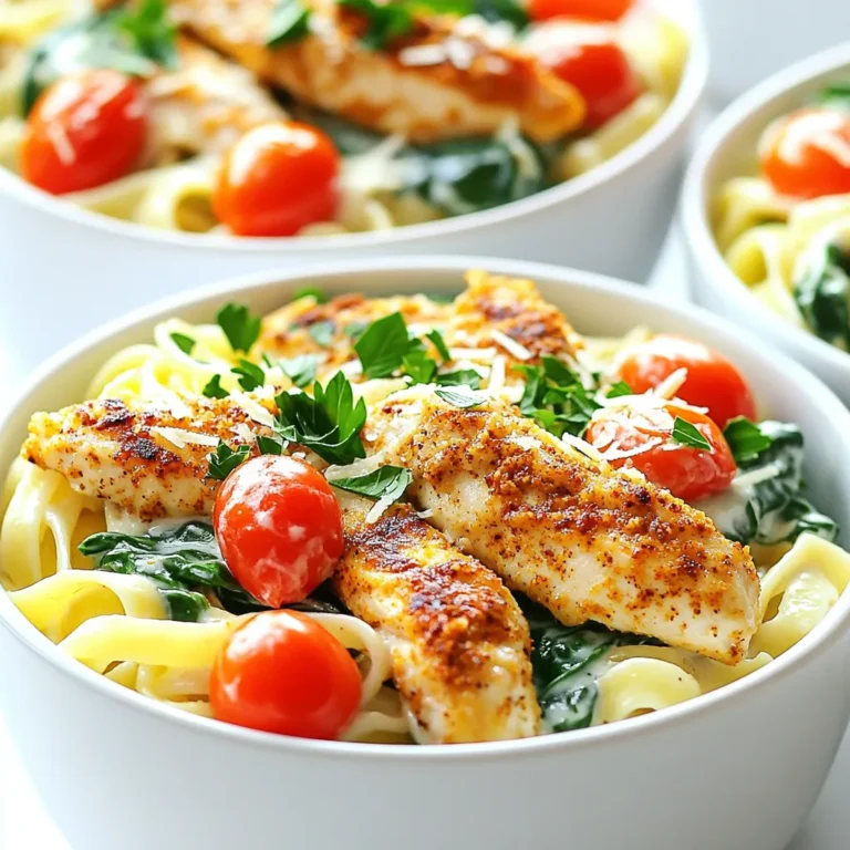 - 1 lb chicken breast, sliced into strips - 2 tablespoons Cajun seasoning - 2 tablespoons olive oil - 3 cups chicken broth - 8 oz fettuccine pasta - 1 cup heavy cream - 1 cup grated Parmesan cheese - 1 cup cherry tomatoes, halved - 2 cups fresh spinach - 2 cloves garlic, minced - Salt and pepper to taste - Fresh parsley, chopped for garnish When making Cajun Chicken Alfredo, I always start with fresh, high-quality ingredients. The chicken breast is the star here, sliced into strips for even cooking. I coat the chicken with Cajun seasoning, which brings that bold flavor. Olive oil helps with cooking and adds richness. For the sauce, I use chicken broth as the base. It adds depth to the dish. Fettuccine pasta cooks directly in the broth, soaking up all the flavors. Heavy cream makes the sauce rich and creamy. Parmesan cheese gives it that cheesy goodness. Adding cherry tomatoes and fresh spinach not only adds color, but also nutrients. Minced garlic gives a lovely aroma. I finish with salt and pepper to taste, and fresh parsley for garnish. This mix of flavors and textures creates a true comfort meal that warms the soul. To start, get your chicken ready. Place one pound of chicken strips in a bowl. Sprinkle two tablespoons of Cajun seasoning over the chicken. Toss the chicken well to coat every piece. This helps the chicken soak up all that tasty flavor. Now, heat two tablespoons of olive oil in a large pot over medium-high heat. When the oil is hot, add the seasoned chicken strips. Sauté them for about five to seven minutes. You want them golden brown on the outside and fully cooked inside. Once done, take the chicken out and set it aside on a plate. Next, let’s cook the pasta. In the same pot, add two cloves of minced garlic and sauté for about one minute. Stir until you smell the garlic, but don’t let it burn. Then, pour in three cups of chicken broth and turn up the heat. Bring the broth to a rolling boil. Once the broth boils, add eight ounces of fettuccine pasta. Cook the pasta according to the package instructions. Stir it occasionally until it’s al dente, which means it should be firm but not hard. Now, let’s make it creamy and delicious. Lower the heat to medium-low after the pasta is cooked. Stir in one cup of heavy cream and one cup of grated Parmesan cheese. Keep stirring until the cheese melts into the creamy sauce. Next, return the chicken to the pot. Add one cup of halved cherry tomatoes and two cups of fresh spinach. Gently stir everything together. Cook for another two to three minutes until the spinach wilts down. Finally, season the dish with salt and pepper to your taste. Mix well to ensure every bite is full of flavor. Let the pot rest for a couple of minutes before serving. This helps all the flavors blend together nicely. To make your Cajun Chicken Alfredo shine, adjust the spice levels to your taste. If you like heat, add more Cajun seasoning. For a milder dish, use less. Start with a small amount, and taste as you go. You can always add more, but it’s hard to take it out. Using fresh ingredients is key. Fresh spinach and ripe cherry tomatoes make a big difference. They add flavor and color to your dish. Always choose high-quality chicken and fresh garlic for the best taste. Fresh ingredients bring out the flavors and make your meal more vibrant. For the best creaminess, monitor your heat. After adding cream and cheese, don’t let it boil. Keep it on low heat. Stir gently to blend the flavors. This helps create a silky sauce that coats every strand of pasta. When serving, choose deep, wide bowls. This not only looks nice but also makes it easy to enjoy. Don’t forget to garnish with chopped parsley and extra Parmesan cheese. This step makes your dish look inviting and delicious. You’ll impress everyone at the table! {{image_4}} You can swap chicken for shrimp or tofu. Both add unique flavors. If you want a lighter option, use zucchini noodles instead of fettuccine. They keep the dish fresh and low-carb. You can also use any pasta you like, such as penne or farfalle. For veggies, feel free to mix it up! Bell peppers add crunch and sweetness. Mushrooms bring a nice earthiness. You can even toss in some broccoli for added nutrients. Just remember to cook harder veggies longer so they soften well. If you need gluten-free options, choose gluten-free pasta. Many brands offer great textures that work well in this dish. You can also use chickpea pasta for extra protein and fiber. For a dairy-free version, substitute heavy cream with coconut milk or a cashew cream. Nutritional yeast can replace Parmesan cheese for a cheesy flavor without dairy. These swaps keep your meal creamy and delicious while meeting your dietary needs. To keep your Cajun Chicken Alfredo fresh, store it in an airtight container. Make sure to refrigerate it within two hours of cooking. This will help prevent bacteria growth. When stored properly, it can last for up to three days in the fridge. For reheating, I suggest using a skillet over low heat. This helps maintain the dish's creamy texture. Add a splash of chicken broth or cream to keep it moist. Stir often until heated through. You can also use the microwave, but be careful not to overheat it. Heat in short bursts and stir in between. If you want to save Cajun Chicken Alfredo for later, freezing is a good option. Allow the dish to cool completely before freezing. Portion it into freezer-safe containers or bags. Remove as much air as possible to prevent freezer burn. It can last for up to three months in the freezer. When you are ready to enjoy it again, thaw the dish in the fridge overnight. Reheat it in a skillet or microwave as mentioned earlier. You may need to add some cream or broth to bring back the creaminess. Enjoy your flavorsome meal again with ease! Yes, you can use different types of pasta. Some great options include: - Penne - Rotini - Bowtie - Spaghetti Each type brings its own charm to the dish. Just keep the cooking time in mind. Make sure to check the package for the right cooking time. Cajun seasoning can vary in spice. Most blends have a good kick but are not overly hot. If you're unsure, start with less seasoning. You can always add more later. If you like it spicy, go for it! Yes, you can prepare this dish ahead of time. Cook the chicken and pasta as directed. Store them separately in the fridge. When ready to serve, heat them both and mix in the sauce. The dish can last about three days in the fridge. In this article, we explored making Cajun Chicken Alfredo. We covered essential ingredients like chicken, spices, and cream, plus step-by-step instructions for preparation. Tips helped ensure you perfect flavors, and variations let you customize the dish. I shared storage info to keep leftovers fresh and answered common questions to clarify your doubts. Enjoying this recipe means savoring great taste and easy cooking. You now have everything you need to create a delicious meal. Dive into your kitchen and make this flavorful dish today!