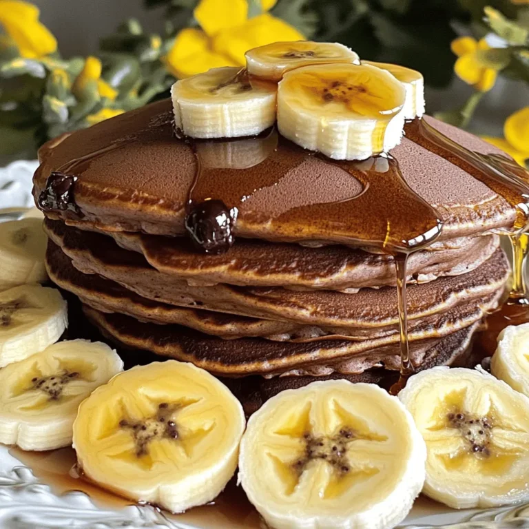 - 1 cup rolled oats - 1 scoop chocolate protein powder - 2 ripe bananas - 1 cup milk (dairy or plant-based) - 1 teaspoon baking powder - 1 teaspoon pure vanilla extract - 1/4 cup dark chocolate chips - Pinch of salt - Cooking spray or 1 tablespoon coconut oil You can swap rolled oats for oat flour if you need a smoother texture. Use almond milk or soy milk as a plant-based milk option. For sweetening, if you want, add honey or maple syrup to taste. These pancakes are packed with protein from the chocolate protein powder and bananas. Each serving offers fiber from oats. The dark chocolate chips add a bit of indulgence while still being a healthier choice compared to regular chocolate. This meal fuels your day with energy, making it great for breakfast or a snack. Start by gathering your ingredients. You need rolled oats, chocolate protein powder, ripe bananas, milk, baking powder, vanilla extract, dark chocolate chips, salt, and cooking spray or coconut oil. Place the rolled oats, chocolate protein powder, and ripe bananas in a blender. Add the milk, baking powder, vanilla, and a pinch of salt. Blend on high speed until the mixture is smooth and thick. Scrape down the sides of the blender as needed. Once blended, pour the batter into a bowl. Gently fold in the dark chocolate chips with a spatula. This ensures even distribution. Next, preheat a non-stick skillet or frying pan over medium heat. Lightly grease the pan with cooking spray or coconut oil to prevent sticking. Now, pour about 1/4 cup of batter for each pancake onto the skillet. Cook for 2-3 minutes, until bubbles form on the surface. This shows they are ready to flip. Carefully turn the pancake over and cook for another 2-3 minutes. The underside should be golden brown. Remove the pancake from the skillet and place it on a plate. Keep the pancakes warm while you cook the rest. To achieve the best texture, make sure your bananas are very ripe. This adds natural sweetness and creaminess. Use rolled oats for a hearty base. If you prefer a smoother batter, blend longer. Scraping down the sides helps mix everything evenly. Check the thickness of your batter. It should be thick but pourable. If it’s too thick, add a little more milk. Don’t over-blend, as this can make the batter too runny. Cooking pancakes requires the right heat. Medium heat works well to cook them evenly. If your pancakes burn, lower the heat. For the best flip, wait until bubbles form on top. This means they are set enough. For nice golden-brown pancakes, keep an eye on the color. Don’t rush the cooking time. Each pancake takes about 2-3 minutes on each side. Stack them high on a plate and serve warm. Add extra chocolate chips or banana slices on top for a fun touch. To make your pancakes fluffy, start with fresh ingredients. Use ripe bananas for natural sweetness. Blend the batter until smooth, but don’t overmix. This keeps air in the batter, which helps with fluffiness. Preheat your skillet to medium heat before cooking. This gives the pancakes a nice golden color and cooks them evenly. You can amp up the flavor with fun toppings. Try adding extra chocolate chips on top while cooking. Fresh banana slices add a nice touch. A drizzle of maple syrup makes it feel special. You might also sprinkle nuts or seeds for added crunch. Consider a dollop of yogurt for creaminess and protein. Avoid using old baking powder. Old powder can lead to flat pancakes. Don’t skip greasing the pan; it prevents sticking. If the pan is too hot, pancakes can burn on the outside but stay raw inside. Keep an eye on the cooking time and adjust the heat as needed. Finally, resist the urge to flip the pancake too soon. Wait for bubbles to form on the surface before flipping. {{image_4}} You can change the taste of your chocolate chip protein pancakes easily. Try adding peanut butter for a nutty twist. Just mix in 1-2 tablespoons of natural peanut butter while blending. You can also swap the chocolate protein powder for vanilla or strawberry. This change gives you new and fun flavors to enjoy! If you need gluten-free pancakes, just use gluten-free oats. They work just as well. For vegan pancakes, replace the milk with almond or oat milk. You can also replace the eggs with flaxseed meal or chia seeds mixed with water. This keeps the pancakes fluffy and delicious. When serving your pancakes, think beyond just syrup. You can add fresh fruit like berries or sliced bananas. A dollop of yogurt or nut butter can add creamy texture and extra protein. For a sweet crunch, sprinkle some granola on top. Enjoy these pancakes as a breakfast treat or a healthy snack! To keep your chocolate chip protein pancakes fresh, store any leftovers in an airtight container. This helps avoid drying out. Place the container in the fridge. They will stay good for about 3 to 5 days. If you want them to last longer, consider freezing. When you're ready to enjoy your pancakes again, you can reheat them easily. Use a microwave for quick heating. Place pancakes on a plate and cover them with a damp paper towel. Heat for about 30 seconds or until warm. For a crispier texture, heat them in a skillet over low heat for a few minutes. This keeps them soft inside and slightly crispy outside. If you want to freeze the pancakes, stack them with parchment paper between each one. This prevents them from sticking together. Then, wrap the stack tightly in plastic wrap. Place the wrapped stack in a freezer-safe bag or container. These pancakes can be frozen for up to 2 months. When you're ready to eat, just thaw in the fridge overnight and reheat as mentioned above. Enjoy a healthy treat anytime! To make these pancakes gluten-free, simply swap rolled oats for certified gluten-free oats. Ensure your protein powder is also gluten-free. All other ingredients are naturally gluten-free! Yes, you can use egg replacements! For each egg, try using 1/4 cup of unsweetened applesauce or 1 tablespoon of ground flaxseed mixed with 2.5 tablespoons of water. Both options work well. You can serve these pancakes with a variety of tasty toppings. Fresh fruits like bananas or berries are great. Maple syrup adds sweetness. Greek yogurt provides creaminess and protein too! Each serving of these pancakes contains about 20 grams of protein. This comes from the chocolate protein powder and oats, making them a great start to your day. Yes, you can prepare the batter ahead of time! Store it in the fridge for up to 24 hours. Just stir it well before cooking, as it may thicken while sitting. We explored key ingredients for tasty pancakes, including measurements and nutrition. I shared step-by-step cooking tips to blend the perfect batter and optimal cooking methods. You learned best practices to make pancakes fluffy and how to enhance flavors. We discussed diet-friendly variations and detailed how to store and reheat leftovers. Finally, I addressed common questions to clarify your pancake-making journey. Now, you have the tools to create delicious protein pancakes with ease. Enjoy your cooking!