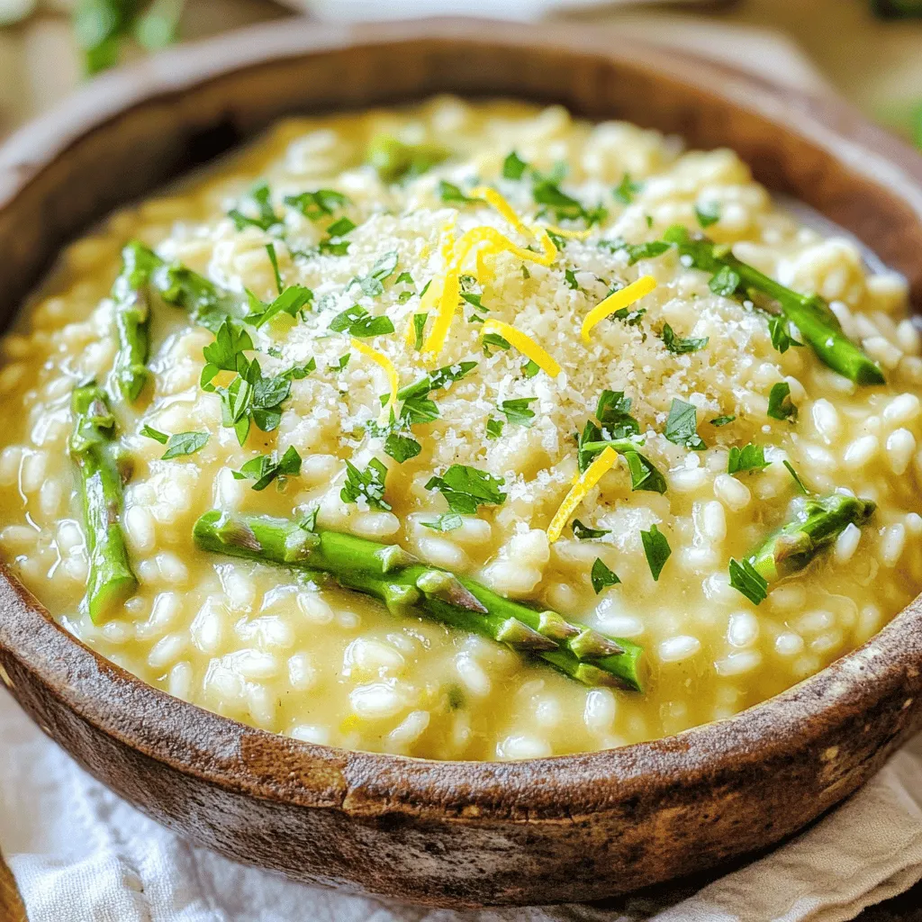 - 1 cup Arborio rice - 4 cups vegetable broth (preferably low-sodium) - 1 cup asparagus, trimmed and cut into 1-inch pieces - 1 small onion, finely chopped - 2 cloves garlic, minced - 1/2 cup heavy cream - 1/2 cup freshly grated Parmesan cheese - Zest of 1 medium lemon - 2 tablespoons fresh lemon juice - 1 tablespoon extra virgin olive oil - Salt and freshly cracked black pepper, to taste - Fresh parsley, chopped (for garnish) In this recipe, we use Arborio rice. It gives the risotto its creamy texture. The rice absorbs flavor and becomes soft yet retains a nice bite. Next, we have vegetable broth. I prefer low-sodium broth to control the saltiness. For the main veggie, we need asparagus. Fresh asparagus adds a nice crunch and bright color. Onion and garlic round out the base. They build a delicious flavor. The heavy cream adds richness. Parmesan cheese brings a savory note. Lemon zest and juice brighten the dish, adding a refreshing twist. For seasoning, we use olive oil, salt, and pepper. They enhance the overall taste. Finally, fresh parsley adds a pop of color and freshness when we serve. Each ingredient plays a key role in making this risotto both creamy and flavorful. Start by warming the vegetable broth in a medium saucepan. You want it hot but not boiling. This helps the rice cook evenly. Keeping the broth warm is key for a great risotto. In a large skillet, heat the olive oil over medium heat. Add the finely chopped onion and cook for about 3-4 minutes. You want it soft and translucent. Next, add the minced garlic and cook for one more minute. Be careful not to burn the garlic; it can turn bitter quickly. Now, it's time to toast the Arborio rice. Stir it into the skillet and cook for 2-3 minutes. This gives the rice a nice, nutty flavor and helps it absorb the broth better. Now, begin to add the warm vegetable broth. Use one ladle at a time. Stir constantly, allowing the rice to soak up most of the broth before adding the next. This gradual method helps create that creamy risotto texture we love. After about 10 minutes, add the chopped asparagus. Keep stirring and adding broth for another 5-7 minutes. You want the rice to be creamy but still have a slight bite, or al dente. Once the rice is cooked to your liking, take the skillet off the heat. Stir in the heavy cream, grated Parmesan cheese, lemon zest, and lemon juice. Season with salt and cracked black pepper to taste. Mix everything until it is creamy and well combined. Let the risotto sit for a minute to meld all the flavors together. Serve it hot in shallow bowls and add some freshly chopped parsley on top for color and flavor. Stirring is key to a creamy risotto. You must stir often while cooking. This helps the rice release its starch. The starch makes the risotto thick and smooth. You’ll know the rice is al dente when it feels firm but not hard. It should have a slight bite, which is perfect for risotto. You can switch up the cheese for more flavor. Try using Pecorino Romano or Gorgonzola for a twist. They add a unique taste that complements the lemon. Using homemade broth also boosts the flavor. It has richer taste than store-bought. Plus, it’s easy to make with leftover veggies and herbs. Serve your risotto in shallow bowls for a nice touch. This helps show off the creamy texture. Drizzle some extra olive oil on top for shine. You can also sprinkle more lemon zest for brightness. Finally, add fresh parsley to give it color and flavor. These simple steps will impress your guests! {{image_4}} You can easily make this risotto vegetarian. Just swap the vegetable broth for a homemade broth. This will enhance the flavor. You may also add more vegetables to the mix. Try peas, spinach, or even mushrooms. These additions boost nutrition and texture. For a heartier meal, consider adding chicken or shrimp. Cook the chicken in the skillet before starting the risotto. Let it rest, then slice it thin. For shrimp, toss them in after the asparagus. Cook until they turn pink. Adjust your cooking times to avoid overcooking. If you're gluten-free, you can still enjoy this dish. Arborio rice is naturally gluten-free, so you’re set there. For a dairy-free option, use coconut cream instead of heavy cream. Nutritional yeast can replace Parmesan cheese for that cheesy flavor. You can keep leftover risotto in the fridge. Place it in an airtight container. It will last for about 3 days. When you want to eat it again, reheat gently. Use a saucepan on low heat. Add a splash of broth or water. This will help bring back its creamy texture. Stir often to warm it evenly. If you want to freeze risotto, do it right away. Allow it to cool completely first. Then place it in a freezer-safe container. It can last for up to 2 months in the freezer. When you are ready to eat, take it out the night before. Let it thaw in the fridge. Reheat it gently in a saucepan, adding a bit of broth. Stir often to ensure it warms evenly. Risotto lasts about three to four days in the fridge. To store it, place it in an airtight container. This keeps the risotto fresh and prevents strong odors from mixing in. When you are ready to eat it, reheat it gently on the stove or in the microwave. Add a splash of broth or water to help it regain its creamy texture. You can prepare risotto in advance, but it may lose some creaminess. To make it ahead, cook the risotto until just al dente. Stop before adding the cream and cheese. Cool it quickly and store it in the fridge. When you're ready to serve, add broth and heat it up. Finish with cream, cheese, and lemon juice for a fresh taste. The best rice for risotto is Arborio rice. Arborio rice has a high starch content. This helps create that creamy texture we love. Other rice types, like jasmine or basmati, do not work well. They are less starchy and cook differently. Arborio rice is key to a perfect risotto. This blog covered how to make a creamy asparagus risotto using simple ingredients. We discussed key components like Arborio rice, vegetable broth, and seasonings. The step-by-step instructions made cooking easy and fun. I shared tips for that perfect creamy texture and ways to customize your dish. Remember, variations can elevate your risotto, whether vegetarian or with added protein. Store or freeze leftovers wisely for later enjoyment. Now, you have all the tools to create a delicious risotto any time. Happy cooking!