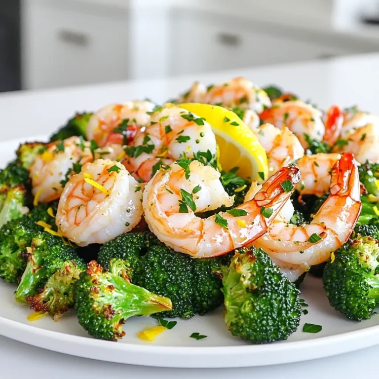 - 1 lb large shrimp, peeled and deveined - 4 cups fresh broccoli florets - 4 cloves garlic, finely minced - 3 tablespoons extra-virgin olive oil For this dish, I love using large shrimp. They soak up the lemon and garlic flavors well. Fresh broccoli florets add both color and crunch. Minced garlic brings a strong, savory taste that pairs perfectly with shrimp. The olive oil helps everything cook evenly while adding a nice richness. - Juice and zest of 1 fresh lemon - 1 teaspoon smoked paprika - 1 teaspoon dried oregano - Salt and freshly cracked black pepper The lemon juice and zest give this dish a bright, zesty flavor. Smoked paprika adds a touch of smokiness that enhances the shrimp. Dried oregano brings an earthy note. Don't forget salt and pepper to taste; they help everything shine. - Fresh parsley, finely chopped Chopped parsley not only looks good but also adds a fresh flavor. It’s great to sprinkle on top just before serving. This small touch makes your dish pop! - Preheat oven to 400°F (200°C). - Line a baking sheet with parchment paper. Start by getting your oven nice and hot. Parchment paper makes cleanup easy. It also helps the shrimp and broccoli cook evenly. - Mix shrimp, broccoli, and garlic in a bowl. - Add olive oil, lemon juice, and seasonings. In a large bowl, toss together the shrimp, fresh broccoli, and minced garlic. Next, drizzle in the extra-virgin olive oil. Squeeze in the lemon juice and add the lemon zest. Add the smoked paprika, oregano, salt, and black pepper. Make sure everything is well mixed. Each piece should be coated with flavor. - Spread the mixture on the baking sheet. - Bake for 12-15 minutes and garnish with parsley. Now, spread the shrimp and broccoli on the lined baking sheet. Try to keep them in a single layer for the best cooking. Place the sheet in the oven and bake for 12 to 15 minutes. The shrimp will turn pink and opaque, while the broccoli will get tender and a bit crispy. When it’s done, sprinkle fresh parsley on top for a burst of color and flavor. To ensure even cooking and caramelization, spread the shrimp and broccoli in a single layer. Avoid crowding the pan. This allows the heat to circulate well. Cook them at 400°F for 12-15 minutes. Look for shrimp that turns pink and opaque. Broccoli should be tender with crispy edges. Pair this dish with fluffy jasmine rice or crusty bread. Rice absorbs the tasty lemon-garlic sauce. The bread is perfect for sopping up any remaining sauce. For a beautiful touch, sprinkle fresh parsley on top. You can also add lemon wedges for extra zesty flavor. Use a rimmed baking sheet for this recipe. It helps contain any juices from the shrimp. A good-quality sheet pan promotes even heat distribution. For prep, use a large mixing bowl to combine all ingredients. A spatula works great for tossing everything together. {{image_4}} You can easily swap out the broccoli for other veggies. Try bell peppers, asparagus, or snap peas. These veggies can add color and crunch. If you want to use different proteins, chicken or firm tofu work great too. Just adjust the cooking time based on the protein you choose. To add some heat, sprinkle red pepper flakes over the dish. This small change can make a big impact. You may also try mixing different herbs like thyme or basil for a fresh twist. Using a blend of your favorite spices can create a unique flavor profile. This dish can become more than just a meal. You can turn it into a tasty salad. Add mixed greens and a light dressing for a fresh option. Alternatively, place the shrimp and broccoli over cooked pasta. This creates a hearty and satisfying dish that everyone will love. Store leftovers in an airtight container. This keeps them fresh and tasty. You can keep the shrimp and broccoli in the fridge for up to three days. Just make sure to let it cool down before sealing. To freeze, place the cooled dish in a freezer-safe container. Leave some space at the top for expansion. You can freeze it for up to three months. When ready to eat, thaw it in the fridge overnight. To reheat, simply warm it in the oven or microwave until hot. You can prepare portions ahead of time. Divide the shrimp and broccoli into meal-sized containers. This makes it easy to grab and go. For best results, keep the shrimp and broccoli separate from rice or bread until ready to eat. This keeps everything fresh and delicious. You can tell shrimp are cooked by their color and texture. Look for a bright pink color. The shrimp will also become opaque. If they curl into a C shape, that's a good sign too. Cook them for about 12-15 minutes. Overcooking can make them tough, so keep an eye on them. Yes, you can use frozen shrimp. Just thaw them before cooking. Place the shrimp in a bowl of cold water for about 15-20 minutes. Once thawed, peel and devein them if needed. This will help them cook evenly. If you use frozen shrimp, reduce the cooking time by a minute or two. Lemon garlic shrimp pairs well with several side dishes. Here are some ideas: - Fluffy jasmine rice - Crusty bread for dipping - A fresh green salad - Quinoa with herbs These options will balance the flavors and make your meal complete. You learned how to make a simple and tasty lemon garlic shrimp dish. We covered the main ingredients, step-by-step instructions, and cooking tips. You can customize the recipe with variations and creative serving ideas. Storing leftovers and meal prep tips help you enjoy this meal later. Now, try making it your own. Enjoy a delicious meal that brings flavor and ease to your table. Your kitchen adventures are just beginning!