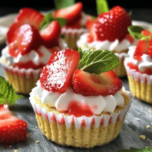 You need 2 cups of fresh strawberries. Make sure they are ripe and sweet. Hull and slice the strawberries before using them. This step helps release their juicy flavor. Add 2 tablespoons of granulated sugar to the strawberries. Toss them gently to coat. Let them sit for about 10 minutes. This lets the sugar work its magic. The strawberries will soften and become even sweeter. For the cream, use 1 cup of heavy whipping cream. This gives the dessert a rich taste. Add 1/2 cup of powdered sugar for sweetness. Include 1 teaspoon of pure vanilla extract for flavor. Whip the cream until soft peaks form. This makes the cream light and fluffy. The whipped cream will blend perfectly with the strawberries. You will need 8-10 mini graham cracker cups. These cups add a crunchy base to the dessert. They are easy to find at most grocery stores. Feel free to use more if you want bigger servings. These cups hold the creamy strawberry mix nicely. You can even fill them generously for an extra treat! To start, take 2 cups of fresh strawberries. First, hull and slice them. Place the sliced strawberries in a medium bowl. Add 2 tablespoons of granulated sugar. Gently toss the strawberries until they are well coated. Let them sit for about 10 minutes. This step helps the strawberries release their sweet juices. The sugar draws out the flavor, making them extra tasty. Next, grab a separate bowl. Pour in 1 cup of heavy whipping cream. Then, add 1/2 cup of powdered sugar and 1 teaspoon of pure vanilla extract. Now, you can use a hand mixer or a stand mixer. Whip the mixture until soft peaks form. This will make the cream light and airy. Soft peaks mean the cream holds its shape but is not too stiff. Now comes the fun part! Carefully fold the macerated strawberries into the whipped cream. Use a spatula to mix gently. You want to keep some larger strawberry pieces for texture. Take your mini graham cracker cups, about 8 to 10. Fill each cup generously with the strawberry and cream mix. Let them overflow for a fun look! For a little extra flair, you can garnish each cup. Add a few extra sliced strawberries on top. A fresh mint leaf adds a nice pop of color. It also gives a refreshing aroma. This step makes your dessert look even more inviting! Serve them right away for the best taste. To whip cream well, start with cold cream. Use a chilled bowl for best results. Pour the heavy whipping cream into the bowl. Add powdered sugar and vanilla extract. Mix with a hand mixer or stand mixer. Beat on medium speed until soft peaks form. You want it fluffy but not too stiff. If you over-whip, it becomes grainy. Aim for a smooth texture that holds its shape. Macerating strawberries is easy and adds great taste. Start by slicing fresh strawberries. Place them in a bowl and sprinkle with granulated sugar. Toss them gently to coat. Let them rest for about 10 minutes. This helps the strawberries release their juices. You’ll get a sweet syrup that makes them extra tasty. The strawberries will become soft and flavorful, perfect for your dessert. When serving your shortcake cups, presentation is key. Use a decorative platter for a nice look. Fill each mini graham cracker cup generously. Don’t hesitate to let them overflow! For a pop of color, add extra sliced strawberries on top. A fresh mint leaf can add a lovely touch as well. Serve immediately for the best taste. If you want a chilled dessert, refrigerate for an hour before serving. Enjoy your delightful creation! {{image_4}} You can swap strawberries for many fruits. Try fresh blueberries, raspberries, or peaches. Each fruit brings its own flavor. Blueberries add a sweet burst, while peaches offer a juicy bite. Mixing fruits can create a fun twist. Mini graham cracker cups are great, but you can try others. Use mini phyllo cups for a flaky texture. Chocolate cups add a rich flavor that pairs well. Even mini cupcakes can work if filled right. Each base gives a unique taste. Adding zest or extracts can boost flavor. A bit of lemon or orange zest brightens your cups. Use almond extract instead of vanilla for a nutty twist. These small changes can make a big difference in taste. Get creative and enjoy the process! After making your strawberry shortcake cups, you can store them in the fridge. Cover each cup with plastic wrap or a lid. This keeps them fresh and tasty. They will last in the fridge for about one hour. For the best taste, serve them right away. To keep your dessert fresh, avoid mixing in the strawberries too early. If you mix them too soon, the juices may make the graham cracker cups soggy. Store the filling and cups separately. When ready to serve, fill the cups with the whipped cream and strawberries. This way, they stay crisp and delicious until you eat them. You can freeze leftover filling but not the graham cracker cups. Place the filling in an airtight container. It can stay in the freezer for up to two weeks. When you want to enjoy it again, thaw it in the fridge. Refill fresh cups before serving. This keeps everything tasty and fun! Yes, you can use frozen strawberries. Just let them thaw first. Drain any extra liquid. This helps keep your dessert from getting soggy. Frozen strawberries may be softer, but they still taste great. These cups last up to one day in the fridge. Cover them well to keep them fresh. After one day, the graham cracker cups may get soggy. So, enjoy them soon for the best taste! You can use coconut cream as a dairy-free option. Just chill a can of coconut milk overnight. Scoop out the thick cream and whip it like regular cream. You can also use whipped topping for a quick fix. Yes, you can find gluten-free graham cracker cups in stores. Check the label to be sure. You can also use crushed gluten-free cookies as a base. This way, everyone can enjoy these tasty cups! This blog post covered fresh ingredients, easy steps, and helpful tips for making strawberry shortcake cups. You learned how to prepare strawberries, whip cream, and assemble delicious treats. Remember, you can try different fruits and cup bases to suit your taste. Store leftovers properly to keep them fresh. Don't hesitate to experiment with flavors and ask questions. Now, enjoy creating these sweet delights! They will surely impress friends and family.